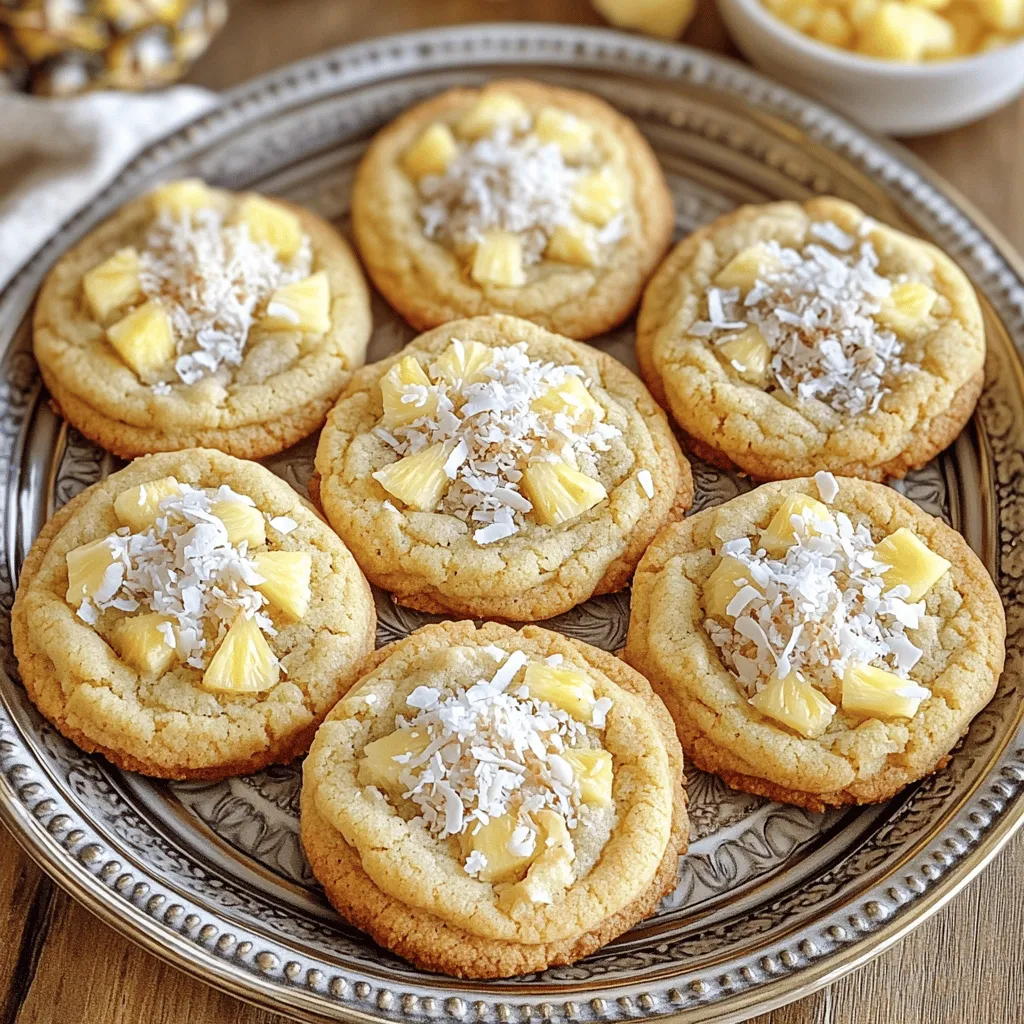 To make coconut pineapple cookies, you need some key ingredients. First, grab 1 cup of all-purpose flour. This gives the cookies structure. You will also need 1/2 teaspoon of baking powder and 1/4 teaspoon of baking soda. These help the cookies rise.