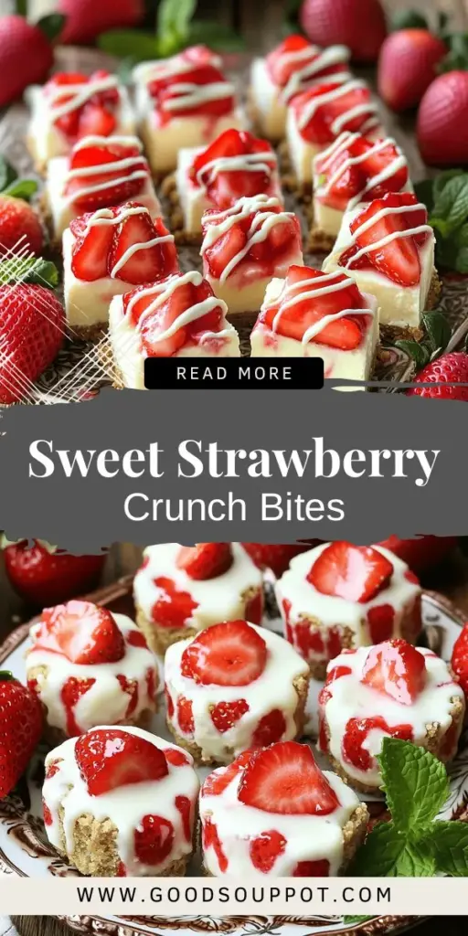 Indulge in a delightful treat with Strawberry Cheesecake Crunch Bites! This easy no-bake dessert combines a crunchy graham cracker crust with creamy cheesecake and fresh strawberries for a burst of flavor in every bite. Perfect for parties, picnics, or just a sweet snack at home, these bites are as fun to make as they are to eat. Click through to discover the full recipe and impress your friends and family with this simple yet scrumptious dessert!