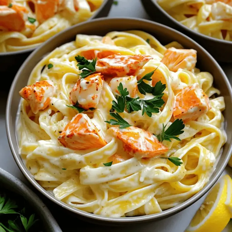 To make a great Cajun lobster alfredo recipe, you need key ingredients. The main items include fettuccine pasta, heavy cream, Parmesan cheese, and Cajun seasoning. You will also need lobster meat, crab meat, and salmon. These seafood choices add flavor and texture to the dish.