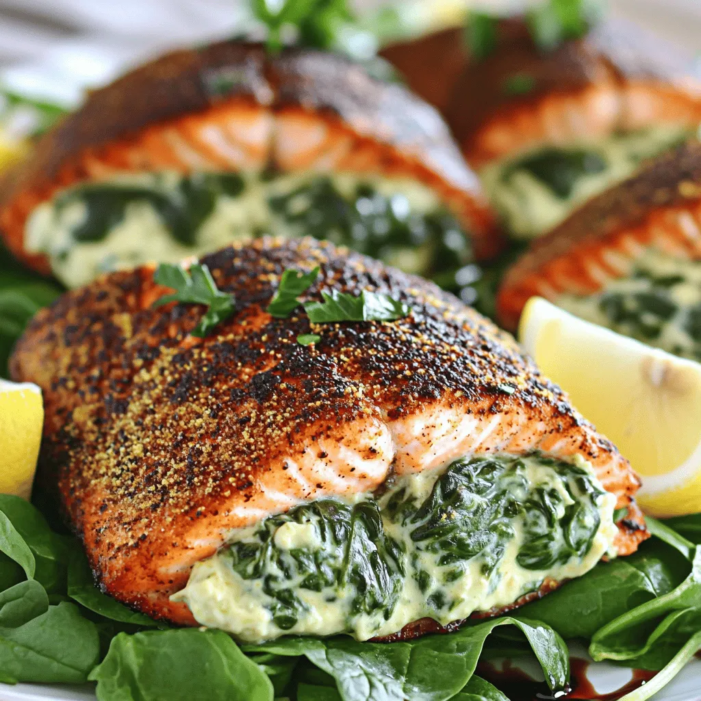 Blackened salmon is a dish that bursts with flavor. To make this dish, you need fresh and simple ingredients. The main stars are salmon fillets, creamy spinach, and Parmesan cheese.