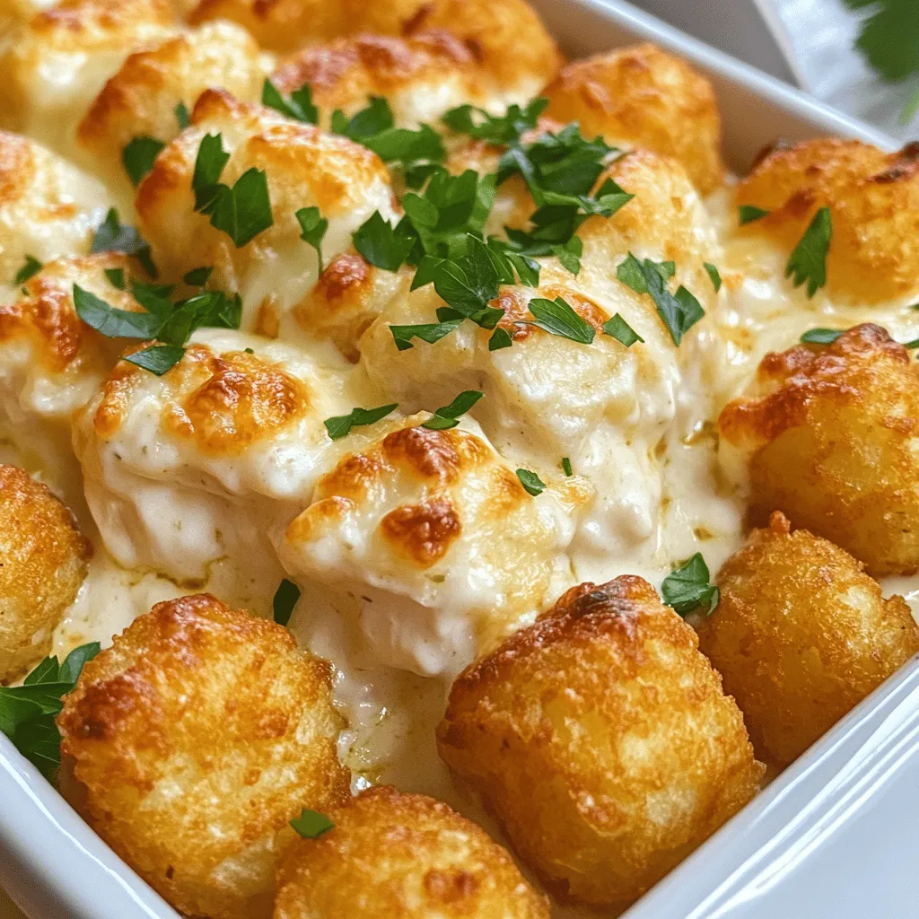 The main ingredients for the savory creamy chicken Alfredo tater tot casserole are simple and tasty. You need one pound of boneless, skinless chicken breasts, diced into small pieces. The chicken gives the dish a good protein base. Next, grab a 32-ounce package of frozen tater tots. They add a crispy texture that pairs well with the creamy sauce.
