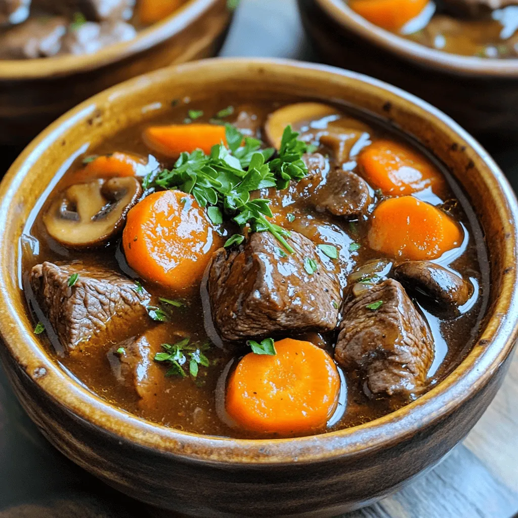 When I think of a comforting beef stew, I picture rich flavors and hearty textures. The key ingredients for beef stew include beef chuck, onions, and garlic. These form the base of this dish. Each ingredient plays a role in creating a deep, savory flavor.