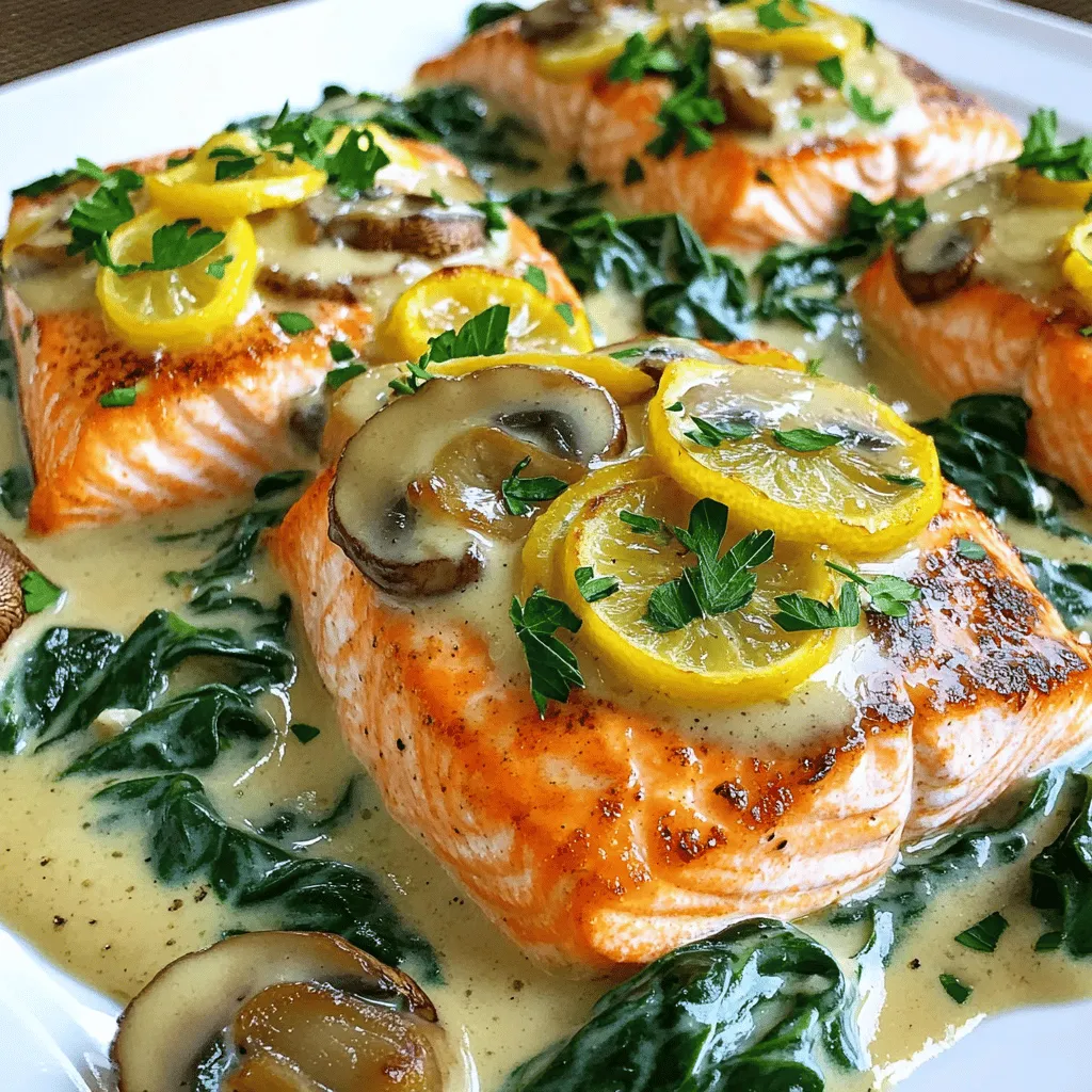 For this dish, you need fresh salmon fillets, olive oil, mushrooms, garlic, heavy cream, spinach, thyme, lemon zest, salt, and pepper. Each ingredient plays a key role in making the flavors shine.
