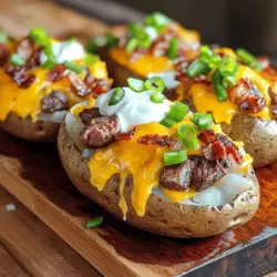 To make a loaded baked potato with steak bites, you need a few key items. Start with four large russet potatoes. Their thick skin holds the fluff inside well. Next, get one pound of sirloin steak. Cut it into bite-sized pieces for easy eating. You will also need two tablespoons of olive oil to cook the steak and potatoes. For flavor, use garlic powder, smoked paprika, salt, and pepper. Don't forget one cup of shredded sharp cheddar cheese for that gooey, cheesy goodness! You’ll also need half a cup of sour cream to add creaminess. Lastly, green onions and crispy bacon bits can give your dish that extra pop. You can find the full recipe at the end.