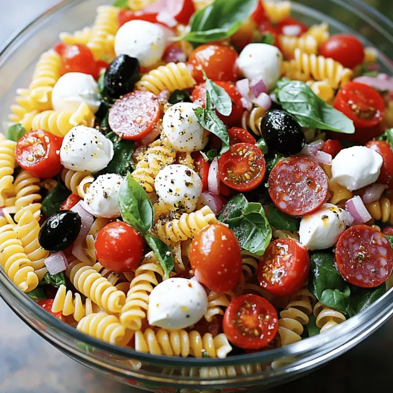 To make the best Italian pasta salad, you need some key ingredients. First, choose pasta. I suggest rotini or fusilli. They hold dressings well and add a fun twist. Next, use fresh veggies. Cherry tomatoes give a sweet burst, while bell peppers add crunch.