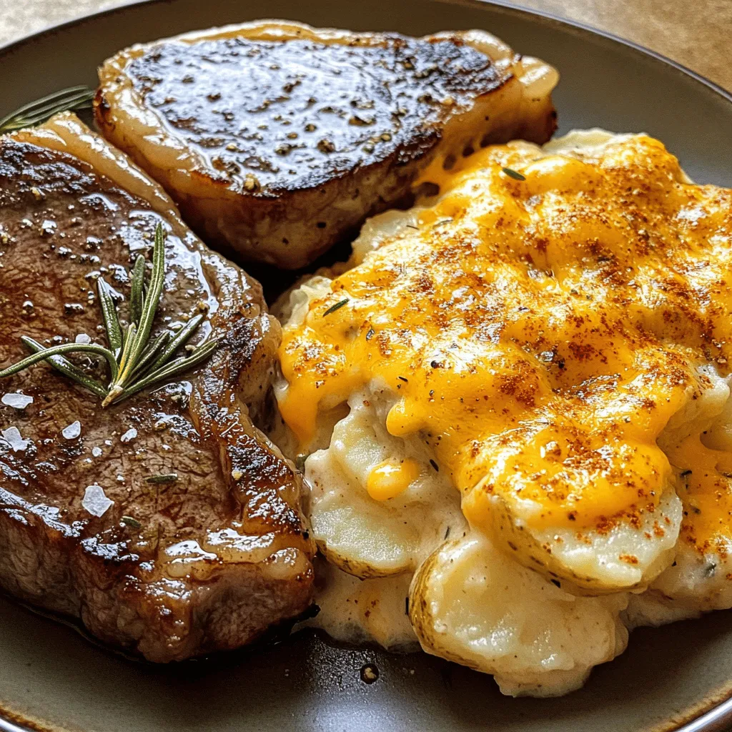 To create a tasty ribeye steak with cheesy scalloped potatoes, you need a few key ingredients. This dish combines rich flavors and textures for a satisfying meal.