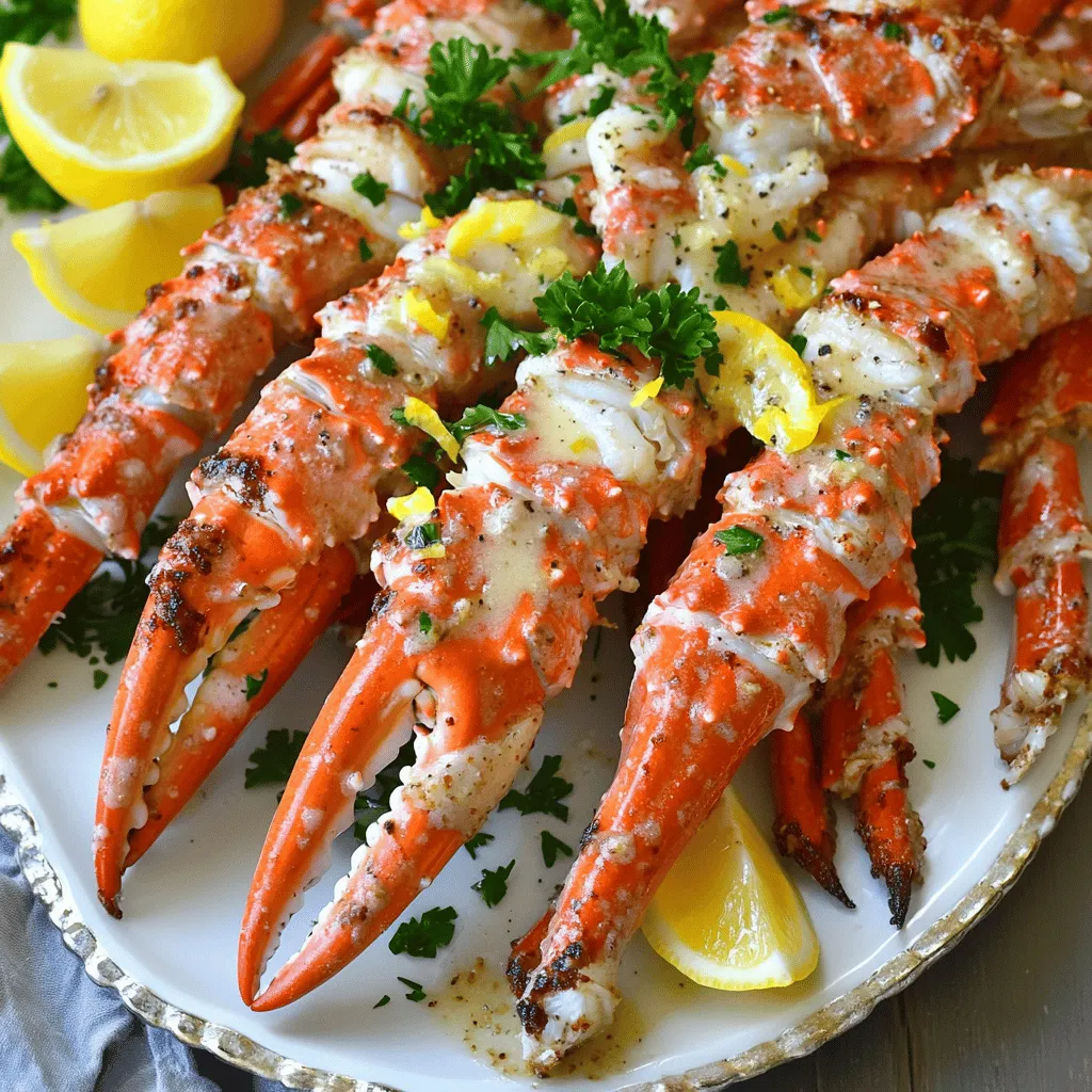 - 2 pounds of king crab legs - 1 cup unsalted butter - 4 cloves garlic, minced - 1 lemon, zested and juiced - 2 tablespoons fresh parsley, chopped - 1 teaspoon Old Bay seasoning - Salt and pepper to taste - Lemon wedges for serving