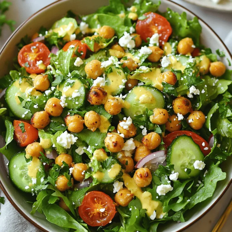 - 1 can (15 oz) chickpeas - Mixed salad greens (4 cups) - Cherry tomatoes (1 cup) - Cucumber (1) - Red onion (½) - Feta cheese (¼ cup, optional) - Tahini (3 tablespoons) - Lemon juice (1 tablespoon) - Honey or maple syrup (1 tablespoon) - Water (1 tablespoon, adjust as needed) - Olive oil (2 tablespoons) - Smoked paprika (1 teaspoon) - Garlic powder (1 teaspoon) - Salt and pepper to taste Gathering fresh, colorful ingredients makes this salad shine. Let's break it down: - The chickpeas are the star here. They add protein and crunch when roasted. - Mixed greens bring a fresh base. I love using arugula or spinach. - Cherry tomatoes add a burst of sweetness. Halving them helps make each bite juicy. - A crisp cucumber gives a refreshing crunch. Dicing it small makes it easy to eat. - Red onion adds a sharp flavor. Slicing it thin lets it blend well in the salad. - Feta cheese is optional but adds a creamy touch. It pairs nicely with the tangy dressing. For the dressing, tahini makes it creamy. Mixing in lemon juice gives a bright taste. Honey or maple syrup adds a hint of sweetness. Adjust the water to get the right consistency. For seasoning, the olive oil helps chickpeas roast perfectly. Smoked paprika and garlic powder add depth. Finish with salt and pepper to taste. Once you have all your ingredients, you're ready to make a delicious crispy chickpea salad. Check out the Full Recipe for all the steps! - Preheat your oven to 400°F (200°C). - In a mixing bowl, toss the chickpeas with olive oil, smoked paprika, garlic powder, salt, and pepper. Ensure every chickpea is coated well. This step brings out great flavor. - Spread the seasoned chickpeas on a baking sheet in a single layer. - Roast them for 25-30 minutes, shaking the pan halfway through. This helps them cook evenly. Look for a golden brown color and a crunchy texture. - In a large bowl, combine mixed greens, cherry tomatoes, diced cucumber, and sliced red onion. If you like, add crumbled feta cheese for creaminess. - In a separate small bowl, whisk together tahini, lemon juice, honey or maple syrup, and water. Adjust the water to get your desired dressing thickness. - Once the chickpeas are crispy and slightly cooled, mix them into the salad. Drizzle the tahini dressing over everything. Toss gently to combine. - Garnish with chopped fresh parsley for an extra burst of color and flavor. Enjoy your delicious crispy chickpea salad! For the complete process, check the Full Recipe. To get crispy chickpeas, start by drying them well. If they are wet, they won’t get crispy. Use a clean kitchen towel to pat them dry. Next, I suggest using a convection oven. This type of oven circulates air, which helps make them even crispier. Roast them at 400°F (200°C) for 25-30 minutes. Shake the pan halfway. This ensures even cooking. For a great salad display, serve in a large bowl. This allows the colors to pop. Use a mix of greens and veggies for a vibrant look. Sprinkle more feta on top for extra flair. Pair this salad with grilled chicken or pita bread. The flavors mix well and make for a filling meal. You can boost the flavor with fresh herbs like basil or cilantro. A sprinkle of chili flakes can add a nice kick. If you want more protein, grilled chicken pairs great with the salad. You can also add more chickpeas or even some beans. Each option makes the dish heartier and more satisfying. {{image_2}} You can mix up your greens for this salad. Try using kale for a hearty bite. Romaine also adds a nice crunch. Both greens are tasty and full of nutrients. You can also add arugula for a peppery kick. For vegetables, feel free to get creative. Bell peppers bring color and sweetness. Grated carrots add crunch and a bit of sweetness. Radishes give a nice, spicy element. You can even include roasted veggies for a warm touch. To make this salad more filling, add protein. Grilled chicken works great here. You could also use shrimp for a seafood twist. If you prefer plant-based options, try adding quinoa or black beans. Both are tasty and packed with protein. Tofu is another great choice; it soaks up flavors well. The tahini dressing is delicious, but you can switch it up. A simple vinaigrette with olive oil and vinegar works well. For a creamy option, try a yogurt-based dressing. Just mix yogurt with lemon juice and herbs. If you have dietary needs, adjust the dressings. For vegan options, stick with tahini or vinaigrette. To keep it gluten-free, check all ingredients before using. Enjoy experimenting with these options to make your salad unique! To keep your crispy chickpea salad fresh, store each part separately. This way, the veggies stay crisp and the chickpeas stay crunchy. Use airtight containers for best results. Glass containers work great for salads. They prevent odors and keep everything fresh. You can keep this salad in the fridge for about three days. After that, it may lose its taste and texture. Look for signs of spoilage like a bad smell or slimy veggies. If you see either, it’s time to toss it out. Reheating this salad is easy, but you want to keep it crispy. The best way is to warm the chickpeas in the oven for a few minutes. If you want to repurpose leftovers, try making wraps or grain bowls. The flavors will still shine in new dishes! For a quick meal, add it to cooked grains like quinoa or rice. To get the best texture, start with dry chickpeas or canned ones. If you use canned chickpeas, drain and rinse them well. After rinsing, spread them on a clean towel. Pat them until they are completely dry. This step helps them become crispy. Toss them with olive oil and spices before roasting. Use a baking sheet lined with parchment paper for easy cleanup. Yes, you can prepare parts of this salad in advance. Roast the chickpeas and store them in an airtight container. They stay crispy for a few days. You can also chop the veggies ahead of time and store them separately. On the serving day, mix everything together. Whisk the tahini dressing just before serving for the best taste. Yes, this salad is gluten-free. Chickpeas, fresh veggies, and tahini do not contain gluten. Always check labels, especially for packaged ingredients. If you add any store-bought dressings, verify they are gluten-free as well. This way, you can enjoy a tasty meal without worry. This crispy chickpea salad combines fresh flavors with simple steps. You start with basic ingredients like chickpeas, greens, and veggies. Roasting the chickpeas adds a delightful crunch. You can customize it with various proteins and dressings. Storing leftovers is easy, keeping flavors fresh for later. This salad is not just tasty; it’s also versatile. Experiment with your favorite ingredients to create your own unique version. Enjoy!