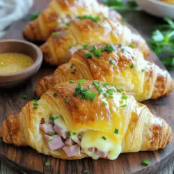 - 6 large buttery croissants - 1 cup cooked ham, diced - 1 cup shredded Gruyère cheese (or Swiss cheese) - ½ cup cream cheese, softened - 2 tablespoons Dijon mustard - 1 tablespoon fresh chives, chopped - 1 tablespoon fresh parsley, chopped - 1 teaspoon garlic powder - Salt and pepper to taste - 1 egg, beaten (for egg wash)