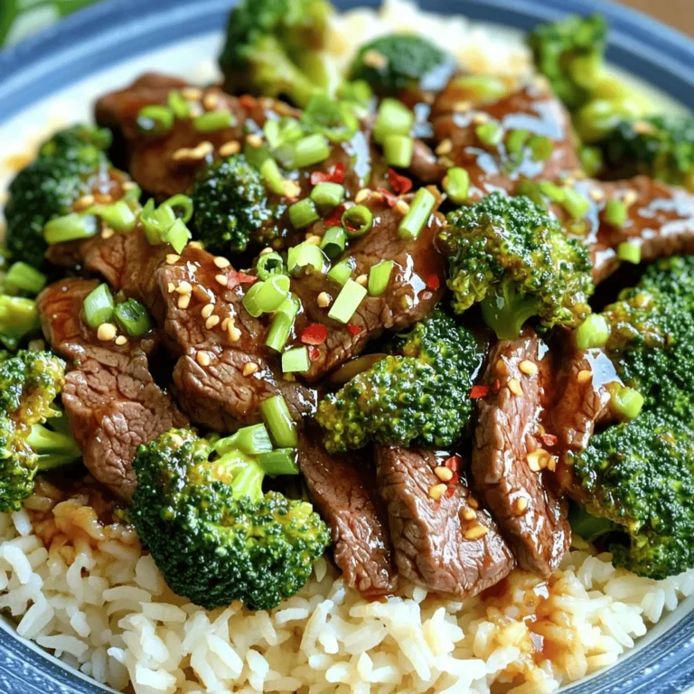 - 1 lb (450g) beef sirloin, thinly sliced against the grain - 2 cups broccoli florets - 1/4 cup soy sauce - 2 tablespoons oyster sauce - 1 tablespoon cornstarch - 2 tablespoons vegetable oil - 3 cloves garlic, minced - 1-inch piece of ginger, minced - 1 tablespoon sesame oil - 1/2 teaspoon red pepper flakes (optional) - 1 tablespoon green onions, chopped (for garnish) - 2 cups cooked jasmine rice (for serving) These ingredients create a flavorful dish. Each plays an important role in the final taste. The beef adds protein and richness, while broccoli brings color and crunch. Soy sauce gives umami depth, and oyster sauce adds sweetness. Cornstarch helps thicken the sauce, making it silky. Garlic and ginger provide aromatic notes. Sesame oil adds a nutty finish, and red pepper flakes can spice things up. Green onions make a fresh garnish, and jasmine rice offers a perfect base. Gathering these ingredients is easy. You can find most in your local store. This recipe makes a great weeknight meal or a special dish for guests. For the full recipe, check the details provided above. Enjoy cooking! To start, grab a bowl and mix the following ingredients: - 1/4 cup soy sauce - 2 tablespoons oyster sauce - 1 tablespoon cornstarch - 3 cloves garlic, minced - 1-inch piece of ginger, minced Once you mix these well, add the thinly sliced beef. Let it sit for at least 15 minutes. This step is key as it helps the beef soak up all those great flavors. Next, we need to prepare the broccoli. Boil salted water in a saucepan. Once it boils, add 2 cups of broccoli florets. Cook the broccoli for just 2 minutes. This keeps it crisp and bright green. After cooking, drain the broccoli and set it aside. Now, let’s cook! Heat 2 tablespoons of vegetable oil in a large skillet over medium-high heat. Once the oil is hot, add the marinated beef in a single layer. Sear the beef for 2-3 minutes, flipping halfway through. You want it to be nicely browned. After browning, reduce the heat to medium. Add the blanched broccoli to the skillet. Drizzle with 1 tablespoon of sesame oil and, if you like a bit of spice, sprinkle in 1/2 teaspoon of red pepper flakes. Toss everything together until heated through. This should take another 2-3 minutes. Now, your easy beef and broccoli dish is almost ready! Serve it over cooked jasmine rice for a complete meal. Want the full details? Check the Full Recipe for more! To make your beef tender, slice against the grain. This helps break down the muscle fibers. Look closely at your meat. The grain is the direction the fibers run. When you cut against it, your beef will be much easier to chew. Marinate your beef for an optimal time. A good rule is at least 15 minutes. The marinade adds flavor and helps tenderize the meat. You can let it sit longer if you want a stronger taste. Blanching is key for cooking broccoli. This means you boil it quickly, then cool it down fast. Boil salted water and cook the florets for just 2 minutes. This softens them without losing their bright color. After boiling, drain and set aside right away. Keeping broccoli vibrant green is important. The quick cooking method keeps nutrients and looks fresh. If it turns dull, it can make your dish less appealing. Jasmine rice pairs best with beef and broccoli. Its fluffy texture soaks up the sauce well. You can also use brown rice for a healthier option. Consider alternative side dishes too. Steamed rice noodles or quinoa work well. For a lighter meal, serve with a side salad. Each option adds a new twist to this classic dish. For the complete process, check out the Full Recipe. {{image_2}} You can change the protein in this dish to chicken or tofu. Both options work well. Using chicken gives you a lighter taste. Tofu adds a nice texture and is great for vegans. Choose your favorite! You can also add different vegetables for more flavor. Bell peppers, snap peas, or carrots all taste great. They add color and crunch. Mix and match to suit your tastes! Want to spice things up? Add more spices or sauces. A dash of chili paste can add heat. You can also try hoisin sauce for a sweet twist. Taste as you go to find what you like best. Feel free to tweak flavors. If you love garlic, add more. If you prefer less salt, use less soy sauce. Cooking is all about what makes you happy! If you need a gluten-free dish, use tamari instead of soy sauce. Tamari offers a similar taste without gluten. This swap keeps your dish safe for those with gluten issues. For a low-carb version, swap rice for cauliflower rice. It’s a great way to keep the meal light. You can still enjoy all the flavors without the carbs. Enjoy your Easy Beef and Broccoli with these tasty tips! For the full recipe, check the link provided. To keep your Easy Beef and Broccoli fresh, store leftovers in the fridge. Place them in an airtight container. This helps prevent moisture loss and keeps flavors intact. Use shallow containers for even cooling. Leftovers can last up to three days in the fridge, but they taste best when eaten fresh. When reheating, you want to keep the beef tender and the broccoli crisp. The best way is to use a skillet. Heat it over medium heat and add a small splash of water or broth. This moisture helps steam the dish. Stir often for about five minutes, or until heated through. Microwaving is another option. Use a microwave-safe dish and cover it. Heat for 1-2 minutes, checking halfway for even warming. Freezing is a great way to save your Easy Beef and Broccoli for later. Make sure to cool it completely first. Then, place it in a freezer-safe container. Remove as much air as you can. This helps prevent freezer burn. It can stay good for up to three months. When ready to eat, thaw it in the fridge overnight. Reheat gently on the stovetop for the best texture. If you need a soy sauce substitute, you have options. You can use tamari, which is gluten-free. Coconut aminos works well too, offering a sweet flavor. For a homemade version, mix beef broth with a bit of vinegar and a pinch of salt. This gives a similar taste without soy. Yes, you can make Easy Beef and Broccoli ahead of time. Prepare the beef and broccoli early. Store them separately in the fridge. This keeps the beef tender and the broccoli crisp. When you're ready to eat, just heat them up in a skillet. You can enjoy it with fresh rice! To spice things up, add more red pepper flakes. You can also use Sriracha or chili paste for heat. A dash of hot sauce can elevate the flavor. Adjust to your taste for the perfect kick! This recipe for Easy Beef and Broccoli shows simple steps to a great dish. You learned about key ingredients, cooking methods, and helpful tips. Also, I shared ways to adjust flavors or cater to dietary needs. Remember, you can try different proteins and vegetables to make this recipe your own. Whether you serve it fresh or save leftovers, you have great options. Enjoy your cooking adventure and make this dish for your next meal!
