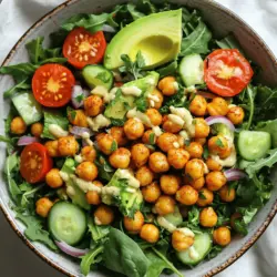 To make this tasty salad, you need a few key ingredients. Here’s what to gather: - 1 can (15 oz) chickpeas, drained and rinsed - 2 tablespoons olive oil - 1 teaspoon paprika - 1 teaspoon cumin - 1/2 teaspoon garlic powder - Salt and pepper to taste - 4 cups mixed greens (spinach, arugula, and kale) - 1 cup cherry tomatoes, halved - 1 cucumber, diced - 1/4 red onion, thinly sliced - 1 avocado, sliced - Juice of 1 lime - 2 tablespoons tahini - Fresh parsley for garnish These ingredients come together to create a fresh and satisfying dish. The chickpeas provide protein and crunch, while the greens add a nice base. The tomatoes and cucumber give it color and juiciness. You can change this salad to fit your taste. Here are some fun ideas: - Spice it up: Add a pinch of cayenne for some heat. - Add cheese: Feta or goat cheese brings a creamy touch. - Switch the greens: Try romaine or butter lettuce for a different texture. - Use different beans: Black beans or kidney beans work great too. These variations allow you to explore different flavors. You can mix and match until you find your favorite! Garnishing can elevate your salad’s look and taste. Here are some ideas: - Chopped nuts: Almonds or walnuts add crunch. - Seeds: Sprinkle sesame or sunflower seeds for extra flavor. - Fresh herbs: Cilantro or mint can enhance the taste. Garnishes make the salad visually appealing and add layers of flavor. Don’t skip this step for a beautiful dish! For the full recipe, check out the details provided above. Start by preheating your oven to 400°F (200°C). Line a baking sheet with parchment paper. This helps to prevent sticking. Next, take one can of chickpeas and drain them well. Rinse them under cold water to remove excess salt. In a bowl, add the chickpeas along with olive oil, paprika, cumin, garlic powder, salt, and pepper. Toss everything together until the chickpeas are coated. Spread the chickpeas in a single layer on the baking sheet. Bake them for 25-30 minutes, shaking the pan halfway through. You want them crispy and golden. While the chickpeas bake, it’s time to build the salad. In a large serving bowl, combine mixed greens, cherry tomatoes, diced cucumber, and thinly sliced red onion. You can use spinach, arugula, and kale for mixed greens. Make sure to mix them well. This salad base adds freshness and crunch. Each bite will feel vibrant and lively. For the dressing, grab a small bowl. Whisk together the lime juice, tahini, and a pinch of salt and pepper. Keep mixing until it becomes smooth. If the dressing is too thick, add a teaspoon of water. This helps to reach your desired consistency. Drizzle the dressing over the salad right before serving. It adds a creamy, zesty flavor that ties everything together. Once the chickpeas are ready, let them cool for a few minutes before adding them to the salad. Toss gently to combine. Top with sliced avocado and fresh parsley for a beautiful finish. Enjoy your crispy chickpea salad! For the complete recipe, refer to the Full Recipe section. To make your chickpeas crispy, start by drying them well. After rinsing, use a clean towel to pat them dry. This step is key. Next, toss them with olive oil and spices. Make sure every chickpea is coated. Spread them out in a single layer on your baking sheet. If they are too close, they will steam instead of crisp. Bake them at 400°F for 25-30 minutes. Shake the pan halfway through to ensure even cooking. Let them cool slightly before adding to your salad. This will keep them crunchy longer. If you have any chickpeas left, store them in an airtight container. Place them in the fridge for up to three days. To keep them crispy, avoid adding them to the salad until serving. If they lose their crunch, you can reheat them in the oven. Set the oven to 400°F and bake for about 10 minutes. This will restore their crispy texture. If you want to switch up the flavor, try different dressings. A simple balsamic vinaigrette works well. Just mix olive oil, balsamic vinegar, salt, and pepper. You can also use yogurt-based dressings for a creamy touch. Add herbs like dill or cilantro for extra flavor. For a spicy kick, try a sriracha or chili sauce blend. Each option brings a new taste to your Crispy Chickpea Salad. This allows you to enjoy it in different ways throughout the week. For the full recipe, check out the complete list of ingredients and steps. {{image_2}} You can boost the protein in your crispy chickpea salad in many ways. Grilled chicken, shrimp, or tofu make great choices. If you want to keep it plant-based, try adding quinoa or lentils. Just cook them separately, then mix them into your salad. Each option adds a new layer of taste and texture. This keeps your meal filling and satisfying. Seasonal veggies make your salad fresh and bright. In spring, add asparagus or radishes for a crunch. In summer, toss in bell peppers or zucchini for color. Fall brings sweet potatoes or roasted beets, and winter, think about hearty greens like Brussels sprouts. You can also use whatever you have on hand. This way, your salad stays exciting and unique every time you make it. Herbs and spices can change the whole flavor of your salad. For a Mediterranean twist, add fresh basil or oregano. If you want a spicy kick, try chili flakes or jalapeños. A sprinkle of fresh cilantro or dill gives a refreshing taste as well. Experiment with different flavors until you find your perfect mix. Remember, it’s all about your personal taste! For the full recipe, check out the [Full Recipe]. To keep your crispy chickpea salad fresh, store the salad and chickpeas separately. Use airtight containers. This method prevents the chickpeas from getting soggy. Place the salad base in one container. Store your crispy chickpeas in another. If you have leftover dressing, keep it in a small jar. This way, you can enjoy the salad later without losing its crunch. Crispy chickpeas can last up to four days when stored correctly. After baking, let them cool completely before storing. If you leave them out, they will lose their crispiness. If you see any signs of moisture or sogginess, it’s best to discard them. Freshness is key for the best taste. To regain the crispy texture when reheating, use an oven or air fryer. Preheat your oven to 375°F (190°C). Spread the chickpeas on a baking sheet, and heat for about 5-10 minutes. This method helps them crisp up again. Avoid using a microwave, as it makes them chewy. Enjoy your crispy chickpeas just like they were fresh out of the oven! Yes, you can make this salad ahead of time. You can roast the chickpeas and store them in an airtight container. They will stay crispy for a few hours. However, I suggest adding the dressing and avocado just before serving. This keeps the salad fresh and crunchy. If you need a substitute for tahini, try using peanut butter or sunflower seed butter. Both options add creaminess and flavor. You can also use Greek yogurt for a tangy twist. Just mix it with lime juice and a pinch of salt. Absolutely! This salad is great for meal prep. Make the crispy chickpeas and the salad base separately. Store both in containers in the fridge. When you're ready to eat, just combine them and add the dressing. This keeps everything fresh and tasty! You can find the Full Recipe above for all the details. This blog post covered how to make a Crispy Chickpea Salad. We explored essential ingredients, tasty variations, and garnishes that enhance your dish. I shared step-by-step instructions for preparing crispy chickpeas and assembling the salad. You learned tips for perfect crispiness and storing leftovers. In conclusion, this salad is versatile, healthy, and fun to make. Customize it to fit your taste. Enjoy experimenting with different ingredients to create your perfect salad!