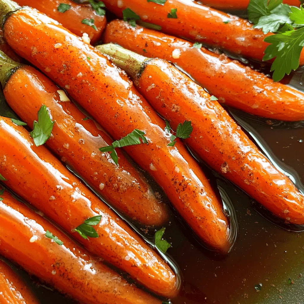 To make maple glazed carrots, you will need the following: - 1 pound baby carrots (or 4 cups sliced carrots) - 3 tablespoons pure maple syrup - 2 tablespoons unsalted butter - 1 teaspoon cinnamon - 1/2 teaspoon salt - 1/4 teaspoon black pepper - 1 tablespoon fresh lemon juice - 2 tablespoons chopped fresh parsley (for garnish) These ingredients work together to create a sweet and savory dish. The baby carrots give a nice crunch. The maple syrup adds sweetness, while the butter makes everything rich. Cinnamon gives warmth, and lemon juice adds brightness. You can use fresh parsley to finish the dish. It not only looks nice but also adds a bit of freshness. Using fresh, high-quality ingredients makes a big difference in flavor. If you want to go a step further, consider sourcing your carrots from local farms. This choice supports farmers and gives you the best taste. For the full recipe, follow the steps to create this delightful side dish. Enjoy the process and the delicious results! - Rinse baby carrots or peel and slice larger carrots. - Make sure they are about the same size for even cooking. - Boil water in a medium saucepan and add the carrots. - Steam them for 5-7 minutes. Check for tenderness but keep them crisp. - In a small bowl, whisk together maple syrup, butter, cinnamon, salt, and black pepper. - Mix until you have a smooth sauce. - Drain any extra water from the carrots. - Pour the glaze over the warm carrots and toss them gently. - Set the heat to medium-low. Cook for 2-3 minutes while tossing. - Let the glaze thicken and coat the carrots evenly. - Stir in fresh lemon juice for a bright flavor. - Move the glazed carrots to a serving dish and garnish with parsley. For the full recipe, please refer to the above sections. - Opt for fresh, vibrant baby carrots. - Choose organic or locally sourced carrots if you can. Fresh carrots bring great flavor and texture to your dish. Baby carrots are sweet and tender. They cook quickly and work well with the glaze. If you use larger carrots, slice them evenly. This helps them cook at the same rate. - Try nutmeg or ginger for a spice swap. - Use fresh herbs like thyme or dill for more flavor. Spices can change the taste of your dish. Nutmeg adds warmth, while ginger brings a hint of zest. You can also sprinkle in fresh herbs. They add color and freshness, enhancing the carrots' natural sweetness. - Steaming keeps the carrots crisp and bright. - Aim for a glaze that coats the carrots smoothly. Steaming is best for this recipe. It makes the carrots tender without losing their crunch. For the glaze, whisk the ingredients well. This ensures a smooth mix that coats the carrots evenly. You want a shiny finish that looks as good as it tastes. For the full recipe, you can refer to the complete list of ingredients and instructions. {{image_2}} Add a kick by using cayenne pepper or chili flakes. This heat contrasts well with the sweet maple syrup. Start with a pinch and adjust to your taste. You can make them spicy or just a little warm. It’s a fun twist that gives a bold flavor. For extra crunch, add roasted pecans or walnuts. These nuts bring texture and richness to the dish. Chop them roughly and sprinkle them on top before serving. The nuts pair nicely with the sweet glaze and soft carrots. This variation adds a unique twist that you will love. For a fresh taste, try adding thyme or rosemary. These herbs add an aromatic touch that enhances the dish. Simply chop the herbs and mix them in with the glaze. You can use fresh or dried herbs, depending on what you have. This herb twist makes the carrots feel gourmet. Explore these variations to find your favorite way to enjoy maple glazed carrots! For the complete recipe, check the Full Recipe section. To keep your maple glazed carrots fresh, use airtight containers. Glass or plastic containers work great. Make sure the carrots cool down before sealing them. Store them in the fridge for up to four days. When it’s time to enjoy leftovers, the best way to reheat them is on the stove. Heat a non-stick pan over medium heat. Add the glazed carrots and a splash of water. Stir them gently until warm. This keeps them soft and tasty. Avoid the microwave if you can; it can make them mushy. You can freeze maple glazed carrots for later use. First, let them cool completely. Then, place them in freezer-safe bags. Remove as much air as possible before sealing. They can last up to three months in the freezer. When you're ready to eat them, thaw them in the fridge overnight. Reheat in a pan with a bit of water for the best taste. Maple glazed carrots last about 3 to 5 days in the fridge. To keep them fresh, store them in an airtight container. The glaze keeps the carrots moist, enhancing their flavor during storage. Yes, you can prepare maple glazed carrots ahead of time. Cook them fully and cool them down before storing. When you’re ready to serve, just reheat them on the stove. This saves time on busy days. Maple glazed carrots are rich in vitamins and fiber. Carrots provide vitamin A, which is great for your eyes. Maple syrup contains antioxidants, which help fight free radicals in the body. This dish makes for a healthy and tasty side. You can use other syrups, but the flavor will change. Honey or agave syrup can work well. Each syrup has its own taste, adding a unique twist to your dish. Experiment to find what you like best. Maple glazed carrots pair nicely with roasted chicken or pork. They also complement grilled salmon wonderfully. The sweet and savory flavors balance each other, creating a delightful meal. For more ideas, check out the Full Recipe. In this blog post, we explored how to make delicious maple glazed carrots. You learned about the ingredients, step-by-step instructions, and helpful tips. We also covered tasty variations and storage info to meet your needs. Enjoying this simple dish adds flavor and nutrition to your meals. Try different spices or nuts for fun twists. Your cooking will shine with these tips, making every bite delightful.