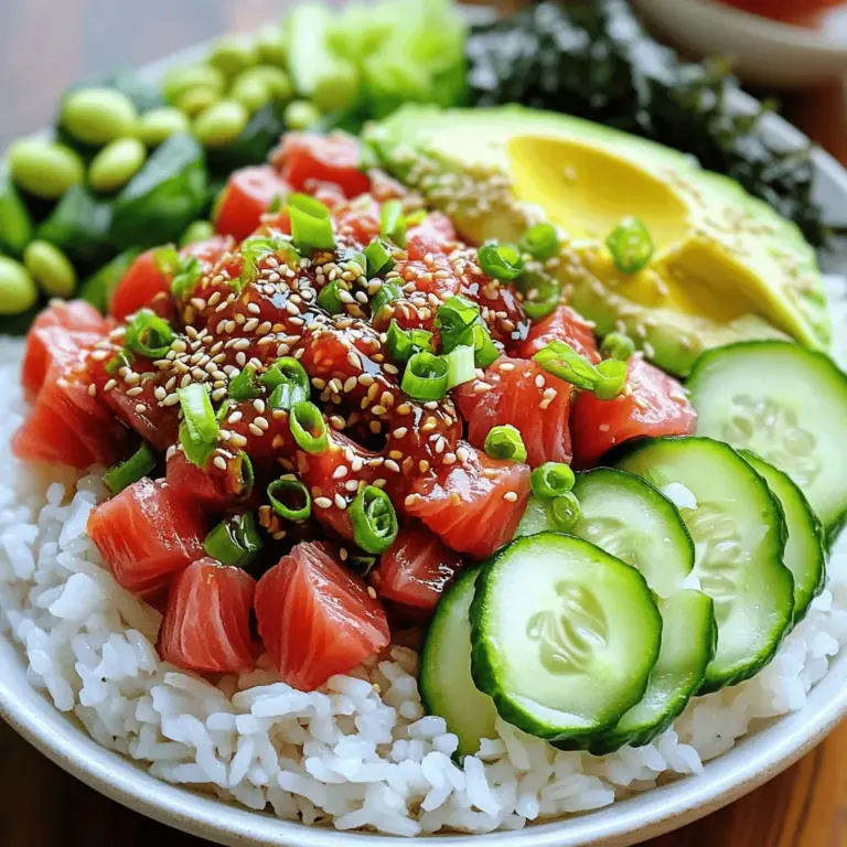 To make a great spicy tuna poke bowl, you need fresh and quality ingredients. Here’s what you will need: - 2 cups sushi rice - 2 1/2 cups water - 1 lb sushi-grade tuna, diced - 2 tablespoons soy sauce - 1 tablespoon sesame oil - 1 tablespoon sriracha (adjust to taste) - 1 avocado, sliced - 1 small cucumber, thinly sliced - 1/2 cup edamame, shelled - 2 green onions, chopped - 1 tablespoon sesame seeds - Seaweed salad (for garnish) - Pickled ginger (for garnish) - Nori sheets (for serving) These ingredients create a delicious and colorful bowl that is fun to eat. The sushi rice serves as a perfect base, while the tuna adds richness. Seasonings bring everything together in your poke bowl. Here are the key ones: - 1/4 cup rice vinegar - 2 tablespoons sugar - 1 teaspoon salt - Sesame seeds The rice vinegar adds a nice tang. The sugar helps balance the flavors. Salt enhances everything, making each bite tasty. These seasonings are simple but crucial for your poke bowl. Now that you have your ingredients ready, you are on your way to making a fantastic spicy tuna poke bowl. Check out the Full Recipe for detailed instructions on how to put everything together! Rinse and cook the rice Start by rinsing the sushi rice. Place it in a strainer and run cold water over it. Rinse until the water runs clear. This step removes extra starch. In a medium pot, combine 2 cups of rinsed rice with 2 1/2 cups of water. Bring it to a boil. Once boiling, cover the pot and lower the heat. Simmer for about 20 minutes. The water should be fully absorbed. Remove the pot from heat and let it sit for 10 minutes. Seasoning process In a small bowl, mix 1/4 cup of rice vinegar, 2 tablespoons of sugar, and 1 teaspoon of salt. Microwave this mixture for 10-15 seconds. Stir until the sugar dissolves. Now gently fold this mixture into the cooked rice. Use a spatula to avoid mashing the grains. Let the rice cool slightly before moving on. Combining ingredients for the marinade In a separate bowl, take 1 pound of diced sushi-grade tuna. Add 2 tablespoons of soy sauce, 1 tablespoon of sesame oil, and 1 tablespoon of sriracha. Mix everything well. The tuna should be nicely coated with the marinade. Marinating timeframes Let the tuna sit for about 10-15 minutes. This allows the flavors to blend perfectly. Avoid marinating too long, as it can alter the texture of the fish. Structuring the bowl Grab your serving bowls and start with a base of sushi rice. Use about a cup of rice per bowl. Next, add the marinated tuna on top. Follow this with sliced avocado, cucumber, and shelled edamame. Garnishing tips To finish, sprinkle sesame seeds over each bowl. Add chopped green onions, a small portion of seaweed salad, and pickled ginger on the side. For added crunch, serve with torn nori sheets. For the complete dish, check the Full Recipe. Enjoy your tasty creation! When making a spicy tuna poke bowl, start with the right tuna. Use sushi-grade tuna for the best quality. This tuna is fresh and safe to eat raw. Regular tuna is not the same and may not taste as good. To tell if the tuna is fresh, check for these signs: - Bright color, usually deep red or pink - No strong fishy smell - Firm texture You can change the spice level to fit your taste. Start with one tablespoon of sriracha. If you want more heat, add more sriracha bit by bit. You can also use other spicy sauces, like chili garlic sauce or gochujang. These can add a unique flavor to your poke bowl. Pair your poke bowl with fun sides. Try seaweed salad or pickled vegetables. These add crunch and flavor to your meal. For presentation, use a nice bowl to show off your food. Layer the ingredients neatly. It makes your poke bowl look even tastier. For the full recipe, check out the complete guide to making your spicy tuna poke bowl. {{image_2}} You can swap tuna for other proteins. Salmon is great in a poke bowl. It has a rich taste that many love. For a plant-based option, try tofu. Just cube it and marinate it like the tuna. It absorbs flavors well. You can also use chickpeas for a vegan twist. They add protein and a nice texture. Sushi rice is classic, but you can change it up! Quinoa makes a healthy base. It has a nice crunch and is gluten-free. Mixed greens also work well if you want something lighter. You can use brown rice or jasmine rice for different flavors. Each adds its own touch to the dish. Want to get creative? Add fruit like mango or pineapple. They bring sweetness that pairs well with spicy flavors. You can also mix in more veggies, like carrots or radishes. For sauces, try a spicy mayo or a tangy ponzu. These add depth and make your poke bowl unique. When you make a spicy tuna poke bowl, store the ingredients in separate containers. This keeps everything fresh. If you mix them, the rice can get soggy. Here are some tips: - Sushi rice: Store in an airtight container. It lasts about 2 days. - Marinated tuna: Keep in the fridge for up to 1 day. - Toppings: Store avocado and cucumber separately. They are best used within 1 day. Reheating sushi rice can be tricky. You want it warm, not dry. Here’s how to do it right: 1. Microwave: Place rice in a bowl. Add a splash of water. Cover it with a damp paper towel. Heat for 30 seconds. Stir and check. If it needs more time, heat in 15-second bursts. 2. Stovetop: Put rice in a pot with a little water. Heat over low until warm. Stir gently. To keep your poke bowl from getting soggy, avoid reheating the toppings. Serve them fresh for the best taste. The poke bowl comes from Hawaii. It reflects the blend of cultures found there. Poke means "to slice" or "to cut" in Hawaiian. Traditionally, it used fresh fish, sea salt, and seaweed. Over time, people added other ingredients like rice and veggies. Now, poke bowls are popular worldwide. They show the beauty of fresh, simple ingredients. Yes, you can prepare some parts ahead of time. Cook the sushi rice and let it cool. You can store it in the fridge for up to three days. Marinate the tuna no more than a few hours before serving. Cut the veggies just before you assemble your bowl. This keeps everything fresh and crunchy. Eating raw tuna can be safe if you follow some guidelines. Always choose sushi-grade tuna from a trusted source. Look for clear eyes, bright red flesh, and a fresh smell. Avoid fish that seems dull or has an off odor. Store raw tuna in the fridge and use it within two days. This ensures the best taste and safety. Making a spicy tuna poke bowl is simple and fun. You learned about key ingredients, like sushi rice and fresh tuna, and how to marinade properly. I shared tips for choosing the right fish and adjusting spice levels. You can also switch proteins or bases to suit your taste. Remember to store leftovers correctly for the best flavor. Enjoy creating your poke bowl masterpiece!
