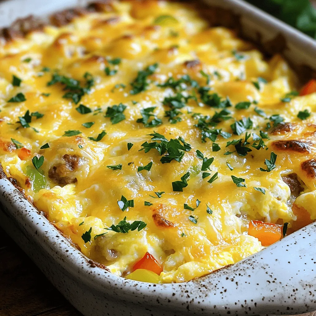 - 1 pound breakfast sausage, casing removed - 8 large eggs - 1 cup milk - 2 cups shredded cheddar cheese - 1 cup diced bell peppers (mixed colors) - 1 cup diced onion - 1 teaspoon garlic powder - 1 teaspoon smoked paprika - Salt and black pepper to taste - 4 cups cubed day-old bread (preferably a hearty type like sourdough or French) - Fresh parsley, chopped (for garnish)