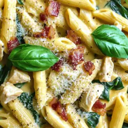 - 8 oz (225g) penne pasta - 2 chicken breasts, diced - 4 slices of bacon, chopped - 1 cup heavy cream - 1 cup chicken broth - 1 cup fresh spinach - 1/2 cup grated Parmesan cheese