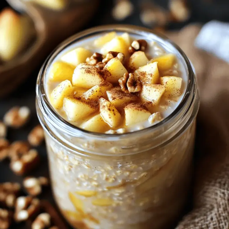 When making apple cinnamon overnight oats, you need fresh and simple ingredients. Here are the main ingredients for a tasty and healthy breakfast. - 1 cup rolled oats - 1 cup unsweetened almond milk - 1 medium apple (Fuji or Honeycrisp preferred) - 1 tablespoon chia seeds - 1 teaspoon ground cinnamon These ingredients create a creamy and flavorful base. The oats soak up the almond milk and cinnamon, giving you a hearty meal. The apple adds sweetness and crunch, making each bite delightful. - 1 tablespoon honey or maple syrup - 1/2 teaspoon vanilla extract - Pinch of salt Adding honey or maple syrup gives your oats extra sweetness. Vanilla extract enhances the flavor, while a pinch of salt balances everything out. These ingredients are not necessary but can elevate your dish. - Chopped nuts (walnuts or pecans) - Additional diced apples - Sprinkle of cinnamon Toppings add texture and extra flavor. Chopped nuts provide a nice crunch, while more diced apples keep it fresh. A sprinkle of cinnamon on top enhances the taste and aroma. For the full recipe, check out Apple Cinnamon Delight Oats. With these ingredients, your breakfast will be both tasty and wholesome. Start by gathering your ingredients. In a medium bowl or mason jar, combine the rolled oats, chia seeds, and a pinch of salt. This mix forms the base of your overnight oats. Next, prepare the wet mixture. In a separate bowl, mix together 1 cup of almond milk, 1 tablespoon of honey (if you want extra sweetness), 1/2 teaspoon of vanilla extract, and 1 teaspoon of ground cinnamon. Whisk until everything blends well. This step adds great flavor to your oats. Now, pour the wet mixture over the dry ingredients. Use a spoon to stir them together until they are well combined. Then, fold in the diced apple. Make sure the apple pieces are evenly spread throughout the mix. This adds a nice crunch and sweetness to each bite. Cover the bowl or seal your mason jar tightly. This helps to keep the mixture fresh. Refrigerate the oats overnight or for at least 4-5 hours. This soaking time is key. It allows the oats to absorb the liquid and soften, making them creamy and delicious. For the full recipe, check out the details above. Enjoy your tasty Apple Cinnamon Overnight Oats! To make your apple cinnamon overnight oats taste great, use fresh ingredients. Fresh apples, oats, and spices enhance the flavor. You can adjust the sweetness to your taste. Add honey or maple syrup, if you prefer a sweeter dish. Just a little goes a long way. Sometimes, the oats can be too thick. If that happens, simply add some almond milk. A splash will help loosen it up. Stir the mixture well before serving. This ensures each bite has the right texture and flavor. Make your breakfast easier by prepping multiple servings. You can prepare enough for the whole week. Store the oats in portion-sized jars. This makes it simple to grab and go in the morning. Plus, it keeps them fresh and tasty. For the full recipe, check out the Apple Cinnamon Delight Oats. {{image_2}} You can easily change the taste of your apple cinnamon overnight oats. Here are some fun ideas: - Add nuts or seeds for extra crunch: Chopped walnuts, pecans, or pumpkin seeds add a nice bite. - Incorporate dried fruits like raisins or cranberries: These sweet additions make every spoonful exciting. You can adapt this recipe to fit your diet. Here’s how: - Use different types of milk: Cow's milk, oat milk, or coconut milk work well. Choose what you like best. - Substitute honey with agave syrup for a vegan option: This keeps your oats sweet without any animal products. Get creative with seasonal flavors. Here are two ideas to try: - Try adding pumpkin spice in the fall: This gives a warm, cozy taste that’s perfect for chilly days. - Swap apples for berries in the summer: Fresh strawberries or blueberries brighten up your breakfast. These variations make your apple cinnamon overnight oats fun and unique. You can always switch things up to match your mood or the season! For the complete recipe, check out the [Full Recipe]. Store your apple cinnamon overnight oats in the fridge. They taste best when eaten within 3-5 days. Use mason jars or airtight containers to keep them fresh. This way, you can grab a jar quickly in the morning. Yes, you can freeze these oats! They stay good for up to 3 months. When you're ready to enjoy them, just thaw in the refrigerator overnight. This method keeps the flavors intact and makes for a quick breakfast. If you chill or freeze your oats, stir them well before eating. You may want to add a splash of milk to loosen them up. This makes the texture creamy and enjoyable again. Instant oats are not recommended as they don’t absorb liquid the same way. They can turn mushy, which affects the texture. Rolled oats hold their form better, giving you a nice bite in every spoonful. Stick with rolled oats for the best results. You can easily make this recipe vegan-friendly. Just use plant-based milk like almond, soy, or oat milk. Substitute honey with maple syrup for sweetness. This way, you can enjoy the same great flavor while keeping it cruelty-free. Yes, you can prepare these oats the night before and store them in the refrigerator. This makes breakfast super easy and quick. Just grab your oats in the morning, and they’re ready to eat. They taste even better after soaking overnight. If you want to switch things up, bananas, berries, or peaches work great as alternatives. Each fruit adds its unique flavor and sweetness, making your oats fun and different. Feel free to mix and match based on what you have at home. This article covered how to make delicious overnight oats. You learned about the main and optional ingredients, plus tips for perfect texture. I shared variations to keep your meals exciting, as well as storage tips to keep them fresh. Overnight oats are simple and flexible. You can try many flavors and create your own perfect blend. Enjoy your oats!