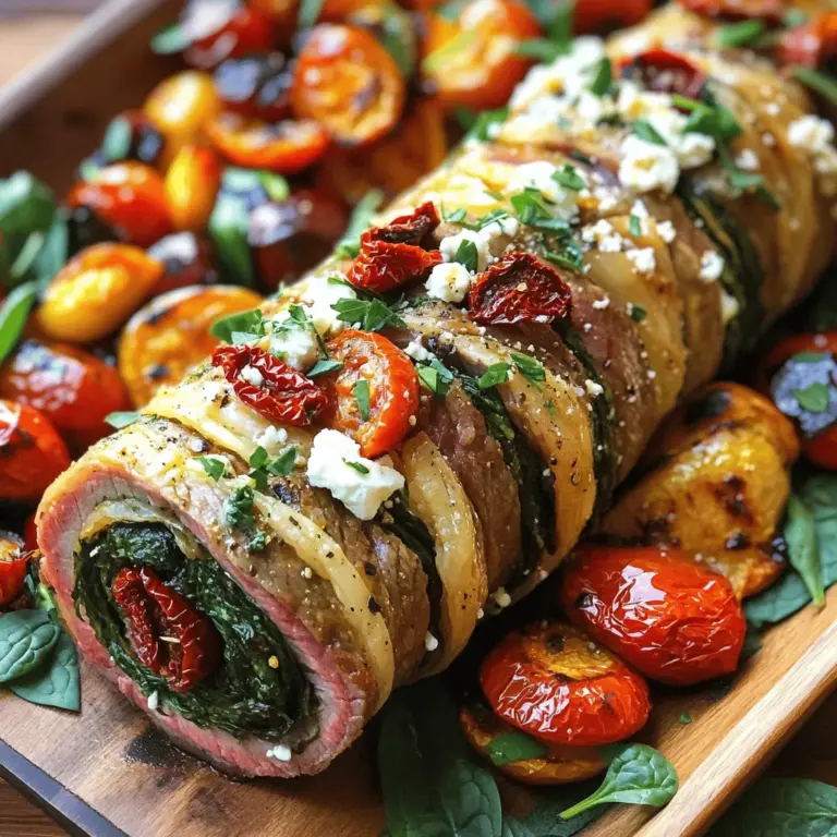 To make a great flank steak roulade, you need a few key ingredients. First, choose a good flank steak, about one pound. You will also need some fresh spinach, roasted red peppers, feta cheese, sun-dried tomatoes, garlic, and seasonings like oregano and paprika. These ingredients come together to create a tasty filling.