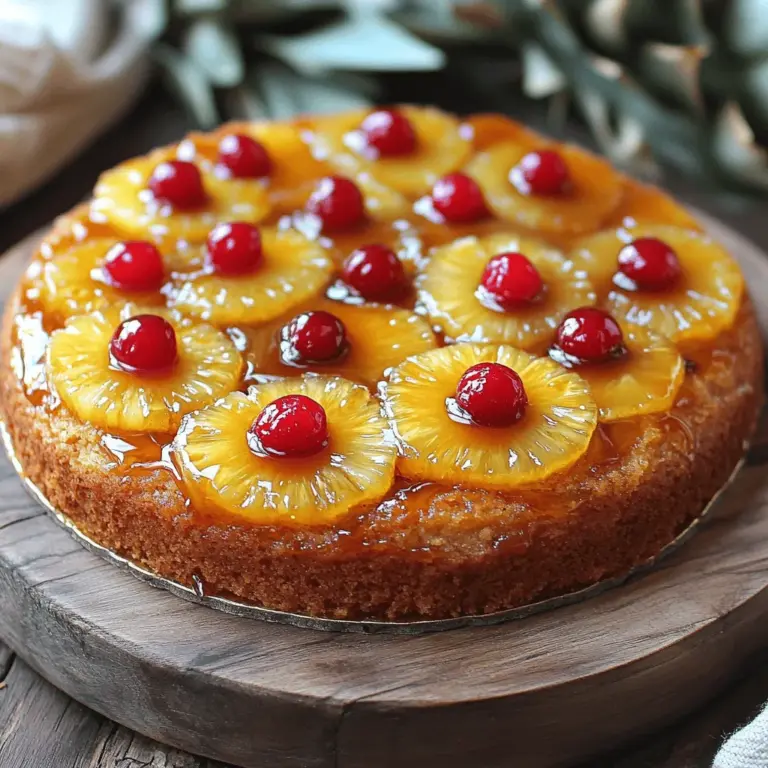 To make the best pineapple upside-down cake, gather these essential ingredients: - 1 can (20 oz) pineapple slices in juice, drained (reserve juice) - 1/2 cup (1 stick) unsalted butter - 1 cup packed brown sugar - 1/2 cup granulated sugar - 1 teaspoon vanilla extract - 2 large eggs - 1 1/2 cups all-purpose flour - 1 1/2 teaspoons baking powder - 1/4 teaspoon salt - 1/2 cup pineapple juice (reserved from can) - Maraschino cherries (for garnish)