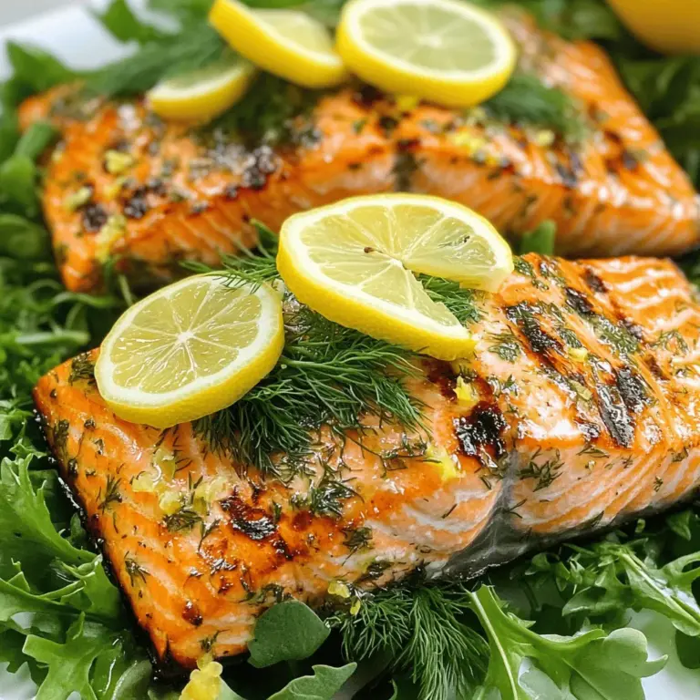 To make lemon herb grilled salmon, gather these simple ingredients: - 4 salmon fillets (6 oz each) - 3 tablespoons olive oil - Zest and juice of 1 large lemon - 2 cloves garlic, minced - 1 tablespoon fresh dill, chopped - 1 tablespoon fresh parsley, chopped - 1 teaspoon dried oregano - Salt and pepper to taste - Lemon slices (for garnish) These ingredients work together to create a bright and tasty dish. Fresh salmon is key. It should smell like the ocean, not fishy. Fresh herbs make a big difference in flavor. I love using dill and parsley. They add a fresh taste and aroma. Other good choices are basil or cilantro. Each herb brings its own style. Don’t be afraid to mix and match! You will need a few tools to prepare this dish: - A mixing bowl for the marinade - A whisk for blending the marinade - A grill or grill pan - Tongs to flip the salmon These tools help you create a tasty and easy meal. They ensure your salmon cooks evenly and stays juicy. For the full recipe, check out the details above. Enjoy cooking! To start, you need to make the marinade. In a small bowl, whisk together these items: - 3 tablespoons olive oil - Zest and juice of 1 large lemon - 2 cloves garlic, minced - 1 tablespoon fresh dill, chopped - 1 tablespoon fresh parsley, chopped - 1 teaspoon dried oregano - Salt and pepper to taste Mix until smooth. The oil coats the fish, while the lemon adds bright flavor. Next, place your 4 salmon fillets in a shallow dish or a resealable bag. Pour the marinade over them. Make sure every fillet is well coated. Cover the dish or seal the bag. Refrigerate for at least 30 minutes. You can marinate for up to 2 hours for a deeper flavor. This step is key, as it infuses the salmon with herbs and lemon. Now, it’s time to grill! First, preheat your grill to medium-high heat, which is about 400°F (200°C). If you use a grill pan, heat it over medium heat on the stove. Lightly oil the grill grates to prevent sticking. Take the salmon out of the marinade. Let any excess drip off. Place the salmon skin-side down on the grill. Grill for about 6-8 minutes. Flip the fillets carefully. Cook for another 2-4 minutes. The salmon should be cooked through and flake easily with a fork. After grilling, transfer the salmon to a serving platter. Let it rest for a minute. Garnish with lemon slices and fresh herbs if you like. This process is simple, yet it creates a delightful dish. Enjoy your Lemon Herb Grilled Salmon! For the full recipe, check the details above. For great grilled salmon, start with a good marinade. The mix of olive oil, lemon, and herbs adds flavor. Let the salmon marinate for at least 30 minutes. This helps it soak in all the tasty goodness. When grilling, keep the grill hot. A medium-high heat works best, around 400°F. Place the salmon skin-side down first. This helps the skin crisp up. Grill for 6-8 minutes, then flip it gently. Cook for another 2-4 minutes. The salmon is done when it flakes easily with a fork. Don’t worry if you don’t have fresh herbs. You can use dried herbs instead. For dill, use about one-third the amount of dried. You can also try other herbs like thyme or basil. These will change the flavor, but they are still tasty. If you have no herbs at all, try lemon zest. It adds a nice citrus touch. Marinating time is key for flavor. For the best taste, aim for at least 30 minutes. You can let it sit for up to 2 hours. But don’t go over that. If it marinates too long, the acid from the lemon can make the fish mushy. Always remember to keep it in the fridge while marinating. This keeps the salmon fresh and safe to eat. For the full recipe, refer to the earlier section. {{image_2}} You can mix things up with your lemon herb grilled salmon. Try adding some heat! A pinch of red pepper flakes gives it a nice kick. You can also use different herbs. Fresh basil or cilantro can change the flavor. For a sweet twist, drizzle honey over the salmon before grilling. This adds a nice caramelized taste. Experiment with these ideas to find your favorite flavor! If you cannot grill, you can use your oven or broiler. Preheat your oven to 400°F (200°C). Place the marinated salmon on a baking sheet lined with parchment paper. Bake for 12-15 minutes. Check for flakiness to ensure it is done. For a broiler, set it to high. Broil the salmon for about 6-8 minutes, watching closely. The broiler gives it a nice char, similar to grilling. Lemon herb grilled salmon pairs well with many sides. A fresh salad with greens and cherry tomatoes works great. You can also serve it with roasted vegetables or quinoa. For sauces, a light lemon dill sauce adds freshness. A creamy garlic sauce can also be a tasty match. These pairings enhance the dish and make it even more delightful. For the full recipe, check out the link! To keep your leftover grilled salmon fresh, place it in an airtight container. Make sure to cool the salmon to room temperature first. Cover the container tightly. Store it in the fridge for up to three days. If you want to keep it longer, consider freezing it. When reheating your salmon, avoid the microwave. This can make the fish dry. Instead, use the oven or stovetop. Preheat your oven to 275°F (135°C). Place the salmon on a baking sheet and cover it with foil. Heat for about 15 minutes. On the stovetop, use low heat and cover the pan. This helps keep the salmon moist. If you want to freeze your grilled salmon, wrap each piece tightly in plastic wrap. Then, place the wrapped salmon in a freezer bag. Squeeze out any air to prevent freezer burn. Label the bag with the date. Frozen salmon is best used within three months for optimal flavor. When buying fresh salmon, look for these signs: - Bright, moist flesh - A fresh, ocean-like smell - Firm texture that springs back when touched - Skin should be shiny and tight - No brown spots or discoloration Choosing quality salmon makes a big difference. Fresh fish tastes better and cooks more evenly. Always ask your fishmonger about the catch of the day for the best options. You can store marinated salmon in the fridge for up to 2 hours. After this, the acid from the marinade can start to break down the fish. If you need to store it longer, consider freezing it instead. Marinating adds flavor, but time is key. Keep an eye on how long it sits. For the best taste and texture, stick to shorter marinating times. Yes, you can use frozen salmon for this recipe. Just make sure to thaw it completely first. Thaw the salmon in the fridge overnight or use a cold water method. Frozen salmon can be just as tasty as fresh. The key is to ensure it is fully thawed before marinating. This way, your Lemon Herb Grilled Salmon will still be juicy and flavorful. For the full recipe, check out the link! Lemon herb grilled salmon is a simple dish that shines. We discussed key ingredients like fresh herbs and tools you need. I shared steps for marinating and grilling your salmon to perfection. You learned tips for grilling and possible variations, like cooking methods and side pairings. Proper storage can keep your leftovers tasty too. Enjoy making this dish and impressing others with your skills. Simple choices can create big flavors. Happy cooking!