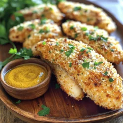 For oven-baked chicken tenders, you will need: - 1 lb (450g) chicken tenderloins - 1 cup breadcrumbs (panko for extra crunch) - ½ cup grated Parmesan cheese - 1 tablespoon Italian seasoning - 1 teaspoon garlic powder - ½ teaspoon paprika - ½ teaspoon salt - ¼ teaspoon black pepper - 2 large eggs - 1 tablespoon Dijon mustard - Cooking spray or olive oil spray These ingredients come together to create a crispy, tasty meal. Chicken tenderloins are perfect for this recipe. They stay juicy and tender while baking. Dipping sauces can make your chicken tenders even better. Here are some great options: - Honey mustard - BBQ sauce - Ranch dressing - Sweet and sour sauce Choose one or mix them for fun flavors. Dipping adds excitement to each bite. Seasonings give your chicken tenders extra taste. You can try: - Italian seasoning for a herb taste - Garlic powder for some zest - Paprika for a smoky touch - Salt and black pepper for balance Mixing these seasonings with the breadcrumbs creates a crunchy coating. You can adjust the amounts to fit your taste. Feel free to get creative! For the complete method to put these ingredients together, check the Full Recipe. To start, take 1 pound of chicken tenderloins. Rinse them under cold water and pat them dry with a paper towel. This step is key to keeping your chicken tender. Dry chicken will hold the coating better. Place the chicken on a cutting board for easy access. In a shallow bowl, mix 1 cup of breadcrumbs with ½ cup of grated Parmesan cheese. Add 1 tablespoon of Italian seasoning, 1 teaspoon of garlic powder, ½ teaspoon of paprika, ½ teaspoon of salt, and ¼ teaspoon of black pepper. Stir it all together until well combined. In another bowl, whisk 2 large eggs and 1 tablespoon of Dijon mustard until smooth. Dip each chicken tenderloin into the egg mixture. Let any excess drip off. Then, coat it in the breadcrumb mix, pressing gently to help it stick. Place the coated tenders on a baking sheet lined with parchment paper. Preheat your oven to 425°F (220°C). Spray the tops of the chicken tenders lightly with cooking spray or olive oil spray. This helps them get nice and crispy. Bake them for 15 to 20 minutes. Flip the tenders halfway through to ensure even cooking. Check that they are golden brown and cooked through. Let them rest for a few minutes before serving. You can find the Full Recipe for more details on this process. To get that great crunch, use panko breadcrumbs. They add more texture. Spray the chicken with cooking spray before baking. This helps the coating turn golden brown. Flip the tenders halfway through cooking for even crispiness. Bake them at 425°F (220°C) for a nice, quick cook. Avoid using regular breadcrumbs; they don’t give the same crispness. Don’t skip the egg wash; it helps the crumbs stick. Make sure your oven is preheated. If it's not hot enough, the tenders can end up soggy. Also, do not crowd the baking sheet. Give each tender space to breathe. Serve your chicken tenders with honey mustard or barbecue sauce. You can also pair them with fresh veggies or a salad. For a fun twist, try a side of sweet potato fries. Arrange them nicely on a platter with parsley for color. This makes a lovely meal for family or friends. For more details, check the Full Recipe. {{image_2}} To make spicy oven-baked chicken tenders, add heat to the mix. You can include cayenne pepper or chili powder in the breadcrumb mix. Adjust the amount based on how much spice you want. You can also serve them with a spicy dipping sauce for more flavor. This gives a nice kick that many people enjoy. For herb-infused chicken tenders, add fresh or dried herbs. Try using thyme, oregano, or rosemary in the breadcrumb mixture. These herbs give a fresh taste. You can also mix in lemon zest for a bright, zesty flavor. This twist on the classic recipe makes the tenders more aromatic. If you need gluten-free options, swap regular breadcrumbs for gluten-free breadcrumbs. You can also use crushed rice cereal for a crunchy texture. This way, everyone can enjoy these tasty tenders. Pair them with a gluten-free dipping sauce to complete the meal. For the best flavor, always check labels to ensure all ingredients are gluten-free. For the full recipe, be sure to check out the details provided earlier! After enjoying your oven-baked chicken tenders, store any leftovers in an airtight container. This keeps them fresh for up to three days. Make sure to let them cool completely before sealing. You can keep the tenders in the fridge or a cool spot. Avoid stacking them in the container to prevent sogginess. To reheat chicken tenders, I suggest using an oven. This method keeps them crispy. Preheat your oven to 375°F (190°C). Place the chicken tenders on a baking sheet. Heat them for about 10-15 minutes or until warm. You can also use an air fryer. Set it to 350°F (175°C) and cook for 5-7 minutes. If you want to save chicken tenders for later, freeze them! First, let them cool completely. Then, place them in a single layer on a baking sheet. Freeze them for about an hour until solid. After that, transfer the tenders to a freezer-safe bag. They can last for up to three months. When ready to eat, thaw them in the fridge overnight before reheating. For best results, use the oven or air fryer again. You can find the full recipe for these delicious chicken tenders to get started on your cooking adventure! Oven-baked chicken tenders cook in about 15 to 20 minutes. Preheat your oven to 425°F (220°C). Bake until they are golden and cooked through. Flip them halfway to ensure even cooking. Yes, you can use chicken breasts. Cut them into strips that are about the same size as tenderloins. This way, they cook evenly. The cooking time may vary slightly, so check for doneness. To make them healthier, use whole grain breadcrumbs instead of regular ones. You can also reduce the amount of cheese or skip it altogether. Try baking without oil or use a light spray for less fat. Line your baking sheet with parchment paper. This helps prevent sticking and makes cleanup easier. You can also spray the parchment lightly with cooking spray for extra protection. Making sauces at home is easy and fun! For a classic honey mustard, mix equal parts honey and Dijon mustard. For ranch, combine buttermilk, mayo, garlic powder, and herbs. Try mixing yogurt with herbs for a fresh dip. Oven-baked chicken tenders are simple and tasty. We covered key ingredients, easy steps, and helpful tips. Don’t forget the many fun flavors you can try. Also, proper storage means enjoying them later. Avoid common mistakes, and you’ll impress everyone. Follow the steps and tricks for perfect tenders. Whether you want them spicy or gluten-free, there’s a version for you. Enjoy this easy dish that everyone loves!
