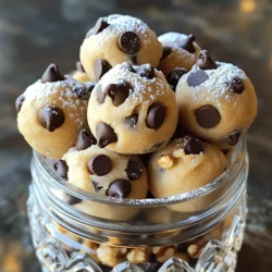 For the best Chocolate Chip Cookie Dough Bites, you will need the following ingredients: - 1 cup all-purpose flour - 1/2 teaspoon baking soda - 1/4 teaspoon salt - 1/2 cup unsalted butter, softened - 1/2 cup brown sugar, packed - 1/4 cup granulated sugar - 1 teaspoon vanilla extract - 1 cup semi-sweet chocolate chips - 1/2 cup chopped nuts (optional) - 1/4 cup milk (or plant-based milk) Each ingredient plays a key role in the recipe: - All-purpose flour gives structure to the bites. - Baking soda helps the dough rise slightly, creating a softer texture. - Salt enhances the flavors. - Unsalted butter adds richness and creaminess. - Brown sugar brings moisture and depth of flavor. - Granulated sugar adds sweetness and a slight crunch. - Vanilla extract gives a warm, sweet aroma. - Semi-sweet chocolate chips provide that classic chocolate flavor. - Chopped nuts add crunch and flavor (optional). - Milk helps achieve the right dough consistency. For brands, I recommend using King Arthur Flour for the best-quality flour and Ghirardelli for the chocolate chips. These brands offer consistent quality and flavor. If you have dietary restrictions or want to mix things up, consider these alternatives: - Gluten-free option: Use a gluten-free all-purpose flour blend. Make sure it contains xanthan gum for the best texture. - Dairy-free option: Substitute unsalted butter with coconut oil or a dairy-free margarine. Use plant-based milk like almond or oat milk. - Nut-free alternative: Skip the chopped nuts or use seeds like sunflower seeds for added texture. You can also swap out chocolate chips for different flavors. Try using: - Milk chocolate for a sweeter taste. - Dark chocolate for a richer flavor. - White chocolate for a creamy twist. - Peanut butter chips for a fun twist. These substitutions let you customize the bites to fit your taste and dietary needs. Enjoy the creative process! To make Chocolate Chip Cookie Dough Bites, start by gathering your ingredients. You need flour, baking soda, salt, butter, sugars, vanilla, chocolate chips, and milk. 1. Sift the Dry Ingredients: In a medium bowl, sift together the all-purpose flour, baking soda, and salt. This step helps mix the ingredients well and avoids lumps. 2. Cream the Butter and Sugars: In a large mixing bowl, cream the softened butter with brown sugar and granulated sugar. Use a hand mixer or stand mixer and mix for about 3-5 minutes. This creates air in the mix, making it light and fluffy. 3. Add the Vanilla: Mix in the vanilla extract until it blends well. The vanilla adds warmth and flavor to the dough. 4. Combine Dry and Wet Ingredients: Gradually add the flour mixture to the butter mix. Mix until just combined. Overmixing can make the bites tough, so stop when you see no flour. 5. Fold in Chocolate Chips: Now, fold in the chocolate chips and nuts if you like. This ensures every bite is full of chocolate. 6. Add Milk Gradually: Drizzle in the milk one tablespoon at a time. Mix until the dough is soft but firm. It should hold together without being sticky. After mixing, you need to chill the dough. Cover the baking sheet with plastic wrap and refrigerate for at least 30 minutes. Chilling helps the dough firm up, making it easier to scoop. 1. Form Uniform Bites: Use a small cookie scoop or your hands to form bite-sized balls of dough, each about 1 inch in diameter. Uniform sizes help with even chilling and serving. 2. Place on Baking Sheet: Put the formed bites on a parchment-lined baking sheet. Make sure to leave space between them. Enjoy your Chocolate Chip Cookie Dough Bites right away or store them in an airtight container in the fridge for up to 5 days. For the full recipe, refer to the earlier sections. To get the best texture for your Chocolate Chip Cookie Dough Bites, start with room temperature butter. This makes it easy to mix and gives a light, soft dough. Use a small scoop to form uniform bites; they should be about 1 inch wide. A common mistake is overmixing the dough. Mix just until you see no dry flour. If you overdo it, your bites can turn out tough. Another tip is to add the milk slowly. Drizzle it in one tablespoon at a time. This helps you reach a soft yet firm dough. It should hold together but not feel sticky. For a great presentation, serve the Cookie Dough Bites in a fun jar or on a colorful platter. Lightly dust them with powdered sugar for a touch of elegance. This makes them look as good as they taste! Pair these bites with a cold glass of milk or a warm cup of coffee. The sweet and rich flavors mix well with both drinks. You can even try serving them with ice cream for a fun twist. Enjoy your treats in different ways! For the full recipe, check out the details above. {{image_2}} You can have fun with different types of chocolate. Milk chocolate gives a sweet taste. Dark chocolate adds a rich flavor. White chocolate brings a creamy touch. Mix and match them for your perfect bite. You can also add other fun ingredients. Try peanut butter for a nutty twist. Dried fruits like cranberries or raisins add sweetness. Coconut flakes can bring a tropical vibe. These add-ins make each bite unique and tasty. Seasonal flavors can spice up your cookie dough bites. For Halloween, add pumpkin spice or orange zest. During winter, use peppermint extract for a fresh taste. For spring, try lemon zest for a bright flavor. You can customize bites for special events. For birthdays, use colorful sprinkles in the dough. For holidays, shape them into festive forms. These themed ideas make your treats special for any occasion. Check out the Full Recipe for more inspiration! To keep your cookie dough bites fresh, store them in an airtight container. This helps prevent them from drying out or picking up other smells from your fridge. You can keep them in the fridge for up to five days. Just make sure they are well covered. If you want to enjoy them later, freezing is a great option. Place the bites on a baking sheet first. Freeze them for about an hour. Once they are firm, transfer them to a freezer bag. This way, you can enjoy a sweet treat anytime! They can last in the freezer for about three months. The expected shelf life of stored cookie dough bites is around five days in the fridge. For frozen bites, they last about three months. To check if they are still good to eat, look for changes in texture or smell. If they feel hard or smell off, it’s best to toss them. Enjoy your bites while they are fresh for the best taste! Can you eat raw cookie dough? Yes, you can eat raw cookie dough bites. We use heat-treated flour and no eggs, making them safe. Always check the ingredients if you have allergies. What if I have allergies? For nut allergies, leave out the chopped nuts. You can also use gluten-free flour if you need a gluten-free option. Substitute any dairy products with plant-based ones for a vegan choice. These bites are a tasty treat, but they have calories. Each bite has about 70 calories. They contain: - 3g of fat - 10g of carbs - 1g of protein For a healthier version, reduce the sugar or use less butter. You can also swap in whole-wheat flour for extra fiber. Enjoy them in moderation, and they can fit into your diet! This article covered various aspects of making chocolate chip cookie dough bites. We discussed essential ingredients, substitutions for dietary needs, and step-by-step preparation. I shared tips for perfecting texture and serving ideas. We also explored flavor variations and storage methods. As you prepare these bites, remember that creativity matters. Personalize them for any occasion and store them well for future treats. Enjoy every delicious bite!