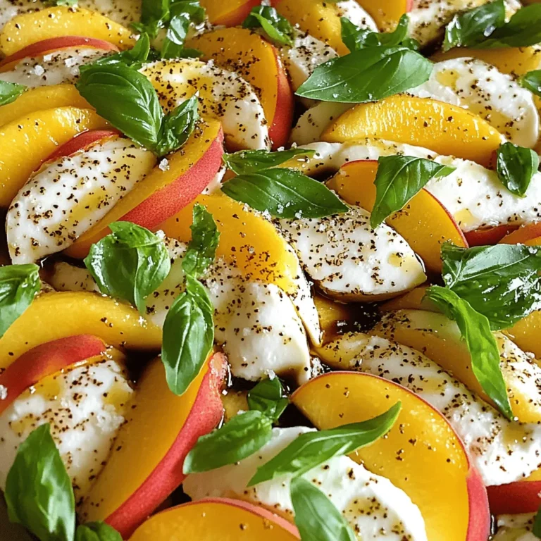 Gathering the right ingredients is key for a great Peach Caprese salad. Here’s what you need: - 3 ripe peaches, sliced - 8 ounces fresh mozzarella, sliced - 1 cup fresh basil leaves - 2 tablespoons balsamic vinegar - 2 tablespoons extra virgin olive oil - Salt and pepper to taste - 1 tablespoon honey (optional) Each ingredient plays a special role. The peaches bring sweetness and juiciness. The mozzarella adds creamy texture. Fresh basil gives a lovely herbal note. Balsamic vinegar and olive oil create a tangy dressing. Salt and pepper enhance all the flavors. You can add honey for extra sweetness if you wish. Choosing ripe peaches is essential. Look for peaches that are slightly soft to the touch. They should smell sweet and fragrant. Fresh mozzarella should be soft and moist. If you can, buy it from a local market. Fresh ingredients make all the difference! Now that you have your ingredients ready, let’s jump into the full recipe where we’ll make this vibrant dish come to life. - Wash and slice the peaches: Start by rinsing the peaches under cool water. Cut them in half and remove the pits. Slice each half into wedges. Make sure your slices are thick enough for a good bite. - Slice the fresh mozzarella: Next, take your fresh mozzarella. Cut it into rounds or wedges that match the thickness of the peach slices. This helps create a nice look on your plate. - Layer peaches and mozzarella on a platter: Grab a large serving platter. Begin layering the peach slices and mozzarella. Alternate them in a fun pattern. This makes the salad colorful and eye-catching. - Add fresh basil leaves: Tuck in fresh basil leaves between the layers of peach and mozzarella. This adds great flavor and a pop of green color. - Whisk together balsamic vinegar and olive oil: In a small bowl, combine balsamic vinegar and extra virgin olive oil. Use a whisk to mix them well. This makes a tasty dressing. - Drizzle dressing over salad: Once your salad is ready, drizzle the balsamic dressing over the top. Make sure to cover everything for maximum flavor. - Season with salt and pepper: Finally, sprinkle some salt and pepper on top. This enhances all the flavors in your salad. - Serve immediately or let sit for 5-10 minutes: You can serve the salad right away for the freshest taste. If you let it sit for 5-10 minutes, the flavors will blend nicely. - Presentation tips and garnishing ideas: For a beautiful finish, add extra basil leaves on top. A sprinkle of coarse sea salt can add a nice touch too. Enjoy this vibrant salad at your summer picnics or gatherings! For the full recipe, check out the Peach Caprese Salad: Summer Favorite. When choosing ripe peaches, look for these signs: - The skin should be smooth and slightly fuzzy. - Pick peaches that have a sweet aroma. - They should give slightly when you press them. The best peach varieties for salads include: - Yellow peaches, known for their sweet, juicy flesh. - White peaches, which offer a mild, floral flavor. - Donut peaches, which are flat and very sweet. To balance sweetness and acidity in your salad, try these tips: - Use fresh basil to add a herbal note. - Drizzle balsamic vinegar for a sweet-tart flavor. - Consider adding a pinch of salt to enhance the taste. For pairing options, consider these side dishes and beverages: - Lightly grilled chicken or shrimp complements the salad. - A crisp white wine, like Sauvignon Blanc, works well. - Serve with a refreshing lemonade or iced tea for a summer vibe. You can find the full recipe for this delightful dish to create a perfect summer meal. {{image_2}} If you want to switch things up, try different cheeses. Burrata offers a creamy twist to your salad. Goat cheese adds a tangy flavor that pairs well with peaches. Feta cheese can give a salty bite, which contrasts nicely with the sweet fruit. You can also swap the peaches for other fruits. Try ripe nectarines for a similar taste. Plums can add a tartness that livens up the dish. Even strawberries or mangoes can work well, changing the flavor profile while keeping it fresh. You can explore various oils and vinegars for your dressing. Instead of balsamic, try a red wine or apple cider vinegar for a different zing. Use walnut oil or avocado oil for a nutty taste that complements the fruit. Adding herbs or spices can really boost the flavor. Fresh mint or dill can add a nice touch. A sprinkle of crushed red pepper can introduce a slight heat. You can even mix in a bit of garlic for a savory twist. For the full recipe, check out the Peach Caprese Salad: Summer Favorite. To keep your Peach Caprese Salad fresh, use an airtight container. This helps prevent air from affecting the flavors. You can store it in the refrigerator for up to two days. However, the peaches may become soft over time. For best results, prep your ingredients a few hours ahead. Wash and slice your peaches and mozzarella, but don’t assemble the salad too early. Keep the ingredients separate until just before serving. This keeps the salad crisp and bright. If you want to add flavor in advance, make the dressing early and store it in the fridge. Drizzle it on right before serving for a fresh taste. You can find the full recipe for more details. A Peach Caprese Salad is a fresh dish that combines sweet peaches with creamy mozzarella. You will love its bright colors and flavors. The key ingredients are: - 3 ripe peaches, sliced - 8 ounces fresh mozzarella, sliced - 1 cup fresh basil leaves - 2 tablespoons balsamic vinegar - 2 tablespoons extra virgin olive oil - Salt and pepper to taste - 1 tablespoon honey (optional) This salad is a twist on the classic Caprese salad, which usually uses tomatoes. The peaches add a sweet touch that pairs nicely with the creamy cheese. The basil gives it a fresh aroma, while the balsamic adds a tangy kick. Yes, you can easily make this salad vegan! Simply swap the fresh mozzarella with a plant-based cheese. Look for vegan mozzarella or use avocado for a creamy texture. You can still enjoy the sweet peaches and basil in your dish. For the dressing, just ensure your balsamic vinegar and olive oil are vegan-friendly. This makes the salad both delicious and suitable for everyone. Making a Peach Caprese Salad is quick and easy. You can prep and assemble this dish in just 15 minutes. Here’s how the timing breaks down: - Prep Time: 15 minutes - Total Time: 15 minutes This means you can whip it up fast for a summer gathering or a light meal. The simple steps and bright flavors make it a go-to recipe for warm days. For more detailed steps, check out the Full Recipe. In this post, we explored how to make a Peach Caprese Salad. We covered the simple ingredients, like ripe peaches and fresh mozzarella, along with easy steps for preparation. You learned tips for selecting the best peaches and ways to enhance flavor. We also shared variations for customization and storage info to keep leftovers fresh. This salad combines flavors in a fresh way. Try it for your next meal or gathering!