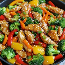 To make this dish, you need: - 500g chicken breast, sliced into thin strips - 2 tablespoons honey - 3 cloves garlic, minced - 2 tablespoons soy sauce - 1 tablespoon sesame oil - 1 red bell pepper, sliced - 1 yellow bell pepper, sliced - 1 cup broccoli florets - 1 carrot, julienned - 1 tablespoon cornstarch - 2 tablespoons vegetable oil - Salt and pepper to taste - Sesame seeds and chopped green onions for garnish These ingredients come together to create a sweet and savory flavor. The chicken provides protein while the veggies add crunch and nutrients. You can add some more ingredients to enhance the dish: - Fresh ginger, grated - Green peas - Snap peas - Water chestnuts - A squeeze of lime juice These options can give your stir-fry extra layers of taste. Feel free to mix and match based on what you like. If you have allergies, here are some easy swaps: - Use tamari instead of soy sauce for a gluten-free option. - Swap chicken for tofu or shrimp for a different protein. - Replace honey with maple syrup for a vegan choice. These substitutions keep the dish tasty while making it safe for everyone to enjoy. If you want the complete cooking process, check the Full Recipe. To make the sauce, take a small bowl. Mix 2 tablespoons of honey, 3 minced garlic cloves, 2 tablespoons of soy sauce, and 1 tablespoon of sesame oil. Stir well until combined. This sauce adds sweet and savory flavors to the dish. Set it aside for later. Next, take 500 grams of chicken breast and slice it into thin strips. In a bowl, toss the chicken with 1 tablespoon of cornstarch, salt, and pepper. Make sure the chicken is well coated. This step helps give the chicken a crispy texture. Heat 2 tablespoons of vegetable oil in a large pan over medium-high heat. Add the chicken strips in a single layer. Cook for 5-7 minutes, turning them occasionally. The chicken should turn brown and cook through. Once done, remove it from the pan and set it aside. In the same pan, add 1 sliced red bell pepper, 1 sliced yellow bell pepper, 1 cup of broccoli florets, and 1 julienned carrot. Stir-fry the vegetables for 4-5 minutes until they become tender but still crisp. This keeps the veggies bright and healthy. Now, return the cooked chicken to the pan with the vegetables. Pour the honey garlic sauce over everything. Stir well to ensure all the ingredients are coated evenly. Cook for an additional 2-3 minutes until the sauce thickens nicely. This makes a delicious and colorful dish. Serve hot, garnished with sesame seeds and chopped green onions. Enjoy your meal! For the full recipe, check out the details provided above. To get that crispy chicken, start by coating your chicken strips with cornstarch. This simple step locks in moisture and creates a nice crunch. Make sure to shake off any extra cornstarch before cooking. When you heat the vegetable oil, let it get hot before adding the chicken. Cook the chicken in a single layer, so it fries nicely. Avoid crowding the pan; this helps it stay crispy. Use fresh vegetables for the best taste and texture. Cut them into even pieces, so they cook at the same rate. Start with the harder vegetables, like carrots and broccoli, and add softer ones, like bell peppers, later. This method keeps all your veggies crisp and bright. Stir them often, but don’t overcook. You want them tender yet crunchy. Stir-frying is all about high heat and quick cooking. Use a wok or a large pan for more space. Heat the oil until it shimmers, which means it’s ready for cooking. When combining the chicken and veggies, pour the sauce in quickly and stir. This helps coat everything evenly. Keep stirring to prevent sticking. For a little extra flavor, let the sauce bubble for a minute before serving. These tips will help you make a delicious Honey Garlic Chicken Stir-Fry, just like in the [Full Recipe]. {{image_2}} You can swap out chicken for tofu to make a tasty vegetarian dish. Use firm tofu for the best texture. Cut it into cubes and press it to remove excess water. Then, follow the same steps in the recipe. The honey garlic sauce adds great flavor to the tofu. It becomes sweet and savory, just like the chicken version. Feel free to mix in your favorite veggies. Snow peas, snap peas, or zucchini all work well. Just cut them to a similar size as the other veggies. This change not only adds color but also boosts nutrition. You can use a mix of fresh and frozen vegetables, depending on what you have on hand. If you love heat, add red pepper flakes or sliced fresh chili peppers. Start with a small amount and taste as you go. You can also use spicy garlic sauce for an extra kick. Just remember, balance is key! The honey still needs to shine through, even with the heat. Explore these options to find your perfect spice level. To store your Honey Garlic Chicken Stir-Fry, let it cool first. Use an airtight container. This keeps the dish fresh. You can store it in the fridge for up to three days. Make sure to label the container with the date. This way, you won’t forget it. You can freeze leftovers if you need to keep them longer. Place the stir-fry in a freezer-safe bag. Remove as much air as you can. This helps prevent freezer burn. It will last for up to three months in the freezer. When you are ready to eat it, just thaw it in the fridge overnight. To reheat your stir-fry, use a skillet on low heat. Add a splash of water or broth. This keeps it moist as it heats. Stir it often to ensure even warming. You can also microwave it, but cover it to trap steam. This helps keep the flavors intact. Enjoy your meal just like you made it fresh! For the full recipe, check the section above. Honey garlic chicken stir-fry comes from Asian cuisine. It blends sweet honey with strong garlic. This dish is popular in many homes, especially for busy nights. It uses quick cooking methods, making it easy and tasty. Yes, you can use other proteins! Tofu, shrimp, or beef work well in this dish. Each option brings a unique flavor. Just make sure to adjust cooking times to ensure they cook through. Some great side dishes include rice or noodles. Steamed vegetables also pair nicely. You can try a simple salad for a fresh touch. These sides balance the sweet and savory flavors of the stir-fry. Yes, this recipe is perfect for meal prepping. You can store the stir-fry in containers. It keeps well in the fridge for lunch or dinner. Just reheat it quickly in a pan or microwave when ready to eat. You can store leftovers for up to four days. Keep them in an airtight container to maintain freshness. If you notice any change in smell or color, it's best to toss it out. Definitely! You can prepare the honey garlic sauce a day before. Just store it in the fridge in a sealed container. This method saves time and adds great flavor to your meal. For the full recipe, check the details above! This blog post covered the essentials for a delicious honey garlic chicken stir-fry. You learned about key ingredients and how to substitute allergens. I provided step-by-step cooking tips and ways to achieve crispy chicken. You also saw variations and storage tips for leftovers. Stir-frying is flexible and fun. Enjoy creating your dish with your favorite flavors. Savor the meal with friends or family. Happy cooking!