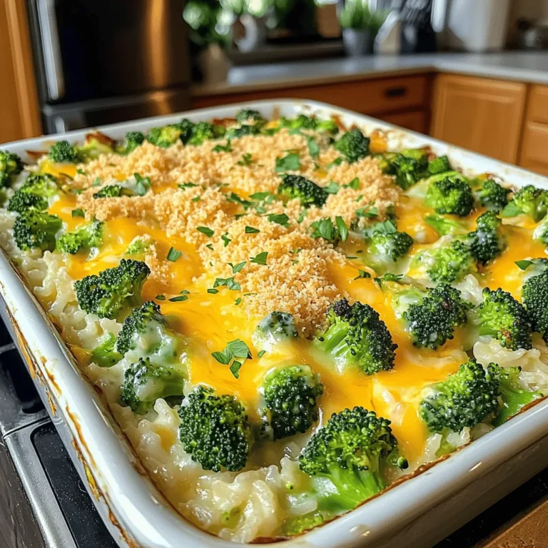 - 2 cups cooked white or brown rice - 3 cups fresh broccoli florets - 1 cup shredded sharp cheddar cheese - 1 cup cream of mushroom soup - 1 cup milk To make Cheesy Broccoli Rice Casserole, start with cooked rice. You can use either white or brown rice. I love brown rice for its nutty flavor and health benefits. Next, you'll need fresh broccoli florets. They add color and a nice crunch to the dish. Sharp cheddar cheese is a must for that creamy, cheesy goodness. Cream of mushroom soup brings moisture and flavor. Finally, milk helps blend all these ingredients together into a savory mix. - 1 teaspoon garlic powder - 1 teaspoon onion powder - ½ teaspoon salt - ½ teaspoon black pepper - Optional: ¼ teaspoon red pepper flakes Seasonings make the casserole pop! Garlic powder and onion powder bring depth to each bite. Salt and black pepper enhance the flavors. If you like a little heat, add red pepper flakes for a fun twist. These simple extras make your dish even more tasty. - ½ cup breadcrumbs - 2 tablespoons olive oil A crisp topping makes this casserole special. Use breadcrumbs to create a crunchy layer on top. Mixing in olive oil helps the breadcrumbs brown nicely. This adds a lovely texture to your dish. Together, these ingredients create a satisfying crunch that complements the creamy filling. For the complete recipe, check out the [Full Recipe]. - Preheat oven to 350°F (175°C). - In a large mixing bowl, combine the cooked rice, fresh broccoli, shredded cheese, cream of mushroom soup, milk, garlic powder, onion powder, salt, and black pepper. Mix well until all ingredients are fully incorporated. - Pour the mixture into a greased 9x13 inch baking dish. Spread it evenly for even cooking. - In a small bowl, combine breadcrumbs with olive oil and optional red pepper flakes. Mix until the breadcrumbs are coated. - Bake for 25-30 minutes until golden brown and bubbly. - Remove the casserole from the oven and let it cool for a few minutes before serving. This Cheesy Broccoli Rice Casserole is a delight for the whole family. You can find the [Full Recipe] online for more details. - Use leftover rice for added convenience. It saves time and adds a nice texture. - Blanch broccoli for a brighter color and crunch. This helps keep the broccoli fresh and vibrant. - Garnish with extra cheese and chopped parsley. This adds a pop of color and taste. - Serve in individual ramekins for a cozy touch. It makes each serving feel special and warm. - Experiment with different cheeses like Monterey Jack or Gruyere. Each cheese offers a unique flavor twist. - Add cooked chicken or ham for extra protein. This makes the dish heartier and more filling. For the full recipe, check out the detailed instructions above. {{image_2}} Healthy versions of Cheesy Broccoli Rice Casserole can make it lighter without losing taste. You can substitute brown rice for white rice. Brown rice adds more fiber and nutrients. This small change can make the dish healthier. Another way to lighten it up is by using low-fat cheese and soup. This swap cuts down on calories but keeps the cheesy goodness. Your family will love it without knowing it's healthier! You can also explore alternative ingredients. If you don’t have cream of mushroom soup, try cream of chicken. You can even make a homemade version using milk and flour. This change can give you a fresher taste. Adding other veggies can boost the dish's nutrition and flavor. Spinach or bell peppers work well. They add color and more vitamins. Plus, they give a nice crunch to every bite! For dietary modifications, you can make this casserole gluten-free. Just use gluten-free breadcrumbs for the topping. This simple swap keeps everyone safe and happy. If you want a vegan option, plant-based cheeses and cream soup can work wonders. They melt and blend nicely, just like regular cheese. This allows everyone to enjoy the dish, regardless of their diet. These variations ensure you can customize Cheesy Broccoli Rice Casserole to fit your family’s needs. For the full recipe, check out the detailed instructions above! Store any leftovers in an airtight container. This keeps the flavors fresh. You can refrigerate leftovers for up to 3 days. When ready to eat, simply reheat in the microwave or oven. Make sure it's warmed through before serving. If you want to save some for later, freeze the unbaked casserole. It can stay good for up to 2 months. When you’re ready to bake it, thaw overnight in the fridge. This helps keep the texture nice. To keep your casserole tasty, avoid freezing it after baking. This ensures the texture and flavor stay great. If you plan to freeze it, store the breadcrumbs separately. This keeps them crunchy when you bake. Approximately 3 days in an airtight container. To keep it fresh, store it right after cooling. Yes, prepare it a day in advance, cover, and refrigerate before baking. This saves time on busy days and allows flavors to blend. Yes, use plant-based milk and dairy-free cheese alternatives. This keeps the creaminess while catering to dairy-free diets. It pairs well with a fresh salad or garlic bread for a complete meal. Add some fruit for a nice contrast! Yes, frozen broccoli can be used—just thaw and drain excess water. This makes meal prep quicker and easier. This article guides you through making a delicious Cheesy Broccoli Rice Casserole. You learned about the key ingredients, helpful tips, and variations for dietary needs. Remember, this dish is flexible. You can adjust ingredients and toppings to fit your taste or diet. Whether for a quick meal or a special gathering, it’s sure to please. Enjoy your cooking, and let your creativity shine in the kitchen!