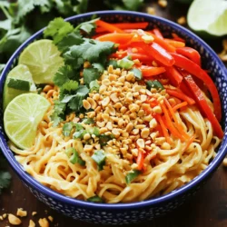 - 8 oz rice noodles - 1 cup peanut butter - ¼ cup soy sauce Rice noodles form the base of this dish. They soak up the flavors and provide a great texture. Peanut butter gives the sauce its rich creaminess. Soy sauce adds saltiness and depth to the mix. - 2 tablespoons lime juice - 2 tablespoons honey (or maple syrup for a vegan option) - 1 tablespoon sesame oil Lime juice adds a zesty kick, brightening the dish. Honey or maple syrup balances the spice and salt. Sesame oil lends a nutty aroma, enhancing the overall flavor. - 1 red bell pepper, thinly sliced - 1 cup shredded carrots - 2 green onions, chopped - ½ cup fresh cilantro, chopped - Crushed peanuts, for garnish - Lime wedges, for serving Red bell pepper offers a sweet crunch. Shredded carrots provide color and texture. Green onions and cilantro add freshness. Crushed peanuts give a satisfying crunch, while lime wedges add an extra burst of flavor. For the full recipe, check the [Full Recipe]. To cook the rice noodles, boil water in a large pot. Add the noodles and cook according to the package instructions. This usually takes about 4 to 6 minutes. Stir occasionally to prevent sticking. Once soft, drain the noodles and rinse them under cold water. This cooling process stops the cooking and helps keep them firm. Set the noodles aside while you prepare the sauce. In a medium bowl, mix the peanut butter, soy sauce, lime juice, honey, sesame oil, and Sriracha. Whisk them together until smooth. If the sauce is too thick, add a bit of warm water. This helps you reach the perfect consistency for drizzling over noodles. Taste the sauce and adjust if needed. You can add more Sriracha for spice or honey for sweetness. In a large mixing bowl, combine the cooked rice noodles, sliced red bell pepper, shredded carrots, and half of the green onions and cilantro. Pour the peanut sauce over the noodle mixture. Toss everything together gently. Make sure the noodles are well coated in sauce. Serve the noodles in bowls. Top with the remaining green onions, cilantro, crushed peanuts, and lime wedges for a fresh touch. For the full recipe, check out the complete details above. To make your sauce spicy, add more Sriracha. If you prefer it mild, use less. You can also swap honey for maple syrup for a vegan touch. This keeps the flavor while still being sweet. Adjust the sauce based on your taste. To avoid sticky noodles, rinse them in cold water after cooking. This helps separate them. Cooking times differ for each noodle type. Rice noodles usually take 5-7 minutes to cook. Check the package for exact times. For serving, try a large platter for a family-style meal. This makes it fun and inviting. You can also use individual bowls for each guest. Garnish with green onions and cilantro for color. Add crushed peanuts on top for crunch. Lime wedges on the side give it a fresh touch. {{image_2}} To make Spicy Thai Peanut Noodles vegan, swap out a few ingredients. Use maple syrup instead of honey. This keeps the dish sweet without any animal products. For the peanut sauce, ensure your peanut butter is 100% plant-based. You can also add plant-based proteins like chickpeas or tempeh. Both options provide great texture and protein. You can enhance your dish by adding protein. Chicken, tofu, or shrimp all work well. For chicken, grill or sauté it until cooked through, then slice it. If you choose tofu, press it to remove extra moisture. Then, pan-fry it until golden brown. Shrimp cooks quickly too. Sauté them for just a few minutes until they turn pink. Each protein option adds a different flavor and texture to the noodles. Want to switch up the flavor? Try different nut butters. Almond butter or cashew butter can add a unique twist. You can also toss in more vegetables for added crunch. Consider snap peas, bell peppers, or broccoli. These options not only add color but also boost the nutrition of your dish. Experimenting with flavors keeps meals exciting and fresh. For the full recipe, check out the complete guide on Spicy Thai Peanut Noodles. For short-term storage, refrigerate leftovers right away. Place the noodles in an airtight container. This keeps them fresh and prevents drying out. You can store the noodles for up to three days. When you reheat them, add a splash of water to help loosen the sauce. To freeze the peanut sauce, pour it into a freezer-safe bag. Squeeze out extra air before sealing. You can freeze it for up to three months. When you are ready to use it, thaw it in the fridge overnight. Reheat the sauce in a pan over low heat. Stir it well to make it creamy again. Leftover noodles last for about three days in the fridge. Look for signs of spoilage, such as a sour smell or mold. If the noodles feel slimy, it’s best to throw them away. Always trust your senses when checking food freshness. You can use several other noodle types. Here are some options: - Egg noodles: These add a rich flavor and a nice bite. - Soba noodles: Made from buckwheat, they are healthy and tasty. - Zucchini noodles: A fresh, low-carb choice for a light meal. - Udon noodles: Thick and chewy, they soak up sauce well. Each type will change the dish a bit, so pick what you like! Yes, you can prepare parts ahead of time. Here’s how: - Cook the noodles: You can cook and chill them earlier. - Make the sauce: Mix the peanut sauce and store it in the fridge. - Chop the veggies: Slice the bell pepper, carrots, and green onions a day ahead. Store everything separately. When you’re ready to eat, just combine and serve! Pair these noodles with fun sides and toppings. Consider these ideas: - Fresh spring rolls: They add crunch and freshness. - Grilled chicken: Adds protein and complements the flavors. - Steamed edamame: A healthy snack that’s easy to make. - Cucumber salad: A light side dish that cools the heat. These options make your meal colorful and delicious! For the full recipe, check the details. This blog post covers how to make a delicious peanut sauce dish using rice noodles. We explored the key ingredients, from fresh vegetables to tasty sauces. I shared step-by-step instructions to prepare and combine the noodles perfectly. Additionally, I offered tips for storage and presented various options for customization. In the end, you have many ways to enjoy this meal. Experiment and find what you love most! Your kitchen can be a place for fun and flavor.