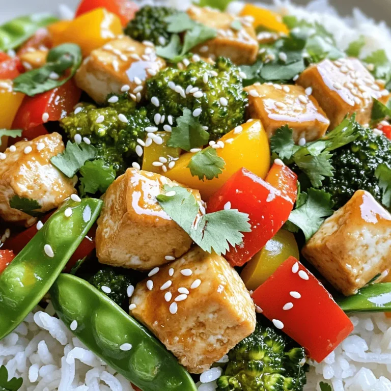 - 14 oz firm tofu, drained and pressed - 1 tablespoon cornstarch - 2 tablespoons vegetable oil - 1 bell pepper (red or yellow), sliced - 1 cup broccoli florets - 1 cup snap peas - 2 garlic cloves, minced - 1 inch ginger, grated - 3 tablespoons soy sauce - 1 tablespoon maple syrup - 1 teaspoon sesame oil - Salt and pepper to taste To make a great crispy tofu stir-fry, you need simple yet fresh ingredients. Start with firm tofu. It holds its shape well when cooked. Choose vibrant vegetables like bell pepper, broccoli, and snap peas. They add color and crunch. For flavor, mix in soy sauce, maple syrup, and sesame oil. This sauce makes the dish pop! - Sesame seeds - Fresh cilantro Garnishes can take your stir-fry to the next level. Sprinkle sesame seeds for a nutty crunch. Fresh cilantro adds a bright taste. These little touches make your dish look beautiful and taste even better. If you want the full experience, check out the Full Recipe for detailed steps and tips! 1. Start by cutting the pressed tofu into bite-sized cubes. 2. Pat the tofu dry with a paper towel. This step removes extra moisture. 3. In a bowl, toss the tofu cubes with cornstarch. Coat them well for a crispy finish. 1. Heat vegetable oil in a large non-stick pan over medium-high heat. 2. Once hot, add the coated tofu cubes to the pan. 3. Fry the tofu for about 5-7 minutes. Turn them occasionally for even cooking. 4. Look for a golden brown color and a crispy texture before removing them from the pan. 5. In the same pan, add sliced bell pepper, broccoli florets, and snap peas. 6. Stir-fry these vegetables for about 4-5 minutes. They should look bright and tender-crisp. 1. Add minced garlic and grated ginger to the pan. Cook for one more minute until you smell their aroma. 2. In a small bowl, mix soy sauce, maple syrup, and sesame oil. 3. Pour this sauce over the vegetables in the pan. Stir well to coat everything evenly. 4. Return the crispy tofu to the pan. Toss gently to combine all the ingredients. 5. Let everything absorb the sauce for about 2-3 minutes. 6. Season with salt and pepper to taste. 7. Remove from heat and transfer the stir-fry to a serving dish. This recipe keeps it simple but packs a punch of flavor. For the complete recipe, check out the Full Recipe section. To get crispy tofu, start with cornstarch. Coating the tofu with cornstarch helps it become crunchy. This is key for a great texture. Choose a firm tofu for the best results. Use vegetable oil for frying. It has a high smoke point, which means it can handle heat well. This ensures your tofu fries up nicely without burning. When stir-frying, keep the heat high. This helps veggies stay bright and crisp. Add your vegetables in stages. Start with those that take longer to cook, like broccoli. Then, add quicker-cooking ones, like snap peas. Timing is crucial. Cook the veggies for about 4-5 minutes. You want them tender but still crunchy. This balance makes your dish more enjoyable. Pair your stir-fry with rice or quinoa. This adds a nice base and makes it filling. You can also serve it with a side salad for extra crunch. For presentation, use a large, colorful plate. Garnish with sesame seeds and fresh cilantro. This adds color and makes your meal look gourmet. Serve it warm for the best taste. For the full recipe, head to the section above. {{image_2}} You can switch up the sauce in your crispy tofu stir-fry. Try teriyaki or hoisin sauce for a different taste. If you love spice, add sriracha or chili paste. You can also mix sauces for a unique flavor. Adjusting sweetness is easy. Add more maple syrup for a sweeter dish. For more heat, increase the sriracha. Taste often as you mix to find what you like best. You can use many vegetables for this stir-fry. Think about carrots, zucchini, or mushrooms. They all bring different flavors and textures. Seasonal veggies work great too. In summer, use fresh bell peppers or green beans. In fall, try pumpkin or Brussels sprouts. Switch it up based on what you find at your local market. For a heartier meal, add proteins like chicken or shrimp. Cook them first, then remove them from the pan. Add them back with the tofu later. If you want to keep it plant-based, consider adding chickpeas or edamame. They boost protein without meat. You can also mix in nuts or seeds for added crunch and flavor. After enjoying your crispy tofu stir-fry, let it cool down first. Place the leftovers in an airtight container. This helps keep the meal fresh. Store it in the fridge for up to three days. Avoid stacking too high to keep the tofu crisp. If you have extra sauce, keep it in a separate container. It will help keep the tofu from getting soggy. You can freeze tofu stir-fry for up to three months. Start by letting it cool completely. Then, portion it into freezer-safe bags or containers. Squeeze out any extra air to prevent freezer burn. When you want to eat it, take it out and thaw overnight in the fridge. To reheat, use a pan over medium heat. Add a splash of water to keep it moist. Cook until heated through, stirring often for even warmth. You can also use a microwave if you're short on time. How do I make tofu crispy? To make tofu crispy, start by pressing it to remove moisture. Cut the tofu into cubes. Toss the cubes in cornstarch until they are well-coated. This helps to create a crunchy crust. Heat vegetable oil in a pan over medium-high heat. Fry the coated tofu for about 5-7 minutes, turning them until they are golden brown. Can I use frozen vegetables for this recipe? Yes, you can use frozen vegetables. They are quick and easy to add. Just remember to thaw them first and drain excess water for best results. Frozen veggies can be just as tasty as fresh ones in a stir-fry. What can I use instead of soy sauce? You can use tamari sauce or coconut aminos. Both options are great substitutes. They provide a similar flavor without the soy. This makes them perfect for those with soy allergies. Are there gluten-free alternatives for this recipe? Yes, for a gluten-free dish, use tamari instead of soy sauce. Also, ensure your cornstarch is gluten-free. Most brands are safe, but it’s wise to check labels. How long does it take to cook crispy tofu? Cooking crispy tofu takes about 10-15 minutes. This includes pressing, cutting, and frying time. Make sure your oil is hot before adding tofu for the best crispiness. What are the best frying methods for tofu? The best frying method for tofu is pan-frying or deep-frying. Pan-frying is easier and uses less oil. Make sure the tofu is dry and coated with cornstarch for that perfect crunch. This blog post gave a detailed guide on making a tasty tofu stir-fry. We covered key ingredients, essential steps, and tips for achieving crispy tofu. You learned about variations, storage methods, and answers to frequently asked questions. Tofu stir-fry is versatile and fun to make. Enjoy experimenting with flavors and ingredients to make your dish unique. Your kitchen adventures will surely impress family and friends!