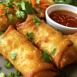 - Spring roll wrappers - Cabbage, carrots, bell pepper, bean sprouts, green onions - Minced garlic and grated ginger - Soy sauce, sesame oil, black pepper - Vegetable oil for frying Gathering the right ingredients is key to making tasty crispy veggie spring rolls. You’ll need spring roll wrappers, which are thin sheets of dough. They hold the filling and crisp up nicely when fried. Next, get a mix of fresh veggies. I like to use cabbage, carrots, bell peppers, bean sprouts, and green onions. These add crunch and flavor. You can use different colors of bell peppers for a vibrant look. Don’t forget the flavor boosters! Minced garlic and grated ginger give the filling a nice kick. Soy sauce adds saltiness, while sesame oil brings a rich, nutty taste. A dash of black pepper gives it a little heat. Finally, you’ll need vegetable oil for frying. This oil helps the spring rolls turn golden brown and crispy. For the full recipe, check out the steps to create these delicious bites! - Mixing the vegetable filling Start with a large bowl. Add 1 cup of finely shredded cabbage, 1 cup of julienned carrots, and 1 cup of thinly sliced bell pepper. I like to use a mix of colors for a vibrant look. Then, toss in ½ cup of bean sprouts and 2 thinly sliced green onions. In a separate small bowl, combine 2 minced cloves of garlic, 1 teaspoon of grated ginger, 2 tablespoons of soy sauce, 1 teaspoon of sesame oil, and ½ teaspoon of black pepper. Mix this well and pour it over the vegetables. Toss everything together until well combined. - Assembling the spring rolls Grab a spring roll wrapper and lay it flat on a clean surface. Position one corner facing you. Spoon about 2 tablespoons of the vegetable mixture onto the wrapper, about 2 inches from the bottom corner. Fold that bottom corner over the filling. Next, fold in the sides snugly, then roll it tightly away from you. Seal the edge with a bit of water. Repeat this with the rest of the wrappers and filling. - Frying the spring rolls Heat a deep frying pan or wok with enough vegetable oil to cover the spring rolls. Use medium-high heat for this. Once the oil is hot, carefully add the spring rolls in batches, making sure not to overcrowd the pan. Fry them until they turn golden brown and crispy, which takes about 4 to 5 minutes. Turn them occasionally for even cooking. When done, place them on paper towels to absorb extra oil. - Ensuring the oil is the right temperature To test if the oil is ready, drop a small piece of wrapper in. If it sizzles, the oil is hot enough. This helps achieve that perfect crispiness. - Timing for proper crispiness Keep an eye on the spring rolls while they fry. They can go from golden to burnt quickly. Turning them often ensures they cook evenly and stay crispy all around. - Ideal dipping sauces Serve your crispy spring rolls with sweet chili sauce for a tasty dip. Soy sauce is another great choice if you prefer something salty. - Garnishing ideas for presentation For a lovely presentation, garnish with fresh cilantro or extra sliced green onions. This adds color and a fresh taste. For the full recipe, check out the detailed instructions and enjoy your cooking! To get that golden crunch, choose the right oil. I recommend using vegetable oil or peanut oil. They have high smoke points, making them perfect for frying. Heat the oil to about 350°F (175°C) before adding the spring rolls. This helps them cook evenly and turn crispy. When frying, do not overcrowd the pan. Fry in small batches to ensure each roll gets enough space. If you have uncooked spring rolls, store them in the fridge. Place them in an airtight container with parchment paper between layers. This keeps them fresh and prevents sticking. For reheating cooked spring rolls, an oven works best. Preheat the oven to 375°F (190°C) and bake them for about 10 minutes. This revives their crispiness without making them soggy. For frying, a deep frying pan or wok is ideal. These provide enough space for the oil and spring rolls. Use a slotted spoon to take them out safely. When assembling the rolls, a clean, flat surface is key. A small bowl of water helps seal the edges of the wrappers. This ensures your spring rolls stay closed while frying. {{image_2}} You can change up the veggies in your spring rolls. Try using: - Zucchini, finely shredded - Mushrooms, sliced thin - Spinach, chopped - Sweet potatoes, grated These options keep the rolls fresh and tasty. You can also add protein to your spring rolls. Consider using: - Tofu, cubed and sautéed - Shrimp, cooked and chopped - Chicken, shredded or diced These ingredients add flavor and make your meal more filling. If you need gluten-free spring rolls, use gluten-free wrappers. They work just as well as regular ones. Look for rice paper or tapioca wrappers in stores. When it comes to sauces, choose gluten-free options. Some great choices are: - Tamari, a gluten-free soy sauce - Sweet chili sauce - Peanut sauce, made without soy These sauces keep your meal safe and delicious. You can give your spring rolls a fun twist. Try making Thai-style rolls with fresh herbs like mint and basil. Add a touch of lime juice for zing. For a Vietnamese flair, include vermicelli noodles in your filling. You might also add unique spices, like: - Five-spice powder for warmth - Curry powder for a kick - Cumin for depth These flavors will surprise your taste buds and make each bite exciting. The veggies in crispy veggie spring rolls pack a punch of nutrients. Cabbage is high in fiber and vitamin C. It helps your digestion and boosts your immune system. Carrots are rich in beta-carotene, which is great for your eyes. Bell peppers add color and vitamin A, making them a tasty choice. Bean sprouts are low in calories and full of protein. Green onions add flavor and are good for your heart. For frying, you can use healthier options. Instead of deep-frying, try pan-frying in a non-stick pan with less oil. This cuts down on fat while keeping the rolls crispy. You can also bake them for a lighter option, and they will still taste delicious. One serving of crispy veggie spring rolls has about 200-250 calories. This can vary based on the size and how much oil you use. To keep track of portions, I suggest serving three or four rolls per person. This way, you can enjoy them without overeating. Pair them with a light salad or fresh fruit to balance your meal. These spring rolls are perfect for vegetarians and vegans. They contain no meat or animal products. Just make sure to check the soy sauce for any hidden ingredients. If you have allergies, be aware of the spring roll wrappers. They can contain wheat. If gluten is a concern, look for gluten-free wrappers. How to keep spring rolls from getting soggy? To keep spring rolls crispy, avoid adding too much filling. Moisture makes them soggy. You can also place them on a wire rack after frying. This lets air circulate around them. Can I make spring rolls ahead of time? Yes, you can prepare spring rolls in advance. Just wrap them and store them in the fridge. Use parchment paper to separate layers. Fry them fresh when you are ready to eat. What is the best way to reheat leftover spring rolls? The best way to reheat spring rolls is in the oven. Preheat the oven to 375°F (190°C). Place them on a baking sheet and heat for 10-15 minutes. This keeps them crispy. Can I bake these spring rolls instead of frying? Yes, you can bake spring rolls for a lighter option. Brush them with oil and place them on a baking sheet. Bake at 400°F (200°C) until golden, about 20-25 minutes. How long can I store leftover spring rolls? You can store leftover spring rolls in the fridge for 2-3 days. Make sure to keep them in an airtight container. This helps to keep them fresh. Freezing spring rolls for later use? You can freeze both cooked and uncooked spring rolls. Wrap them tightly in plastic wrap, then place them in a freezer bag. They last up to 2 months in the freezer. When ready, cook from frozen or thaw first. For the full recipe, check out the Crispy Veggie Spring Rolls 🥢🥬 section above! You now know how to make delicious spring rolls from scratch. We covered essential ingredients, step-by-step assembly, and cooking tips for perfection. Remember to try unique fillings and sauces for variety. Store uncooked rolls carefully and reheat leftovers to enjoy later. With these skills, you can impress friends and family with tasty homemade treats. Enjoy your cooking adventure!