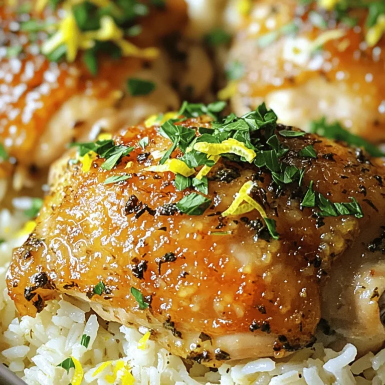 To make Lemon Herb Chicken and Rice, gather these simple ingredients: - 4 boneless, skinless chicken thighs - 1 cup basmati rice - 2 cups chicken broth - 1 lemon (zested and juiced) - 3 cloves garlic, minced - 1 teaspoon dried oregano - 1 teaspoon dried thyme - 2 tablespoons olive oil - Salt and pepper to taste - Fresh parsley, chopped for garnish The quality of your ingredients can change the dish. Use fresh lemon for the best flavor. The chicken should be fresh and tender. Whenever possible, opt for organic or free-range chicken. Use good-quality chicken broth for a rich taste. It can really enhance the overall flavor of the rice. If you can’t find basmati rice, try jasmine rice. Both have a lovely flavor and aroma. For the chicken, you can use boneless, skinless chicken breasts. If you prefer a vegetarian option, swap chicken with firm tofu. You can also replace olive oil with avocado oil for a different taste. Fresh herbs can replace dried ones if you want a vibrant flavor. Just use three times the amount! For the full recipe, check out the details above! Start by mixing the marinade. In a bowl, combine olive oil, lemon juice, lemon zest, minced garlic, oregano, thyme, salt, and pepper. This mix brings bright flavor. Next, add the chicken thighs to the bowl and coat them well. Cover and let them sit in the fridge for at least 30 minutes. This step helps the chicken absorb all those tasty flavors. After marinating, it’s time to sear the chicken. Heat a large skillet over medium heat. Place the marinated chicken thighs into the skillet. Cook for about 5-7 minutes on each side. You want them golden brown and fully cooked. When done, remove the chicken and set it aside. This gives the chicken a nice crust and keeps it juicy inside. In the same skillet, add the basmati rice. Stir the rice for 1-2 minutes. This slight toasting enhances the flavor. Now, pour in the chicken broth and bring it to a boil. Once boiling, reduce the heat to low. Cover the skillet and let it simmer for about 15 minutes. The rice will absorb the broth and become tender. When the rice is ready, place the seared chicken thighs on top. Cover the skillet again and let it sit for an extra 5 minutes. This allows the chicken to blend with the rice. After that, it’s ready to serve! Garnish with fresh parsley for a pop of color and flavor. For the complete process, check the Full Recipe. To cook chicken perfectly, start with good quality meat. Choose boneless, skinless thighs for their juicy texture. Marinate the chicken for at least 30 minutes. This step adds flavor and keeps the meat moist. When cooking, heat your skillet before adding the chicken. This helps to get a nice sear. Sear the chicken for about 5-7 minutes on each side. You want it golden brown and cooked through. To elevate the flavor, use fresh ingredients when possible. Fresh herbs like parsley or thyme make a big difference. You can also add a pinch of red pepper flakes for heat. Zest the lemon well; it brings out the citrus notes. Experiment with different spices too. Try smoked paprika or cumin for a unique twist. Marinating longer can also deepen the flavors. Serve the Lemon Herb Chicken and Rice hot from the skillet. Garnish with fresh parsley for color and taste. Pair it with a simple green salad or steamed veggies. A slice of crusty bread can soak up any leftover juices. For a fun twist, serve it in bowls and let guests add their toppings. You can find the Full Recipe to make this dish easily and impress your family and friends! {{image_2}} You can easily add vegetables to Lemon Herb Chicken and Rice. This dish benefits from more color and flavor. Try adding peas, carrots, or bell peppers. These veggies cook quickly and add nutrition. Simply toss them into the skillet after you toast the rice. Stir them in while the rice cooks. This way, they stay crisp and fresh. Herbs can change the taste of this dish. While oregano and thyme work well, other herbs can shine too. Consider using rosemary or basil for a different flavor. Fresh herbs can also make a big difference. Add them at the end for a bright flavor. Experiment with what you like best, and make it your own. If you have dietary needs, this recipe is flexible. For a gluten-free option, use gluten-free rice or quinoa. If you want a vegetarian version, swap the chicken for mushrooms or tofu. Use vegetable broth instead of chicken broth for added flavor. These swaps keep the dish tasty while meeting your needs. For the Full Recipe, check out the detailed instructions above. To store leftovers, let the dish cool down first. Place the chicken and rice in an airtight container. Keep it in the fridge for up to three days. This method keeps the flavors fresh and tasty. When you are ready to eat, you can reheat the leftovers. Use a microwave-safe plate. Cover the dish with a damp paper towel. Heat on medium power for about two to three minutes. Stir halfway through to warm evenly. You can also reheat on the stove. Add a splash of chicken broth and warm it over low heat. If you want to keep it longer, freeze the dish. Place the cooled chicken and rice in a freezer-safe bag. Squeeze out any air before sealing. You can freeze it for up to three months. To eat, thaw it in the fridge overnight. Reheat as mentioned above for the best taste. Remember, freezing may change the texture a bit, but it still tastes great! For the full recipe, check back to the beginning. To add some heat, try using red pepper flakes. Start with a small amount. You can also add sliced jalapeños. If you like it very spicy, use a hot sauce. Mix in the heat as you cook. Remember, you can always add more, but you can't take it out. Yes, you can use brown rice. However, it takes longer to cook. Brown rice usually needs about 40-45 minutes to become tender. You may also need to add more chicken broth. Adjust the cooking time to ensure it cooks through. I love serving Lemon Herb Chicken and Rice with a fresh salad. A simple green salad with lemon dressing works great. You can also add steamed vegetables like broccoli or green beans. Garlic bread is another nice touch for a complete meal. Lemon Herb Chicken and Rice can last up to four days in the fridge. Make sure to store it in an airtight container. Reheat thoroughly before serving. Enjoy it warm, as the flavors blend even better. For more details, check the Full Recipe. To wrap up, this blog shared how to make Lemon Herb Chicken and Rice. We covered essential ingredients and their quality. You learned step-by-step cooking methods and tips for best results. Variations help you tailor the dish to your taste. Storage info ensures your leftovers stay fresh. This dish is simple and flexible. It fits many diets and preferences. Enjoy experimenting with flavors and textures in your kitchen. Happy cooking!