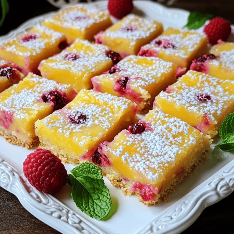 To make the crust, you need: - 1 ½ cups all-purpose flour - ½ cup powdered sugar - ½ cup unsalted butter, softened - ¼ teaspoon salt The crust gives the bars a nice base. It should be crumbly and sweet. I like to mix the flour and sugar first, then add the butter. This makes it easier to press into the pan. For the filling, gather these: - 3 large eggs - 1 cup granulated sugar - ½ cup freshly squeezed lemon juice (about 2-3 lemons) - 2 tablespoons lemon zest - 1 cup fresh raspberries - 2 tablespoons all-purpose flour - Powdered sugar for dusting The filling is where the magic happens! Eggs and sugar blend together for sweetness. The lemon juice and zest add a bright, tangy flavor. The raspberries give a nice pop of color and taste. You can add some fun garnishes: - Fresh raspberries - A sprig of mint These make the bars look fancy. Plus, they add a burst of fresh flavor. For the best presentation, serve the bars on a nice platter. Dust them with powdered sugar for an extra touch. Enjoy your delicious treat! Start by preheating your oven to 350°F (175°C). This step is key for even baking. While the oven heats, prepare an 8x8 inch baking dish. You can grease it with butter or line it with parchment paper. Lining makes it easier to lift the bars out later. In a medium bowl, mix together 1 ½ cups of all-purpose flour, ½ cup powdered sugar, and ¼ teaspoon salt. Add ½ cup of softened unsalted butter. Use a fork or your fingers to mix until crumbly. Press this mixture evenly into the bottom of your prepared dish. This crust will be the perfect base for your tart filling. In a large mixing bowl, whisk 3 large eggs and 1 cup of granulated sugar. Make sure they blend well. Next, stir in ½ cup of freshly squeezed lemon juice and 2 tablespoons of lemon zest. These ingredients give your bars a bright, zesty flavor. Now gently fold in 1 cup of fresh raspberries and 2 tablespoons of flour. Be careful not to mash the raspberries too much; you want some whole pieces for texture. Pour the lemon-raspberry mixture over your cooled crust. Bake everything in the oven for 20-25 minutes. You’ll know they're done when the filling is set and no longer jiggly in the center. Once baked, let the bars cool completely in the pan. This cooling helps the flavors settle. After cooling, dust the top with powdered sugar for that sweet finish. You can now cut the bars into squares or rectangles for serving. Enjoy your delicious treat! To get the right texture, focus on your crust first. You want it to be crumbly but firm. Mix the flour, powdered sugar, and salt well. Then, blend in the butter until it looks like wet sand. Press it evenly into the pan for a nice base. This will help the crust stay crispy. For the filling, whisk the eggs and sugar until they are smooth. When you fold in the raspberries, be gentle. You want whole pieces for bites of fruit. These bars shine when served chilled. Cut them into neat squares for a clean look. Dust them with powdered sugar just before serving for a sweet touch. For a pop of color, add fresh raspberries and a mint sprig on top. You can serve them on a pretty plate to impress your guests. They look lovely at parties or family gatherings. Pair them with a cup of tea or lemonade for a refreshing treat. To make your raspberry lemon bars, gather a few key tools. A good mixing bowl is essential for combining your ingredients. Use a whisk for the filling; it makes mixing easy. A spatula helps with folding raspberries smoothly. Don't forget a baking dish, ideally 8x8 inches for this recipe. A sharp knife will be handy for cutting the bars neatly. If you have parchment paper, use it to line the baking dish. This makes for easy cleanup and removal of your delicious bars. {{image_2}} You can switch raspberries for other fruits. Strawberries, blueberries, or blackberries work well too. Each fruit gives a unique taste. For example, strawberries add sweetness, while blueberries add a burst of flavor. Just replace the raspberries with one cup of your chosen fruit. This change keeps the recipe fresh and exciting. To make these bars gluten-free, use almond flour or gluten-free all-purpose flour. Replace the all-purpose flour in the crust and filling with the gluten-free option. The taste will still be great, and the texture will hold up nicely. You may need to adjust baking times. Check for doneness as you bake. A vegan version is easy to create. Replace eggs with flax eggs. To make one flax egg, mix one tablespoon of ground flaxseed with three tablespoons of water. Let it sit for a few minutes to thicken. Use this mix in the filling. Also, swap regular butter for vegan butter. Your bars will be just as tasty and kind to our furry friends. Explore all these options to find your favorite twist on the classic raspberry lemon bars. For the full recipe, check the earlier section. To keep your raspberry lemon bars fresh, place them in an airtight container. This helps prevent them from drying out. You can store them at room temperature for a day. If you want to keep them longer, store them in the fridge. They taste great chilled! If you want to freeze the bars, first cut them into squares. Wrap each piece in plastic wrap tightly. Then, place all the wrapped bars in a freezer-safe bag. They will stay fresh for up to three months. To enjoy them, just thaw in the fridge overnight before serving. When stored at room temperature, the bars last for about 2 days. In the fridge, they can last up to a week. If frozen, they will maintain their taste and texture for about three months. Always check for freshness before serving. Enjoy your tasty treat! Yes, you can use frozen raspberries. They work well in this recipe. Just make sure to thaw and drain them first. Excess moisture can make the filling watery. When you fold them in, be gentle. This keeps them whole for a lovely look. If you need a substitute, lime juice is a great choice. It gives a similar tang. You can also use vinegar in a pinch, but it will change the flavor. Always choose fresh juice for the best taste. Bottled juice lacks the bright flavor you want. You can tell the bars are done when the filling is set. It should not jiggle in the center. A toothpick inserted should come out clean. The edges will look slightly puffed and golden. This means you nailed the baking time! These bars are great both ways! Chilling them enhances the flavor. It gives a refreshing bite. Serving at room temperature is also nice. You can choose based on your mood. Either way, they will be delicious. Want the full recipe? Click here! The raspberry lemon bars are bright and tasty. They have a sweet crust and a zesty filling. You need simple ingredients that blend well together. The mix of tart lemon and sweet raspberries makes each bite special. Follow the steps closely for the best results. This recipe takes about 50 minutes in total. - Let the crust cool slightly before adding the filling. This keeps it crispy. - Do not overmix the filling. You want to keep some whole raspberries in there. - Use fresh lemons for juice and zest. This gives the best flavor. - Dust with powdered sugar just before serving. It adds a nice touch. Serve these bars on a pretty plate. Garnish with fresh mint or extra raspberries. You can also pair them with whipped cream for a treat. If you want a drink, try iced tea or lemonade. These bars are great for parties or a sweet snack at home. Enjoy your time in the kitchen with this recipe! You learned about making tasty lemon-raspberry bars. We covered the crust, filling, and garnishes. I shared tips for perfect texture, serving, and tools. You explored variations, storage options, and answered common questions. Now you can make these sweet treats with ease. Enjoy sharing them with family and friends. Your baking will impress and bring joy. Happy baking!