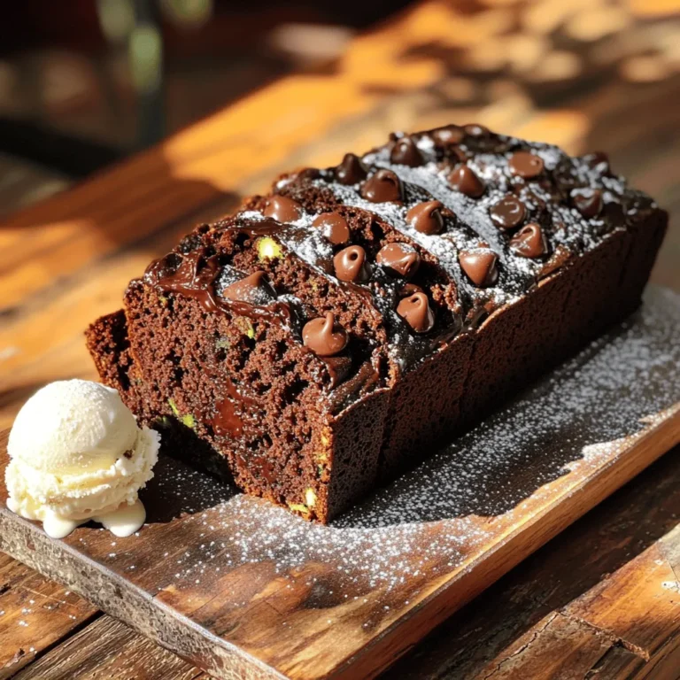To make a rich and moist chocolate zucchini bread, you need the following key ingredients: - 1 cup grated zucchini (about 1 medium zucchini) - 1 cup all-purpose flour - 1/2 cup unsweetened cocoa powder - 1/2 teaspoon baking soda - 1/2 teaspoon baking powder - 1/4 teaspoon salt - 1/2 cup granulated sugar - 1/2 cup brown sugar, packed - 1/3 cup vegetable oil - 2 large eggs - 1 teaspoon vanilla extract - 1/2 cup chocolate chips (optional, for extra decadence) These ingredients work together to create a moist texture and rich flavor. The zucchini adds moisture without a strong taste, while cocoa powder gives a deep chocolate profile. You can enhance your chocolate zucchini bread with some tasty add-ins. Consider these options: - 1/2 cup chopped nuts (like walnuts or pecans) - 1/2 cup shredded coconut - 1/2 teaspoon cinnamon for warmth - A pinch of sea salt for contrast These add-ins can give your bread an extra bite or flavor twist, making each slice unique. Choose the right zucchini for your bread to ensure great taste and texture. Here are my tips: - Look for firm zucchini with smooth skin. - Avoid large zucchini, as they can be watery and bland. - Smaller zucchini usually have better flavor. - Always wash the zucchini before grating to remove dirt. Using the best zucchini will make your chocolate zucchini bread even more delightful. For the full recipe, check out the details in the recipe section. Start by preheating your oven to 350°F (175°C). Grease a 9x5-inch loaf pan or line it with parchment paper. This step helps the bread come out easily. Next, take one medium zucchini and grate it. You need about one cup of grated zucchini. In a medium bowl, mix the grated zucchini with 1/3 cup of vegetable oil, 2 large eggs, and 1 teaspoon of vanilla extract. Stir until everything blends well. In another large bowl, whisk together the dry ingredients. Combine 1 cup of all-purpose flour, 1/2 cup of unsweetened cocoa powder, 1/2 teaspoon of baking soda, 1/2 teaspoon of baking powder, and 1/4 teaspoon of salt. Add 1/2 cup of granulated sugar and 1/2 cup of packed brown sugar. Mix until it is evenly blended. Now, pour the wet mixture into the dry ingredients. Stir gently until just combined. Do not overmix; a few lumps are okay. If you want extra chocolate flavor, fold in 1/2 cup of chocolate chips. Make sure they are spread out in the batter. Pour the batter into your prepared loaf pan. Smooth the top using a spatula. Place it in the preheated oven. Bake for 50-60 minutes. The bread is ready when a toothpick inserted in the center comes out with a few moist crumbs. It should not have wet batter on it. Once baked, take out the loaf pan from the oven. Let it cool in the pan for about 10 minutes. This helps it settle and makes it easier to take out. After that, transfer the bread to a wire rack to cool completely. This cooling step is key to keep the bread's texture just right. Now, you can enjoy your delicious chocolate zucchini bread! For the complete recipe, check out the Full Recipe. To make your chocolate zucchini bread rich and moist, use fresh zucchini. Grate it finely, and pack it lightly in your measuring cup. The moisture from the zucchini adds a lovely softness. Use a mix of granulated and brown sugar. The brown sugar adds depth and a bit more moisture. Also, do not forget to measure your oil carefully; it keeps the bread tender. Overmixing can make the bread tough. When you combine the wet and dry ingredients, stir gently. I like to use a spatula for this. Mix until you see no dry flour left, but lumps are okay. This keeps your bread light and fluffy. If you add chocolate chips, fold them in gently at the end. For a tasty treat, serve warm slices with powdered sugar on top. You can also add a scoop of vanilla ice cream for a rich dessert. Another option is to pair it with a cup of coffee or tea. The flavors blend wonderfully. If you want a nice twist, try spreading some almond butter on top. It adds a lovely nutty flavor. For the full recipe, refer to the detailed steps provided earlier. {{image_2}} You can make your chocolate zucchini bread healthier with a few simple swaps. Try using whole wheat flour instead of all-purpose flour. This change adds fiber and nutrients. You can replace granulated sugar with maple syrup or honey. This adds sweetness while cutting refined sugars. If you want a dairy-free option, use coconut oil instead of vegetable oil. It adds a nice flavor too. Changing the extracts can make your chocolate zucchini bread unique. Instead of vanilla extract, try almond extract. This gives a sweet, nutty flavor. You can also use orange extract for a hint of citrus. It pairs well with chocolate. Just remember to use less extract if it's stronger. A teaspoon should be enough to add a burst of flavor. Mix-ins can bring your bread to life. Add 1/2 cup of nuts, like walnuts or pecans, for a crunch. You can also use dried fruits, like raisins or cranberries, for a chewy texture. Want to make it even more chocolatey? Toss in a handful of chocolate chips. For a surprise, try adding a tablespoon of espresso powder. It enhances the chocolate flavor. To keep your chocolate zucchini bread fresh, wrap it tightly in plastic wrap. You can also place it in an airtight container. This method keeps the bread moist and tasty. Store it at room temperature for up to three days. If you want it to last longer, consider freezing it. To freeze chocolate zucchini bread, first, let it cool completely. Then, slice it for easy serving. Wrap each slice in plastic wrap and place them in a freezer bag. Remove as much air as possible. This way, you can enjoy your bread later without losing its flavor. When you are ready to eat it, thaw it in the fridge overnight. You can reheat it in a toaster oven or microwave for a warm treat. Chocolate zucchini bread can last for about three days at room temperature. If stored in the fridge, it can last up to a week. Check for a few signs of spoilage. If you see mold or notice an off smell, it's best to discard it. The bread may also become dry or hard over time. Keeping it properly stored helps maintain its rich and moist texture. For the full recipe, refer back to the section above. Yes, you can use whole wheat flour. It adds a nutty flavor and more fiber. Start by replacing half of the all-purpose flour with whole wheat flour. This way, you keep the bread light and moist. If you use all whole wheat flour, the bread may be denser. Check the bread with a toothpick. Insert it into the center of the loaf. If it comes out with a few moist crumbs, the bread is ready. If it has wet batter, bake it a little longer. Bake for 50-60 minutes total, but keep an eye on it as ovens can vary. If your zucchini bread turns out dense, try the following tips: - Use fresh zucchini; old zucchini can add extra water. - Ensure you measure your flour correctly; too much flour can lead to density. - Mix the batter gently; overmixing can create a tough texture. - Check your leavening agents; make sure your baking powder and soda are fresh. By adjusting these factors, you can achieve a lighter, fluffier loaf. For more details, check the Full Recipe. This blog post covered everything you need for perfect chocolate zucchini bread. We explored essential ingredients, helpful tips, and fun variations. You learned how to prepare, bake, and store your bread. Remember to pick the best zucchini and avoid overmixing for a moist texture. With these tips, you can create a delicious treat anytime. Enjoy your baking and share your tasty results with friends and family!