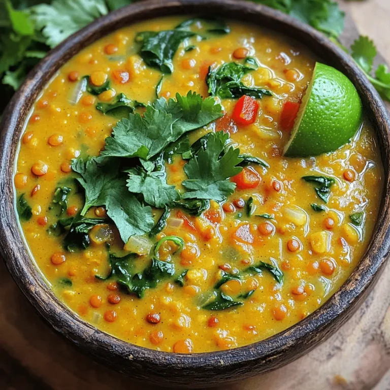 - 1 cup red lentils - 1 can (13.5 oz) coconut milk - 4 cups vegetable broth - 1 medium onion, diced - 2 cloves garlic, minced - 1 tablespoon fresh ginger, grated - 2 tablespoons red curry paste - 1 teaspoon turmeric powder - 1 teaspoon cumin powder - 1 cup diced carrots (about 2 medium carrots) - 1 red bell pepper, diced - 2 cups fresh spinach - Salt and pepper to taste - Fresh cilantro for garnish - Lime wedges for serving Gathering these ingredients sets the stage for a delicious coconut curry lentil soup. The red lentils form the heart of this dish. They cook quickly and offer a smooth texture. Coconut milk adds creaminess and a subtle sweetness. Vegetable broth gives depth, while onion and garlic create a strong base. Fresh ginger brightens the flavor. Red curry paste gives a spicy kick. Turmeric and cumin add warmth and earthiness. The diced carrots and red bell pepper add color and crunch. Finally, fresh spinach brings a vibrant green touch. I suggest using fresh herbs like cilantro for garnish. A squeeze of lime juice brightens each bowl. You can find the full recipe above for easy reference while cooking. Enjoy every bite of this rich and flavorful soup! - Heat olive oil in a pot over medium heat. - Sauté onions until they become translucent, about 5 minutes. - Add minced garlic and grated ginger to the pot. - Incorporate red curry paste, turmeric, and cumin into the mix. Stir well for 2 minutes. - Pour in the vegetable broth and bring it to a boil. - Add rinsed red lentils, diced carrots, and red bell pepper. - Simmer the soup until lentils are tender, about 20 minutes. - Mix in the coconut milk and fresh spinach. - Season with salt and pepper to taste. - Serve hot in bowls, garnished with fresh cilantro and lime wedges. For those eager to dive deeper, check out the Full Recipe for more detailed guidance. To get the best lentils, cook them just until tender. Red lentils can turn mushy if you boil them too long. Start checking them after about 15 minutes. This way, they keep a nice texture. Also, always taste your soup as you cook. Adjust the seasoning with salt and pepper as needed. This simple step makes a big difference in bringing out the flavors. Sautéing ingredients first adds lots of flavor. Start with the onions and let them cook until they are soft. Then, add garlic and ginger for a fragrant base. When you stir in the curry paste and spices, it really wakes up the dish. For a smoother soup, you can blend it after cooking. If it’s too thick, add a little extra broth or water to reach your desired consistency. Garnishing makes your soup look and taste better. Top each bowl with fresh cilantro for a burst of color. A squeeze of lime adds brightness to each bite. For a complete meal, serve the soup with rice or warm naan. This not only makes it filling but also adds different textures to enjoy. You can also place extra veggies on the side for a colorful plate. {{image_2}} You can change the lentils if you like. Green lentils also work great in this soup. They add a different texture and taste. For veggies, feel free to mix it up! You can add sweet potatoes, zucchini, or even peas. Each choice brings a new twist to the soup. Want to switch up the flavor? Try using different curry pastes. Yellow curry paste gives a milder taste, while green curry offers a spicy kick. If you enjoy heat, add chili powder or cayenne pepper. Just a little can spice things up nicely. This soup is naturally vegan and gluten-free. It’s perfect for those diets. You can make a low-calorie option by cutting back on the coconut milk. Use light coconut milk or broth instead. This still keeps the soup rich but helps with calorie count. To store leftovers, let the soup cool down. Use an airtight container to keep it fresh. Place the container in the fridge. The soup will stay good for about three to five days. When you reheat the soup, do it slowly on low heat. Stir often to make sure it warms evenly. You can also use the microwave. Heat in short bursts and stir in between. If you want to freeze coconut curry lentil soup, use a freezer-safe container. Leave some space at the top because soup expands when frozen. You can freeze it for up to three months. When you're ready to eat it, thaw the soup in the fridge overnight. Reheat it on the stove or in the microwave. Freshness is important. Look for signs like off smells or changes in color. If the soup smells sour or looks odd, it’s best to toss it. In the refrigerator, soup can last for about three to five days. Always check for signs of spoilage before eating. For more details about this delicious recipe, see the Full Recipe. How long does it take to make coconut curry lentil soup? Making coconut curry lentil soup takes about 35 minutes from start to finish. You spend around 10 minutes prepping and another 25 minutes cooking. This quick time makes it a great choice for busy nights or cozy weekends. Can I make this soup in advance? Yes, you can make this soup in advance. It stores well in the fridge for up to 4 days. Just let it cool, then place it in an airtight container. Reheat it gently on the stove or in the microwave. Is this soup gluten-free? Absolutely! This soup is gluten-free, as it uses lentils, vegetables, and coconut milk. You can enjoy it without worries if you follow a gluten-free diet. Can I substitute coconut milk with other dairy alternatives? Yes, you can swap coconut milk for other dairy-free options. Almond milk or soy milk can work, but they will change the flavor. Coconut milk gives the soup its rich and creamy texture, so keep that in mind when choosing a substitute. What goes well with coconut curry lentil soup? This soup pairs nicely with crusty bread, rice, or naan. You can also serve it with a side salad for a fresh touch. Adding a squeeze of lime brightens up the flavors too. Can this soup be made spicier? Yes, you can easily make this soup spicier. Add more red curry paste or toss in some chili flakes. Adjust the heat to fit your taste. Enjoy experimenting with flavors! This blog post took you through making a hearty coconut curry lentil soup. We highlighted all the ingredients and their roles in building flavor. You learned step-by-step instructions to prepare the soup, along with valuable tips for perfecting it. Exploring variations and storage options further enhances your cooking experience. In conclusion, this soup is not just delicious but also versatile. Enjoy creating your own unique flavors and impressing friends and family!