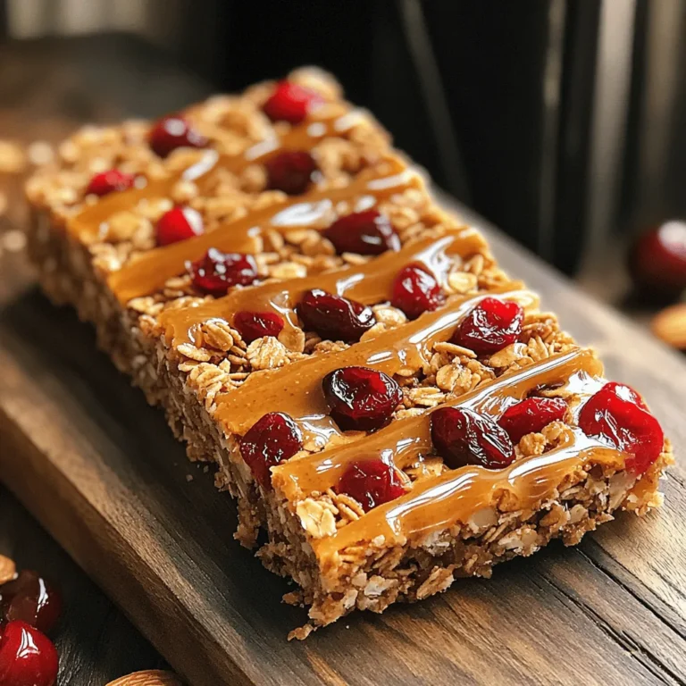 For my Cherry Almond Granola Bars, I use simple and healthy ingredients. They come together quickly and taste amazing. Here’s what you need: - 2 cups rolled oats - 1 cup almonds, chopped - ½ cup dried cherries - ½ cup honey or maple syrup - 1/2 cup almond butter - 1 teaspoon vanilla extract - ½ teaspoon cinnamon - ¼ teaspoon salt - ¼ cup sunflower seeds (optional) Each ingredient plays a role in making these bars delicious and nutritious. The rolled oats give a hearty base. Chopped almonds add crunch, while dried cherries bring sweetness. Honey or maple syrup serves as a natural sweetener. Almond butter adds creaminess and healthy fats. Vanilla extract gives a warm flavor. Cinnamon and salt enhance the taste. If you want more crunch, add sunflower seeds. These ingredients create a perfect blend for a healthy snack. You can find the full recipe in the section above. Start by preheating your oven to 350°F (175°C). This ensures even cooking. Next, take an 8x8 inch baking dish and line it with parchment paper. This makes it easy to remove the bars later. In a large mixing bowl, mix the rolled oats, chopped almonds, and dried cherries. If you want, add sunflower seeds for extra crunch. Sprinkle in the cinnamon and salt. Stir it all together until well mixed. In a small saucepan, add almond butter and honey (or maple syrup). Heat it on low. Stir it often until it melts and becomes smooth. After that, remove it from the heat. Then, add the vanilla extract and give it a good stir. Pour the almond butter mixture over the dry ingredients. Mix it well until everything is coated. Then, transfer this mixture into your prepared baking dish. Press it down firmly and evenly. Use a spatula or your hands to make it compact. Place the baking dish in your preheated oven. Bake for about 20-25 minutes. Look for golden brown edges to know it’s ready. Once done, let it cool in the pan for 10 minutes. After that, lift the bars out using the parchment paper. Place them on a wire rack to cool completely. Once cool, cut them into bars or squares. For the full recipe, check out the earlier section. To make chewy granola bars, you need the right balance of wet and dry ingredients. The almond butter and honey blend helps hold everything together. If you want them chewier, add a bit more almond butter. You can also reduce the oats slightly to keep the bars moist. You can swap ingredients based on what you have. Instead of almonds, use walnuts or pecans. If you don’t have dried cherries, try cranberries or raisins. For honey, maple syrup works great, too. Almond butter can be replaced with peanut butter for a different taste. These changes keep your bars fun and interesting. When you press the mixture into the pan, use a spatula or your hands. It’s important to press firmly and evenly. This helps the bars stay together. Wetting your hands with a little water can help prevent sticking. Make sure to pack the mixture tightly, or they may crumble later. For more detailed steps, check the Full Recipe. Enjoy making your delicious Cherry Almond Granola Bars! {{image_2}} You can change the nuts and seeds in this recipe for Cherry Almond Granola Bars. Use walnuts, pecans, or cashews for different flavors. Add pumpkin seeds or flax seeds for extra crunch and nutrition. Just remember to keep the total amount of nuts and seeds the same. This will keep the bars balanced and tasty. If you want to change the sweetness, you have options. You can use agave nectar, brown rice syrup, or even coconut sugar. Each sweetener adds its own flavor. Just make sure to use the same amount as honey or maple syrup. Experiment to find what you like best in your granola bars. Spices can bring your Cherry Almond Granola Bars to life. Try adding nutmeg or ginger for a warm flavor. You can also mix in a bit of cocoa powder for a chocolate twist. Adding a pinch of sea salt can enhance the sweetness, too. These small changes can make each batch unique and exciting to eat. For the full recipe, visit the Cherry Almond Granola Bars section. To keep your Cherry Almond Granola Bars fresh, use an airtight container. Line the container with parchment paper for easy removal. This method helps maintain their chewy texture and rich flavor. You can also wrap each bar in plastic wrap. This keeps them protected and ready to grab. When stored properly, these bars last up to one week at room temperature. If you want them to last longer, store them in the fridge. They can stay fresh for about two weeks in the fridge. Just remember, the cooler the place, the better they stay. Freezing is a great option for long-term storage. Cut the bars into squares, then wrap each one in plastic wrap. Place them in a freezer-safe bag or container. They can last for up to three months in the freezer. When you're ready to eat, let them thaw in the fridge overnight. Enjoy a quick, healthy snack anytime! For the full recipe, check the details above. You can use fresh cherries, but they change the texture. Fresh cherries add more moisture, so your bars may not hold together as well. If you choose fresh cherries, chop them small and reduce other liquid ingredients. Each bar has about 150 calories. It includes 6 grams of protein, 7 grams of fat, and 20 grams of carbs. They also provide fiber, vitamins, and minerals. This snack gives you energy without added junk. To make these bars vegan, replace honey with maple syrup. Use almond butter that is 100% plant-based. Check your vanilla extract for any additives. Follow the Full Recipe for the best results. Almonds are rich in healthy fats and protein. They help keep your heart healthy and support brain function. Cherries provide antioxidants and vitamins. They help reduce inflammation and improve sleep. Together, they make a great snack! These cherry almond granola bars are easy to make and healthy. We covered the key ingredients, simple steps, and creative variations. You learned how to mix flavors and store your bars well. These tips will help you make them chewy and tasty. Enjoy customizing your recipe! Now, you can make delicious, healthy snacks at home. Your kitchen is ready for fun and flavor!