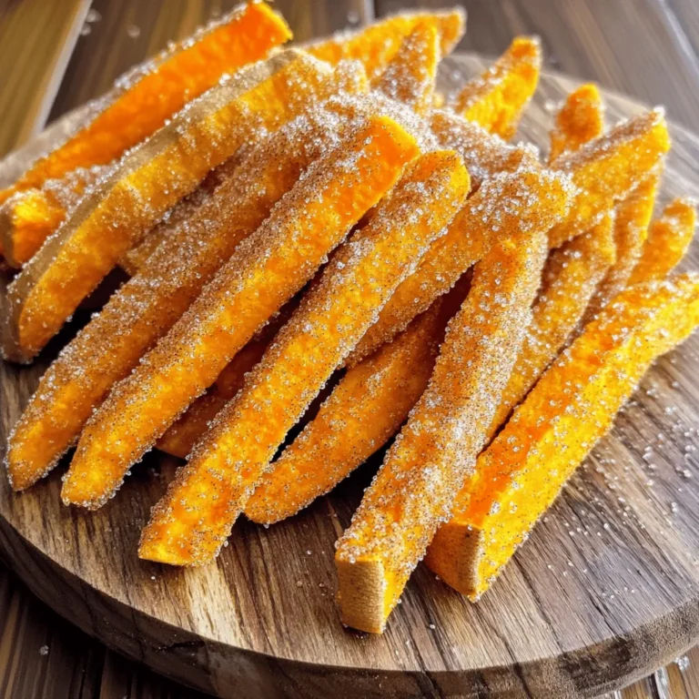 - 2 large sweet potatoes - 2 tablespoons olive oil - 2 tablespoons sugar - 1 teaspoon ground cinnamon - 1/2 teaspoon salt - Optional: 1 tablespoon cornstarch (for extra crispiness) The sweet potatoes are the heart of this dish. They bring a natural sweetness and creamy texture. Olive oil plays a key role in making the fries crispy. It coats the fries and helps them crisp up in the oven. Cinnamon and sugar come together to add a sweet touch. The flavor warms your taste buds and gives a cozy feel. The salt enhances all these flavors, making them pop. If you want an even crunchier bite, consider adding cornstarch. It helps the fries get that perfect crunch. For the full recipe, see the details above. First, peel the sweet potatoes. I use a sharp peeler for this task. After peeling, cut the sweet potatoes into thin fries. Aim for uniform size to help them cook evenly. If the pieces are too thick, they may stay soft inside while the outside gets crispy. Next, place the cut fries in a large bowl. Pour in the olive oil. Toss them well until every fry gets coated. This step is key for crispiness. Now, take a small bowl and mix the sugar, ground cinnamon, and salt. If you want extra crunch, add cornstarch to your sweet potatoes. Then, sprinkle the cinnamon-sugar mix over the fries. Toss again until they are fully coated in the sweet blend. Now it’s time to bake! Preheat your oven to 425°F (220°C). Line a baking sheet with parchment paper. Spread the fries in a single layer on the sheet. This space helps them bake evenly. Make sure they are not touching each other. Bake for 25-30 minutes, flipping them halfway through. This flip helps achieve that golden brown color on all sides. Once done, let them cool slightly before serving. You can sprinkle more cinnamon sugar on top if you like. Enjoy your full recipe for Cinnamon Sugar Sweet Potato Fries! To get that perfect crunch, use cornstarch. It helps draw out moisture. This makes your fries crispier. When you cut your sweet potatoes, keep them thin. Thin fries cook faster and turn crispier. If your fries are thick, add a few extra minutes to the cooking time. Don't be afraid to play with spices. Try adding nutmeg or ginger for a twist. You can also mix in a bit of vanilla extract for extra flavor. If you want your fries sweeter, add more sugar to the mix. Adjust the sweetness to match your taste. Serve your fries with a fun dip. A honey or maple syrup dip pairs great with the sweet flavors. You can also sprinkle chopped nuts on top for a crunchy finish. For the best look, make sure to spread the fries out on the plate. This helps them shine and makes the dish more inviting. Check out the Full Recipe for more ideas! {{image_2}} You can change the taste of your sweet potato fries easily. For a savory kick, try adding garlic powder, smoked paprika, or chili powder. These spices give the fries a unique twist that is both bold and tasty. If you prefer sweet flavors, consider toppings like melted chocolate, maple syrup, or whipped cream. These options can turn your fries into a dessert treat that everyone will love! If you need gluten-free options, this recipe is simple to adapt. Sweet potatoes are naturally gluten-free, making them a great choice. Just be sure to check any toppings or additional spices for hidden gluten. For vegan needs, all ingredients in this recipe are plant-based. You can enjoy these fries without any worries about animal products. You can cook these fries using different methods. Air frying gives you crispy fries with less oil. Set your air fryer to 400°F (200°C) and cook for about 20 minutes, shaking the basket halfway. If you prefer baking, follow the [Full Recipe] instructions for a crunchy finish. If you decide to fry in oil, heat about an inch of oil in a pot. Fry the sweet potatoes in small batches until golden brown. This method gives a rich flavor. Just be careful, as hot oil can be dangerous. To keep your cinnamon sugar sweet potato fries fresh, refrigerate them. Place the fries in an airtight container. This helps lock in moisture and keeps them from getting soggy. Store them in the fridge for up to three days. If you follow these easy steps, your fries will stay tasty. When you're ready to enjoy your leftovers, reheating is key. To keep the fries crispy, use your oven. Preheat it to 400°F (200°C). Spread the fries on a baking sheet. Bake them for about 10 minutes. This will help restore their crunch. You can also use an air fryer for quick reheating, which works great too. If you want to save some for later, freezing is a good option. First, let the fries cool completely. Then, place them in a single layer on a baking sheet. Freeze them for about an hour. After they are frozen, transfer them to a freezer-safe bag. When you’re ready to eat, defrost in the fridge overnight. Reheat as mentioned earlier. This method keeps the fries tasting fresh! For the full recipe, check out the detailed instructions. Cinnamon Sugar Sweet Potato Fries stay fresh in the fridge for about three days. Store them in an airtight container. This helps keep them from drying out. If you notice they lose some crispiness, you can reheat them to regain that crunch. You can prepare the sweet potato fries ahead! Peel and cut them, then store them in the fridge for up to 24 hours. To keep them fresh, place them in a bowl of water. This prevents browning. When you’re ready, just coat them in olive oil and the cinnamon sugar mix before baking. If you need an alternative to olive oil, you can use coconut oil. It adds a hint of sweetness. Canola oil is another option; it has a neutral flavor. Both oils will work well for crispiness and taste. This post covered how to make delicious cinnamon sugar sweet potato fries. We explored key ingredients, such as sweet potatoes and olive oil, and their roles. The step-by-step guide included prep, coating, and baking for perfect fries. Tips on texture, flavor, and presentation helped you elevate your dish. We discussed variations, storing tips, and answered common questions. Enjoy these fries any way you like, and don’t hesitate to get creative! Your cooking can shine with these simple techniques and ideas.