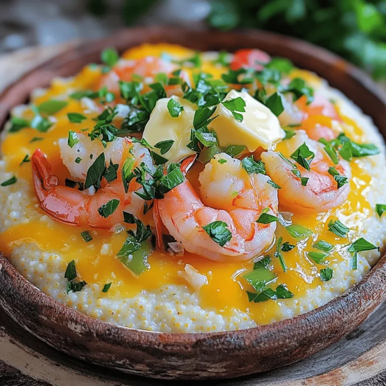 - 1 cup grits (quick-cooking) - 4 cups water or chicken broth - 1 pound large shrimp, peeled and deveined - 4 tablespoons unsalted butter - 4 cloves garlic, minced - 1/2 teaspoon smoked paprika - 1/2 teaspoon red pepper flakes (adjust to taste) - Salt and black pepper, to taste - 1/2 cup grated cheddar cheese - 2 green onions, sliced - Chopped fresh parsley for garnish To make garlic butter shrimp and grits, you need a few key items. First, grab quick-cooking grits. They cook fast and give a nice texture. You want large shrimp that are peeled and deveined. This saves time when cooking. Next, flavor is key. Butter and garlic are must-haves. They give a rich taste that makes the dish shine. Smoked paprika adds a warm note too. It makes the shrimp pop with flavor. For seasoning, I use red pepper flakes. They add heat. You can adjust how much you want based on your spice level. Finally, salt and black pepper bring everything together. Don't forget the cheese! Cheddar adds creaminess and a savory kick. Green onions give a fresh flavor and pretty color. Finish with parsley for a touch of brightness. This combination of ingredients creates a dish that warms your heart. For the complete recipe, check out the full recipe section. - First, boil 4 cups of water or chicken broth in a medium saucepan. - Slowly whisk in 1 cup of quick-cooking grits while stirring. This keeps lumps away. - Reduce the heat to low. Let it simmer for 5-7 minutes. Stir often until thick. - Once thick, add 1/2 cup of grated cheddar cheese. Stir until it melts. - Taste and add salt and pepper as needed. Cover to keep warm. - In a large skillet, melt 4 tablespoons of unsalted butter over medium heat. - Add 4 cloves of minced garlic. Sauté for about 1 minute until fragrant. - Next, add 1 pound of peeled and deveined shrimp. Season with 1/2 teaspoon smoked paprika, 1/2 teaspoon red pepper flakes, salt, and black pepper. - Cook for 3-4 minutes. Flip the shrimp halfway through. They should turn pink and opaque. - To serve, spoon the creamy grits onto a plate. - Top with the garlic butter shrimp and drizzle any sauce from the skillet over it. - Finish with chopped fresh parsley for color and taste. You can find the full recipe [here](#). - Using the right type of grits: Quick-cooking grits work best for this dish. They cook fast and become very creamy. Instant grits are fine, but they may not have the same taste. Stone-ground grits are great too, but they take longer to cook. Always check the package for cooking times. - Avoiding lumps while cooking: To prevent lumps, whisk the grits into boiling water slowly. Stir constantly as you add them. This keeps the grits smooth and creamy. If you see lumps, keep whisking. If they form while cooking, use a fork to break them apart. - Understanding shrimp doneness: Cook shrimp until they turn pink and opaque. This means they are done. Overcooked shrimp become rubbery and tough. Keep a close eye on them while cooking. - Avoiding overcooking: Cook shrimp for just 3-4 minutes. Flip them halfway through for even cooking. Remove them from heat as soon as they look done. They will continue to cook a bit after you take them off the stove. - Possible additions for extra richness: You can add a splash of cream or milk to the grits for a richer taste. A squeeze of lemon juice on the shrimp adds freshness. Fresh herbs like thyme or basil also boost flavor. - Suggestions for spice adjustments: Adjust the heat by adding more or less red pepper flakes. You can also try cayenne pepper for extra kick. If you like mild flavors, reduce the spice or leave it out completely. For the full experience of this comforting dish, refer to the Full Recipe. {{image_2}} To make your garlic butter shrimp spicy, add red pepper flakes. Start with half a teaspoon. You can always add more if you like heat. If you want a different flavor, try using cayenne pepper or hot sauce. Both add nice flavor while giving that spicy kick. If you want a lighter dish, swap regular butter for a healthier option. You can use olive oil or a plant-based butter. These options cut calories but still taste great. For a low-carb twist, skip the grits and serve shrimp over zucchini noodles or cauliflower rice. These keep the dish light but filling. While cheddar cheese is classic, try other cheeses for unique flavors. For a creamier taste, use goat cheese or cream cheese. You can also use a mix of cheeses. Local cheeses from your area can add a fun twist. Think about using pepper jack for a spicy kick or feta for a tangy bite. For the full recipe, check out Garlic Butter Shrimp & Grits Delight. To keep your garlic butter shrimp and grits fresh, store them properly. First, let the dish cool to room temperature. - Use airtight containers for storage. - Separate the shrimp and grits if possible. This helps each part stay fresh. Store in the fridge for up to three days. When reheating, you want to keep the flavors and textures right. - Use a microwave-safe dish. - Heat the grits and shrimp separately to warm them evenly. For the grits, add a splash of broth or water. Stir them every 30 seconds. For the shrimp, heat in a skillet over low heat. This keeps them juicy and tender. Freezing is great for meal prep. You can freeze both shrimp and grits, but they have different methods. - For cooked grits, place them in a freezer bag. Squeeze out all air and seal tightly. - For shrimp, freeze them flat in a single layer before transferring to a bag. You can use this for future meals. Just thaw overnight in the fridge before reheating. Grits are a dish made from ground corn. They are popular in Southern cooking. There are three main types of grits: - White Corn Grits: These have a mild taste and creamy texture. - Yellow Corn Grits: They have a slightly sweeter flavor and rich color. - Stone-Ground Grits: They are less processed, giving a coarser texture and stronger taste. Grits offer many nutritional benefits. They are a good source of carbohydrates. They also contain iron and B vitamins. Plus, they are low in fat, making them a healthy choice. Yes, frozen shrimp work well for this dish. They are convenient and save time. When using frozen shrimp, follow these tips: - Choose quality shrimp: Look for shrimp that are flash-frozen for best taste. - Thaw properly: Place shrimp in the fridge overnight or run cold water over them. Avoid using warm water, as it can spoil the shrimp. You can serve many delicious sides with this dish. Here are a few ideas: - Collard Greens: Their slight bitterness pairs well with the rich shrimp. - Cornbread: A sweet, warm cornbread complements the savory flavors. - Fried Green Tomatoes: They add a crispy texture to your meal. For drinks, consider these options: - Sweet Tea: This Southern classic is refreshing and flavorful. - White Wine: A crisp Sauvignon Blanc enhances the shrimp's taste. - Lemonade: The citrus can balance the richness of the dish. For the complete recipe, check out the Full Recipe. In this post, we explored how to make garlic butter shrimp and grits. We went over the key ingredients, from grits to shrimp, and added flavor enhancers. I provided step-by-step instructions to guide you through the cooking process. You learned tips for creamy grits and perfectly cooked shrimp. You can even make variations based on your taste. Now, enjoy this dish with family or friends. Cooking should bring joy and great meals to your table.