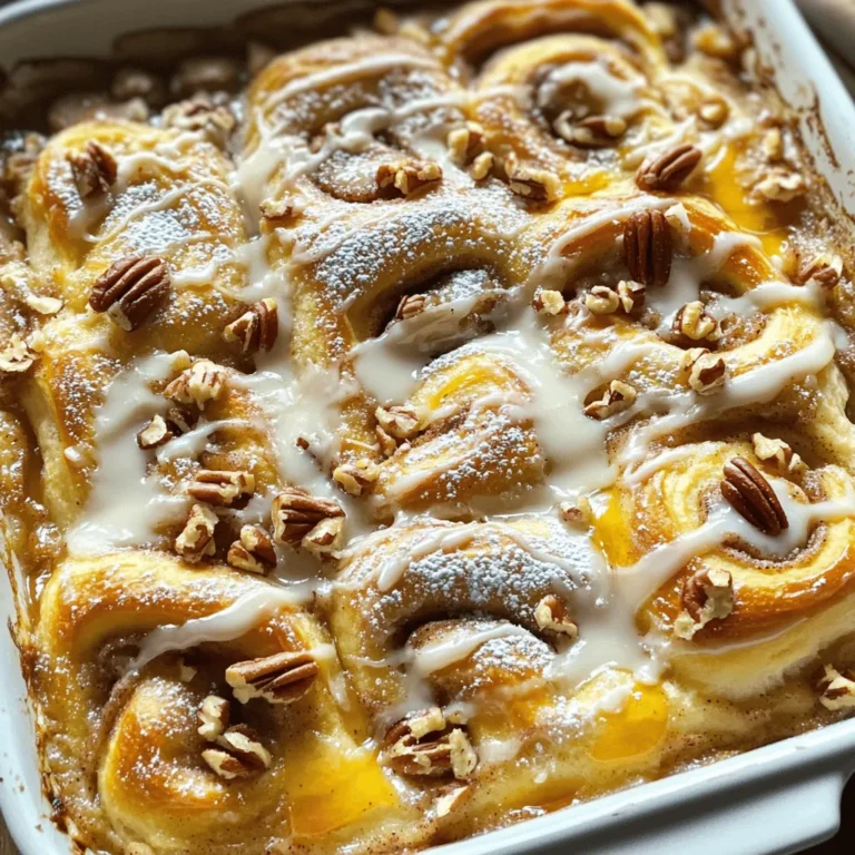 To make this tasty dish, you need simple ingredients. Here’s what you need: - 2 cans (8 oz each) refrigerated cinnamon rolls - 4 large eggs - 1 cup milk - 1/2 cup heavy cream - 2 teaspoons vanilla extract - 1 teaspoon ground cinnamon - 1/2 cup brown sugar These main ingredients create a rich and sweet base for your casserole. You can add your own twist to the casserole with optional ingredients: - 1/2 cup chopped pecans (for crunch) - 1/2 cup maple syrup (for extra sweetness) - Powdered sugar (for dusting) Feel free to mix and match based on what you like. Using fresh and quality ingredients makes a big difference. Fresh eggs and milk enhance flavor. Good cinnamon adds warmth and spice. When you choose quality, your casserole will taste much better. Trust me; it is worth it! For the complete recipe, check out the Full Recipe. - Prepping the Baking Dish Start by preheating your oven to 350°F (175°C). Grab a 9x13-inch baking dish and coat it with non-stick spray. This helps the casserole come out easily later. - Cutting the Cinnamon Rolls Open the cans of refrigerated cinnamon rolls. Set aside the icing packets for later use. Take each roll and cut it into quarters. Place these pieces evenly in the baking dish. In a large bowl, whisk together four large eggs, one cup of milk, and half a cup of heavy cream. Add in two teaspoons of vanilla extract, one teaspoon of ground cinnamon, and half a cup of brown sugar. Mix well until everything blends together. This batter is what makes your casserole rich and tasty. - How to Tell When It's Done Pour the egg mixture over the cinnamon roll pieces. Press down gently to soak them well. If you like, sprinkle half a cup of chopped pecans on top for extra crunch. Bake in the oven for 25 to 30 minutes. You will know it’s done when the casserole is puffed and golden brown. This step-by-step guide should make your cinnamon roll casserole simple and fun to prepare! For the full recipe, check out the details above. When making cinnamon roll casserole, avoid these common mistakes. First, do not skip the egg mixture. It helps bind the rolls. If you forget to soak the pieces, they can turn out dry. Second, do not overcrowd the baking dish. Leave enough space for even cooking. Lastly, don’t skip the icing. The sweet drizzle makes the dish special. To get the best texture, follow a few simple tips. Cut the cinnamon rolls into even quarters. This helps them soak up more of the egg mixture. Use a mix of milk and heavy cream for a rich flavor. Baking at the right temperature is key. Make sure your oven is preheated to 350°F. This ensures your casserole puffs up nicely. You can easily boost the flavor of your dish. Try adding fruits like apples or berries for a fresh twist. If you like nuts, sprinkle in chopped pecans for a crunch. A dash of nutmeg or ginger can add warmth too. For a sweeter finish, drizzle more maple syrup on top. These small changes can make a big difference! For the full recipe, check out the earlier section. {{image_2}} You can make your cinnamon roll casserole even better! Adding fruits gives it a fresh twist. Try apples or berries for a juicy burst. Just chop them up and mix them in before baking. They add sweetness and a fun texture. If you want a nut-free option, skip the pecans. Use sunflower seeds or keep it simple. The casserole will still taste great without nuts. For gluten-free options, use gluten-free cinnamon rolls. Many brands offer this now. You can follow the same steps as the full recipe. It will still be delicious and fluffy. If you're looking for vegan alternatives, swap eggs with flaxseed meal. Mix one tablespoon of flaxseed with two and a half tablespoons of water. Let it sit for five minutes to thicken. Use almond milk instead of regular milk and cream. Your casserole will still shine! To keep your cinnamon roll casserole fresh, store it in an airtight container. Make sure to let it cool completely first. If you leave it out, it may dry out or spoil quickly. You can also cover the dish with plastic wrap or aluminum foil. This way, it stays moist and tasty. When you want to enjoy leftover casserole, preheat your oven to 350°F (175°C). Place the casserole in the oven for about 10-15 minutes. This warms it up without drying it out. You can also use the microwave. Heat a single serving for about 30-45 seconds. Check that it warms evenly. If you have extra casserole, you can freeze it. Cut it into pieces and wrap each piece in plastic wrap. Then, place the wrapped pieces in a freezer bag. Be sure to label the bag with the date. The casserole will keep well for up to three months. To enjoy, simply defrost it in the fridge overnight. Then, reheat as needed. Enjoy this cinnamon roll casserole again, just like fresh! You can tell the casserole is done when it is golden brown and puffy. A toothpick test also works. Insert a toothpick in the center. If it comes out clean, your dish is ready. The edges may pull away from the sides of the pan slightly. Yes, you can prepare the casserole the night before. Just follow the recipe steps but stop before baking. Cover the dish with plastic wrap and chill it in the fridge. In the morning, take it out and let it sit for about 30 minutes. Then, bake as directed. This casserole pairs well with fresh fruit, like berries or bananas. You can also serve it with a side of yogurt for creaminess. A hot cup of coffee or tea complements the flavors nicely, too. Store any leftovers in an airtight container. Keep them in the fridge for up to three days. If you want to keep it longer, you can freeze individual portions. Make sure to wrap them well to prevent freezer burn. Absolutely! Homemade cinnamon rolls work great in this dish. Just cut them into quarters as you would store-bought ones. This adds a personal touch and makes the casserole even more special. You can find the full recipe to get started! To sum up, we explored the key ingredients for a tasty cinnamon roll casserole. I shared steps for preparing and baking it, along with tips for perfect texture. Variations let you customize flavors and meet dietary needs. Proper storage keeps leftovers fresh, and the FAQs address common questions. Get ready to impress with your delicious dish! You have all the tools to create a perfect casserole that everyone will love.