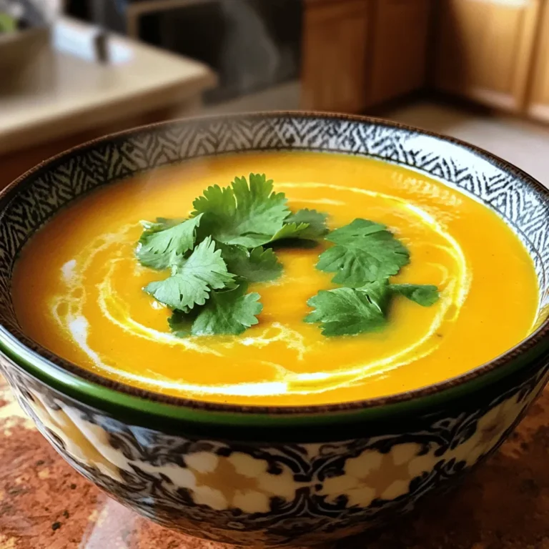 To make a tasty carrot ginger soup, you need these simple ingredients: - 500g carrots, peeled and chopped - 1 medium onion, chopped - 3 tablespoons fresh ginger, grated - 2 garlic cloves, minced - 4 cups vegetable stock - 1 can (400ml) coconut milk - 1 tablespoon olive oil - 1 teaspoon ground cumin - 1 teaspoon ground coriander - Salt and pepper to taste - Fresh cilantro leaves for garnish Using fresh ingredients can make your soup taste better. Fresh carrots have a sweet flavor and great texture. Fresh ginger adds a bright, spicy kick. Onions and garlic also bring depth to the soup. Packaged ingredients may save time but can lack flavor. If you want the best taste, stick with fresh. You can swap some ingredients if you need to. Here are a few ideas: - Carrots: Sweet potatoes or butternut squash work well. - Coconut milk: Use almond milk or heavy cream for a different taste. - Olive oil: Any cooking oil, like canola or avocado oil, can replace it. - Ground spices: You can use fresh spices or other blends if you like. Feel free to get creative! You can customize this carrot ginger soup to fit your tastes. For the full recipe, check out the detailed instructions to bring this dish to life. To start, gather your ingredients. You will need olive oil, onion, garlic, and ginger. Heat the olive oil in a large pot over medium heat. Add the chopped onion and cook until it turns soft and clear. This takes about five minutes. Next, add the garlic and ginger. Stir them for one more minute until they smell great. This step builds a strong base for your soup. Now, it’s time for the carrots. Add the chopped carrots to the pot and mix well. Pour in the vegetable stock to cover the carrots. Bring the pot to a boil. Once it boils, lower the heat and let it simmer for 20 to 25 minutes. The carrots should be soft when done. This is when the spices come into play. Add ground cumin and coriander to the mix. These spices will add a nice depth to the soup. After your carrots are tender, take the pot off the heat. Use an immersion blender to blend the soup until it is smooth. If you don’t have one, pour the soup in batches into a regular blender. Once blended, return the soup to the pot. Stir in the coconut milk and heat it gently. Finally, season with salt and pepper to your taste. Your Carrot Ginger Bliss Soup is now ready to serve! You can find the full recipe above to guide you through this tasty journey. To boost the taste of your carrot ginger soup, focus on fresh ingredients. Fresh ginger adds a bright zing. Use high-quality vegetable stock for depth. You can also try adding a dash of lemon juice. This gives a nice brightness. If you like heat, add a pinch of cayenne pepper. This spice will wake up your taste buds. For a creamy texture, use coconut milk as seen in the Full Recipe. It adds richness without dairy. Blend the soup well to remove any lumps. An immersion blender works best for this. If you want extra creaminess, add a potato to the mix. The potato will thicken the soup naturally while blending. Garnishes make your soup look pretty and taste better. I love using fresh cilantro leaves. They add a fresh flavor. You can also sprinkle some toasted pumpkin seeds on top. This adds a nice crunch. A swirl of coconut milk makes it look fancy too. Enjoy your soup with a slice of crusty bread! {{image_2}} You can easily spice up your carrot ginger soup. To add heat, include chopped fresh chili peppers. I like using jalapeños for a nice kick. You can also add a teaspoon of red pepper flakes while cooking. This gives the soup warmth and depth. Just remember to adjust the heat to your taste! If you want a creamier soup, try adding more coconut milk. You can also use heavy cream or cashew cream for a rich flavor. Blending in a peeled potato can also create a smooth texture. It adds creaminess without changing the taste much. Pair your soup with crusty bread or warm naan. A simple salad with greens and a light dressing works well too. You can even serve it with a side of grilled cheese for a fun twist. Each of these options brings out the flavors in the soup. For the full recipe, check out the Carrot Ginger Bliss Soup section above. Storing leftover carrot ginger soup is easy. First, let the soup cool down. Once it's cool, pour it into airtight containers. Make sure to leave some space at the top for expansion. Label the containers with the date. This way, you won't forget when you made it. Keep the soup in the fridge for up to five days. Freezing is a great option if you want to save the soup for later. Use freezer-safe containers or heavy-duty freezer bags. Pour the cooled soup inside, leaving some room for air. Seal them tightly to avoid freezer burn. You can freeze the soup for up to three months. When you're ready to eat, just thaw it in the fridge overnight. Reheating carrot ginger soup is simple. You can use a pot on the stove or the microwave. If using a pot, add a splash of water or stock to keep it moist. Heat over low until warm. If using a microwave, heat in short bursts and stir often. This helps the soup heat evenly. Always taste and adjust the seasoning after reheating. Enjoy your delicious soup again! You can find the full recipe [here](#). Carrot Ginger Soup is packed with healthy benefits. Carrots are rich in vitamins. They provide vitamin A for good vision and skin health. Ginger helps with digestion and may reduce nausea. The coconut milk adds healthy fats, which can boost energy. This soup is low in calories but high in flavor, making it a great choice for anyone. Eating this soup can support your immune system too. Plus, it is hydrating and comforting during colder months. Yes, you can make Carrot Ginger Soup ahead of time. It stores well in the fridge for up to five days. Just let it cool before you pack it in an airtight container. When you are ready to eat, reheat it on the stove or in the microwave. The flavors will deepen as it sits, making it even tastier. You can also freeze it for up to three months. It’s a great meal prep option! Absolutely! Carrot Ginger Soup is vegan-friendly. The recipe uses vegetable stock and coconut milk, which contain no animal products. This makes it a great choice for those following a vegan diet. You can enjoy the creamy texture without any dairy. This soup is tasty, healthy, and simple to make. For the full recipe, check out the Carrot Ginger Bliss Soup section above. This blog post covered all you need for making carrot ginger soup. I shared the full ingredient list, tips for freshness, and common substitutes. You learned step-by-step how to prepare and blend the soup, plus tricks to boost flavors and creaminess. We also explored fun variations and key storage tips. In conclusion, carrot ginger soup is easy to make and delicious. Try the variations to find your favorite. Enjoy each bowl packed with taste and health!