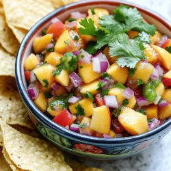 - Fresh peaches: Look for ripe, juicy peaches. They should feel soft when you gently squeeze them. A ripe peach adds the best sweet flavor to your salsa. - Other vegetables and herbs: Use red onion for sharpness, jalapeño for heat, red bell pepper for sweetness, and fresh cilantro for a burst of freshness. Each ingredient brings its own unique taste. - Seasonings: Squeeze fresh lime juice for a tangy kick. Add salt and pepper to balance the flavors. If you like sweet salsa, mix in honey for extra sweetness. These ingredients combine to create a refreshing and vibrant salsa that shines in any dish. You can find the complete recipe in the Full Recipe section. To make fresh peach salsa, gather your ingredients first. You need ripe peaches, red onion, jalapeño, red bell pepper, cilantro, lime juice, and salt. 1. Start by dicing the ripe peaches. Place them in a medium mixing bowl. 2. Next, finely chop the red onion. Add it to the bowl with the peaches. 3. Now, deseed and mince the jalapeño. This gives the salsa a nice kick. 4. Dice the red bell pepper and toss it in. It adds color and crunch. 5. Finely chop the fresh cilantro and mix it in. This adds a fresh touch. 6. Squeeze the lime juice over the mixture. Season it with salt and pepper to taste. If you like it sweet, drizzle in the honey and stir well. Allow the salsa to sit for at least 15-30 minutes. This resting time helps the flavors meld together. It makes the salsa taste better and more balanced. For texture, make sure your peaches are ripe but firm. This keeps them from getting mushy. Adjust the jalapeño to control the heat. If you want it milder, use less or remove the seeds. Serve the salsa in a colorful bowl. Garnish with extra cilantro leaves on top. Pair it with tortilla chips or use it on grilled chicken or fish for a refreshing meal. For the full recipe, refer to the section above. Enjoy making your fresh peach salsa! Selecting the right peaches and vegetables Choose ripe peaches that are firm but slightly soft to the touch. Look for peaches with a sweet aroma. These will give your salsa the best flavor. For the vegetables, pick fresh red onions, crisp red bell peppers, and a vibrant jalapeño. Fresh ingredients make a big difference. Adjusting spice levels according to preference If you want more heat, leave the seeds in the jalapeño. For less spice, use just half of the jalapeño or omit it. You can also add other peppers like serranos for a different kick. Taste your salsa as you mix, and adjust the spice to fit your taste. Storing salsa for optimal freshness Keep your peach salsa in an airtight container. Store it in the fridge for up to three days. If you want to keep it longer, consider freezing it. Just remember, fresh salsa does not freeze well, and the texture may change. Always use fresh ingredients for the best taste. For a complete guide on making this refreshing dish, check out the Full Recipe. {{image_2}} You can have fun with peach salsa by trying new flavors. Here are some ideas to get you started. - Tropical additions: Add diced mango or pineapple. These fruits bring a sweet twist. The bright taste of mango pairs well with peaches. Pineapple adds a tangy note that makes the salsa pop. - Spicy variations: Want more heat? Try using different peppers. A serrano pepper gives more spice than a jalapeño. You can also sprinkle in some cayenne or chili powder for extra kick. Adjust the spice to suit your taste. - Herb substitutions: Change up the herbs for a fresh twist. Basil or mint can replace cilantro. Basil adds a sweet and savory touch. Mint brings a cool flavor that brightens the salsa. Experiment and find what you like best. These twists keep your peach salsa exciting and fun. They let you explore new tastes while keeping it simple. For the full recipe, check out the Peachy Paradise Salsa section. To keep your fresh peach salsa tasty, store it in the fridge. Use an airtight container. This helps keep the flavors strong and the salsa fresh. Always place it at the back of your fridge, where it’s coldest. You might wonder, can I freeze fresh peach salsa? Yes, you can! However, the texture may change after freezing. If you're okay with that, use a freezer-safe container. Leave some space at the top. This allows the salsa to expand as it freezes. How long does fresh peach salsa last? In the fridge, it stays good for about 3 to 5 days. Look for signs of spoilage. If it smells sour or has a strange color, it’s best to toss it. Always trust your nose and eyes! Can I use canned peaches instead of fresh? Yes, you can use canned peaches if fresh ones are not available. However, fresh peaches have a better taste and texture. If you use canned peaches, choose those packed in juice, not syrup. Drain them well before using. What dishes pair well with fresh peach salsa? Fresh peach salsa works well with many dishes. It tastes great with grilled chicken, fish, or pork. You can also serve it with tortilla chips for a fun snack. Use it as a topping for tacos or salads too. How long does it take for the flavors to develop? You should let the salsa sit for at least 15-30 minutes. This time allows the flavors to blend together. The longer it sits, the better it tastes. You can even make it a few hours ahead for more flavor. Is fresh peach salsa spicy? How can I adjust the heat? Fresh peach salsa can be spicy due to jalapeño peppers. If you want less heat, remove the seeds and inner ribs of the jalapeño. You can also use less jalapeño or add a milder pepper. For more heat, add more jalapeño or a hotter pepper. Fresh peach salsa brings vibrant flavors to any meal. You learned about selecting ripe peaches, mixing in fresh veggies, and adjusting spices. I shared step-by-step instructions, tips for the best texture, and how to store this tasty dish. Don't forget to try fun variations like adding mango or different herbs. With this guide, you can create your own fresh peach salsa at home. Enjoy experimenting with flavors and serving it with your favorite dishes!