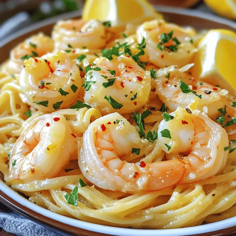 - 1 lb large shrimp, peeled and deveined - 4 tablespoons unsalted butter - 4 cloves garlic, minced - 1/2 teaspoon red pepper flakes - 1/4 cup chicken broth - 2 tablespoons lemon juice - 1/4 cup chopped fresh parsley - Salt and pepper, to taste - Lemon wedges for garnish Gathering the right ingredients is key to making great garlic butter shrimp scampi. I always start with fresh shrimp. The size matters; large shrimp create a nice bite. Peel and devein them for the best texture. Next, I grab unsalted butter. Butter adds richness and flavor. I use four cloves of minced garlic, which bring a lovely aroma and taste. For heat, I add red pepper flakes. Just half a teaspoon gives a nice kick. I also use chicken broth and fresh lemon juice. These two ingredients balance the dish. The broth adds depth while the lemon juice brings brightness. Finally, I like to finish the dish with parsley. Chopped fresh parsley adds color and freshness. Don't forget salt and pepper to enhance all those great flavors. Lemon wedges on the side make for a perfect garnish. If you want the full recipe, you can check out the details above. To start, you need to cook the pasta. I recommend linguine or spaghetti for this dish. Bring a large pot of salted water to a boil. Once it boils, add the pasta. Cook it according to the package instructions until it is al dente. This usually takes about 8 to 10 minutes. Before you drain the pasta, remember to reserve about 1 cup of pasta water. This water is key for adjusting the sauce later. Now, let's move on to cooking the shrimp. In a large skillet over medium heat, melt 2 tablespoons of butter. Once the butter melts, add the minced garlic and red pepper flakes. Sauté this mixture for about 30 seconds. You want the garlic to be fragrant but not brown. Next, add the shrimp to the skillet. Make sure to season them with salt and pepper. Cook the shrimp for about 2-3 minutes on each side. They should turn pink and opaque when done. Once the shrimp are cooked, it’s time to make the sauce. Pour in 1/4 cup of chicken broth and 2 tablespoons of lemon juice. Scrape the bottom of the skillet to mix in any bits of flavor. Let this simmer for about 2 minutes. Now, add the drained pasta to the skillet. Toss everything together. If the pasta seems dry, gradually add some of the reserved pasta water to get a creamy texture. Finally, stir in the remaining 2 tablespoons of butter and the chopped parsley. Adjust the seasoning with more salt and pepper if needed. And just like that, you have a flavorful Garlic Butter Shrimp Scampi ready to serve! For the full recipe, check the full recipe section. To avoid overcooking shrimp, watch the color closely. Cook them just until they turn pink. This usually takes about 2-3 minutes per side on medium-high heat. Remove them from the heat as soon as they are opaque. If you leave them too long, they will turn rubbery. For a creamy sauce, add a bit of reserved pasta water. This water contains starch, which helps thicken the sauce and gives it a silky texture. Mix it in slowly until you reach your desired creaminess. To boost flavor, consider adding a pinch of smoked paprika or cayenne pepper. Both spices add depth and a bit of heat. You can also try a splash of white wine for extra richness. Fresh herbs like basil or chives can brighten your dish. Sprinkle them on just before serving for a fresh taste. Fresh lemon zest can also add a nice citrus note. A large skillet is best for making scampi. Look for one with a wide base. This allows for even cooking and easy stirring. Use a wooden spoon or silicone spatula for mixing. These tools help you avoid scratching your skillet. A good set of measuring spoons helps ensure you get the right amounts. For the full recipe, check the [Full Recipe]. {{image_2}} For those with dietary needs, there are great options. You can use gluten-free pasta. Many brands make pasta from rice or corn. They cook up just as tasty. If you avoid dairy, try using vegan butter. It works well in this dish. You can also use olive oil for a lighter touch. Want more taste? You can add spices for heat. Try using more red pepper flakes or even cayenne. A little goes a long way in boosting flavor. You can also toss in veggies. Spinach wilts nicely, adding color and nutrients. Cherry tomatoes add sweetness and a pop of flavor. Both options make the dish feel fresh and lively. Pair this dish with a crisp salad. A simple green salad balances the rich flavors of the shrimp. You can also serve it with garlic bread for a comforting touch. Choosing the right pasta can enhance your meal. While linguine is classic, penne or fettuccine can work too. Each pasta shape brings a different texture to the table. For the full recipe, check out the details above. Enjoy your cooking! To keep shrimp scampi fresh, store it in an airtight container. Make sure to cool it first. I recommend using glass containers. They help keep flavors strong and prevent spills. Label your container with the date. This way, you won’t forget when you made it. When reheating, use a skillet over low heat. Add a splash of chicken broth to keep it moist. Stir gently until the shrimp is warm. This method helps maintain the dish's texture. You can also add a bit of butter for extra flavor. If you need a quick method, use the microwave. Heat in short bursts, stirring in between. Yes, you can freeze garlic butter shrimp scampi! To freeze, let it cool completely. Then, place it in a freezer-safe bag or container. Remove as much air as possible before sealing. It can last up to three months in the freezer. To thaw, move it to the fridge overnight. Reheat gently, as mentioned above. How do I know when shrimp are fully cooked? You can tell shrimp are done when they turn pink and opaque. The flesh will also curl slightly. If the shrimp are still gray, they need more time. Cook them for about 2-3 minutes per side. Can I use frozen shrimp instead of fresh? Yes, you can use frozen shrimp. Just make sure to thaw them first. Place them in the fridge overnight or run them under cold water. This keeps them safe and easy to cook. What can I use instead of chicken broth? You can use vegetable broth or white wine. Both options will add great flavor. If you want to keep it simple, water works too, but it won’t be as rich. How can I make this recipe more spicy? Add more red pepper flakes to the dish. You can also use fresh chopped chili peppers. Adjust the amount to fit your taste. What to serve with garlic butter shrimp scampi? This dish pairs well with a fresh salad or garlic bread. You can also serve it over rice or with steamed vegetables for a complete meal. Can this dish be made ahead of time? Yes, you can prep the shrimp and sauce ahead of time. However, it’s best to cook the pasta fresh before serving. This keeps it from getting mushy. For the full recipe, check out the earlier section. In this article, we covered the essentials for making delicious garlic butter shrimp scampi. You learned about the key ingredients and the step-by-step cooking process. I shared tips to perfect your shrimp and enhance the dish's flavor. We also discussed variations based on dietary needs and ways to store leftovers properly. Cooking shrimp scampi is simple and fun. With these tips and recipes, you can impress anyone at your table. Happy cooking!