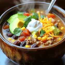 To make this easy taco soup, you will need: - 1 lb ground turkey or beef - 1 can (15 oz) black beans, rinsed and drained - 1 can (15 oz) kidney beans, rinsed and drained - 1 can (15 oz) corn, drained - 1 can (28 oz) diced tomatoes (with juices) - 1 packet taco seasoning - 1 cup chicken or vegetable broth - 1 red bell pepper, diced - 1 small onion, chopped - 2 cloves garlic, minced - Salt and pepper to taste - 1 tablespoon olive oil - Optional toppings: Sour cream, shredded cheese, cilantro, and avocado You can swap ingredients based on what you have. If you don’t have ground turkey or beef, try ground chicken or a meat substitute. For the beans, use pinto or navy beans instead. If you can’t find red bell pepper, yellow or green will work fine. You can also replace diced tomatoes with tomato sauce for a smoother soup. Toppings make the soup more fun! I suggest adding: - Sour cream for creaminess - Shredded cheese for a cheesy bite - Fresh cilantro for a burst of flavor - Avocado for richness These toppings not only enhance the taste, but they also make the soup look great. Feel free to mix and match based on your taste! For the full recipe, check out [Full Recipe]. To start, gather all your ingredients. You will need: - 1 lb ground turkey or beef - 1 can (15 oz) black beans, rinsed and drained - 1 can (15 oz) kidney beans, rinsed and drained - 1 can (15 oz) corn, drained - 1 can (28 oz) diced tomatoes (with juices) - 1 packet taco seasoning - 1 cup chicken or vegetable broth - 1 red bell pepper, diced - 1 small onion, chopped - 2 cloves garlic, minced - Salt and pepper to taste - 1 tablespoon olive oil - Optional toppings: Sour cream, shredded cheese, cilantro, and avocado Chop the onion and red bell pepper into small pieces. Mince the garlic cloves. This prep makes cooking quick and easy. 1. In a large pot or Dutch oven, heat the olive oil over medium heat. 2. Add the chopped onion and bell pepper. Sauté for 4-5 minutes until they soften. 3. Stir in the minced garlic and cook for one more minute. 4. Add the ground turkey or beef to the pot. Cook until browned, breaking it up with a spoon, about 6-8 minutes. 5. Stir in the taco seasoning and cook for one minute until fragrant. 6. Add the diced tomatoes (with juices), black beans, kidney beans, corn, and broth. 7. Bring the mixture to a boil. Reduce the heat and let it simmer for 20-25 minutes. 8. Season with salt and pepper to taste before serving. Serve this taco soup hot. You can add optional toppings like sour cream, shredded cheese, cilantro, and avocado. These toppings boost flavor and add a creamy touch. You can find the full recipe to guide you through each step. Enjoy your meal! To boost the taste of your taco soup, add fresh herbs. Cilantro is a great choice. It gives a bright flavor. You can also try squeezing lime juice on top. This adds a zing that wakes up the dish. For a smoky touch, add a bit of smoked paprika or chipotle. These spices bring depth and warmth. You could also sauté some jalapeños with the onion and pepper. This adds heat and flavor. Remember, taste as you go. Adjust the salt and pepper to suit your taste. To save time, use canned beans and corn. They are quick and easy. You can also pre-chop your veggies ahead of time. Store them in the fridge for quick use later. Another time-saver is to use ground turkey or beef. They cook fast and blend nicely in the soup. If you are short on time, try using a store-bought taco seasoning. It cuts down on prep and still tastes great. One mistake is not cooking the meat fully. Make sure it is browned completely. This adds flavor and keeps your soup safe. Do not skip the sautéing step for the veggies. This builds a solid base for your soup. Another common error is adding too much liquid. Stick to the broth amount in the Full Recipe. If you add too much, your soup may be too watery. Lastly, don’t forget to taste your soup before serving. This way, you can adjust seasonings for the best flavor. {{image_2}} Want to make a vegetarian taco soup? It's easy! Just skip the meat and add more beans. Black beans and kidney beans work well. You can also add lentils or quinoa for protein. Use vegetable broth instead of chicken broth. Toss in extra veggies like zucchini, carrots, or bell peppers. This way, you keep it colorful and tasty. If you like heat, add jalapeños or chili powder to your soup. You can also use spicy taco seasoning. Another great option is to add chipotle peppers in adobo sauce. These give a smoky flavor and heat. For an extra kick, top your soup with hot sauce or diced fresh chilies. Just be careful not to overdo it! For a low-carb or keto taco soup, replace beans with cauliflower. Cauliflower rice is a great swap. It keeps the texture but cuts carbs. You can also add more meat, like shredded chicken or beef. Use a low-carb taco seasoning mix. This way, you enjoy all the flavor without the extra carbs. Try these variations to fit your taste and diet! For more details, check out the Full Recipe. You can store your easy taco soup in the fridge. Place it in an airtight container. It will stay fresh for about 3 to 4 days. Make sure to let the soup cool down before sealing it. This helps keep the texture and flavor intact. If you want to keep it longer, freeze the soup. Pour the cooled soup into freezer-safe bags or containers. Remove as much air as possible to avoid freezer burn. It will last for about 3 months in the freezer. When you’re ready to eat, thaw it in the fridge overnight. To reheat your taco soup, you can use the stove or microwave. If using the stove, heat it in a pot over medium heat. Stir often to heat evenly. If using the microwave, place it in a bowl and cover it. Heat it in short bursts, stirring in between. Always check the temperature before serving to ensure it’s hot throughout. For a touch of freshness, add a squeeze of lime or some chopped cilantro before serving. Enjoy your balanced meal! Yes, you can make Easy Taco Soup in a slow cooker! Simply brown the meat and cook the veggies in a pan first. This step adds flavor. Then, transfer everything to your slow cooker. Add all the remaining ingredients, including the diced tomatoes and beans. Cook on low for 6 to 8 hours or high for 3 to 4 hours. This method gives the soup a nice depth of flavor. Taco Soup pairs well with many sides. You can serve it with crunchy tortilla chips for a great texture. A fresh green salad adds a nice touch. You can also try cornbread for a sweet contrast. For a fun twist, consider serving with quesadillas or grilled cheese sandwiches. Each side adds a new flavor to your meal! You can store leftovers of Easy Taco Soup in the fridge for about 3 to 4 days. Make sure to place it in an airtight container. If you want to keep it longer, consider freezing it. Taco soup freezes well for about 2 to 3 months. When you want to eat it again, just thaw it in the fridge overnight and reheat it on the stove or in the microwave. Enjoy your delicious soup anytime! This blog post shared key ingredients and cooking steps for easy taco soup. We explored tasty substitutes and suggested great toppings. You learned time-saving tips and how to avoid common mistakes. We also highlighted variations like vegetarian and low-carb options. Lastly, I covered storage and reheating methods. Taco soup is simple and fun to make. It's a great dish for meals any day. Enjoy your cooking, and let your flavors shine!