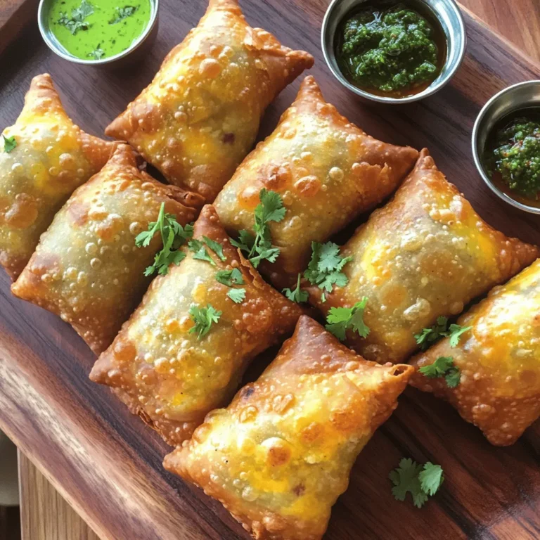 To make tasty vegetable samosas, you need a few key ingredients: - 2 cups all-purpose flour - 1/4 cup vegetable oil - 1/2 teaspoon salt - Water (as needed for dough) - 2 tablespoons ghee or oil (for frying) - 2 medium potatoes, boiled and mashed - 1 cup mixed vegetables (peas, carrots, and corn), boiled - 1 teaspoon cumin seeds - 1 teaspoon garam masala - 1 teaspoon coriander powder - 1 teaspoon turmeric powder - 1 teaspoon red chili powder - Salt to taste - Fresh coriander leaves, chopped (for garnish) These ingredients give you a great base for flavor and texture. You can add some optional ingredients to make your samosas even better: - Chopped green chilies for heat - Ginger, grated for a fresh taste - Lemon juice for tanginess - Crushed nuts like cashews for crunch These options can take your samosas to the next level! If you need to change things up, here are some substitutions: - Use whole wheat flour instead of all-purpose flour for a healthier dough. - Swap ghee for coconut oil for a vegan option. - Replace mixed vegetables with your favorites like spinach or bell peppers. Feel free to experiment based on what you have at home. Cooking should be fun and flexible! For the complete recipe, check out the Full Recipe. Enjoy making your samosas! To make the dough, mix 2 cups of all-purpose flour, 1/2 teaspoon of salt, and 1/4 cup of vegetable oil in a bowl. Stir until the mix looks crumbly. Next, add water slowly, just a bit at a time. Knead until the dough is smooth and firm. This step is key for good texture. Cover the dough with a damp cloth and let it rest for 30 minutes. Resting helps the dough become softer and easier to work with. For the filling, heat 2 tablespoons of ghee or oil in a large skillet over medium heat. Add 1 teaspoon of cumin seeds. Cook them until they pop and smell great. Then, add 2 medium potatoes, boiled and mashed, along with 1 cup of mixed vegetables like peas, carrots, and corn. Stir this mix well. Next, add your spices: 1 teaspoon of garam masala, 1 teaspoon of coriander powder, 1 teaspoon of turmeric powder, 1 teaspoon of red chili powder, and salt to taste. Cook for about 5 minutes. This allows the spices to blend well. Remove it from heat and let it cool. Finally, add chopped fresh coriander leaves for a burst of flavor. Start by dividing the rested dough into small balls. Roll each ball into a thin oval shape. Cut this oval in half to make two semi-circles. Take one semi-circle and fold it into a cone shape, sealing the curved edge with a bit of water. Make sure to pinch the edges tightly. Open the cone and add 1-2 tablespoons of your vegetable filling. Seal the top edge by moistening it again with water and pinching it shut. This keeps the filling safe inside. Now you are ready to fry! Heat oil in a deep pan over medium-high heat. Add the samosas in batches, frying them for about 3-4 minutes until they turn golden brown and crispy. Make sure not to overcrowd the pan. Remove them and let them drain on paper towels. Serve hot with chutney or yogurt sauce for a delicious treat. [Full Recipe] To achieve that delightful crunch, start with the right dough. Use cold water to make your dough. This helps it stay firm. Letting it rest is key too. A good 30 minutes is perfect. When frying, the oil must be hot but not smoking. This ensures the outer layer becomes crispy without absorbing too much oil. One mistake is using too much water in the dough. This makes it sticky and hard to handle. Another common error is overfilling the samosas. This can cause them to burst while frying. Always pinch the edges well to seal them. Lastly, avoid frying too many at once. This lowers the oil temperature and makes them soggy. Frying is the classic way to cook samosas. Use a deep pan for even heat. If you want a healthier option, consider baking them. Brush the samosas with oil before placing them in the oven. Bake at 400°F for about 25 minutes, turning halfway through. This gives you a lighter, crispy samosa without the extra oil. For a full guide with detailed steps, check out the Full Recipe. {{image_2}} You can change the filling to make your samosas special. Instead of just potatoes and peas, try these fun options: - Paneer: Use crumbled paneer for a creamy texture. - Lentils: Cooked lentils add protein and a hearty bite. - Spicy Mushrooms: Sauté mushrooms with spices for a rich flavor. - Spinach and Feta: Mix sautéed spinach with feta cheese for a twist. These fillings let you explore flavors and find your favorite. You can enjoy samosas in two ways: baked or fried. - Fried Samosas: Frying gives them a crispy, golden crust. This method keeps the filling moist and flavorful. - Baked Samosas: Baking is healthier. Brush them with oil before baking for a nice crunch. Bake until golden brown for a lighter option. Both styles taste great. Choose the one that fits your mood or diet. Samosas shine when served with the right chutneys. Here are some great options: - Mint Chutney: Fresh and zesty, it balances the spices. - Tamarind Chutney: Sweet and tangy, it adds a unique flavor. - Yogurt Sauce: Creamy yogurt cools the heat from spices. Pairing samosas with these dips makes for a fun and tasty snack. Enjoy your culinary adventure with the Full Recipe, and remember to mix and match! To keep your leftover samosas fresh, place them in an airtight container. Line the bottom with paper towels to absorb moisture. Keep the container in the fridge. This helps maintain their crispiness for up to three days. If you have many samosas, you can stack them with parchment paper between layers. For the best taste when reheating, use an oven. Preheat it to 350°F (175°C). Place the samosas on a baking sheet and heat for about 10-15 minutes. This warms them up and keeps them crispy. You can also use an air fryer. Set it to 350°F (175°C) and cook for 5-7 minutes. If you prefer, you can microwave them for quick reheating. However, this may make them soft, not crispy. Freezing is a great way to save samosas for later. First, allow them to cool completely. Then, place them in a single layer on a baking sheet. Freeze for 1-2 hours until firm. After that, transfer the samosas to a freezer-safe bag. They can last up to 3 months in the freezer. To cook frozen samosas, no need to thaw. Just fry or bake them straight from the freezer. Enjoy the flavors of your homemade samosas anytime! For the full recipe, check out the cooking section earlier in this article. Samosas have a rich history that goes back centuries. They likely started in the Middle East. These tasty snacks spread to India through trade. Samosas evolved over time, gaining local flavors. Today, they are loved worldwide. You can find many versions, from spicy to sweet. Yes, you can make vegetable samosas ahead of time. Prepare the filling and dough, then store them separately. Keep them in the fridge for one day. You can also freeze them for longer storage. Just make sure to thaw them before frying. This way, you can enjoy fresh samosas anytime. Chutneys enhance the flavor of samosas. Here are some great options: - Mint chutney: Fresh, zesty, and cooling. - Tamarind chutney: Sweet and tangy with a hint of spice. - Yogurt sauce: Creamy and soothing, perfect for balancing heat. Feel free to mix and match these chutneys for more flavor. You can even try making your own unique dips! For the full recipe, check out the details above. We explored the essential and optional ingredients for making vegetable samosas. I shared step-by-step instructions for preparing the dough and fillings. You learned tips for crispy results and common mistakes to avoid. Variations could spice up your samosas, and there are smart ways to store leftovers. Enjoying samosas is easy and fun, whether fresh or frozen. Now, with this knowledge, you can create a tasty treat sure to impress. Happy cooking!