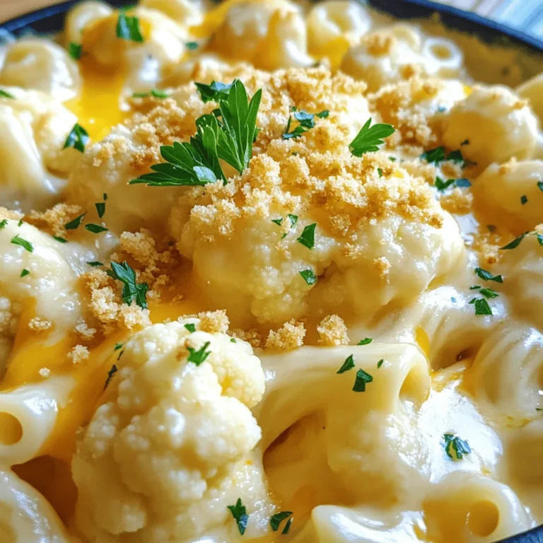 - 1 large head of cauliflower, cut into florets - 1 cup elbow macaroni (or gluten-free pasta of choice) - 2 cups shredded sharp cheddar cheese - 1 cup grated Parmesan cheese - 2 cups milk (dairy or plant-based) - 1/4 cup unsalted butter - 1/4 cup all-purpose flour (or gluten-free flour) - 1 teaspoon garlic powder - 1 teaspoon onion powder - 1/2 teaspoon mustard powder - Salt and pepper to taste - 1/2 cup breadcrumbs (optional, for topping) - Fresh parsley for garnish (optional) Cauliflower mac and cheese uses simple, fresh ingredients. The head of cauliflower gives this dish its unique twist. Cauliflower adds a mild flavor and boosts nutrition. The elbow macaroni provides that classic comfort food feel. I like using sharp cheddar cheese for its rich taste. Parmesan cheese adds depth and creaminess to the sauce. For the sauce, I start with butter and flour. This roux thickens the milk and makes it creamy. Garlic and onion powder enhance the flavor. Mustard powder adds a slight zing. I season with salt and pepper to taste. You can easily make it your own. Add breadcrumbs on top for crunch. A sprinkle of fresh parsley brightens the dish. You can find the Full Recipe for more details. Enjoy this comforting meal that warms the heart! 1. Blanching cauliflower florets: Start by bringing a large pot of salted water to a boil. Once boiling, add the cauliflower florets. Blanch them for about 3-4 minutes. You want them tender but still firm. After blanching, use a slotted spoon to remove the florets and set them aside. This step keeps the cauliflower bright and tasty. 2. Cooking macaroni to al dente: In the same pot of boiling water, add the elbow macaroni. Cook it according to the package instructions until it is al dente. This means it should be firm to the bite. Drain the pasta and set it aside. This method ensures a perfect balance of textures. 1. Creating the roux with butter and flour: In a saucepan, melt 1/4 cup of unsalted butter over medium heat. Once it’s melted, whisk in 1/4 cup of all-purpose flour. Stir this mixture for about 1-2 minutes until it turns light golden. This roux forms the base of your cheese sauce. 2. Thickening the sauce with milk: Gradually whisk in 2 cups of milk, stirring constantly to avoid lumps. Keep cooking until the sauce thickens and bubbles, which takes around 5-7 minutes. This step creates a smooth, creamy sauce that will coat your pasta perfectly. 1. Mixing pasta, cauliflower, and cheese sauce: In a large mixing bowl, combine the drained pasta, blanched cauliflower florets, and your creamy cheese sauce. Stir well so everything is evenly coated. This blend makes each bite rich and flavorful. 2. Optional baking for a crispy top: If you want a crispy top, preheat your oven to 350°F (175°C). Pour the mac and cheese mixture into a greased baking dish. Sprinkle breadcrumbs on top for added crunch. Bake for 20-25 minutes until the top is golden-brown. This adds a delightful texture to your dish. For the complete recipe, refer to the Full Recipe section. To make a smooth cheese sauce, start with a roux. Melt butter in a pot, then whisk in flour. Cook it for about two minutes. This helps thicken your sauce and prevents lumps. For the best flavor and texture, I recommend using sharp cheddar and Parmesan. Sharp cheddar gives a rich taste, and Parmesan adds a nice depth. Mix them well until they melt completely into the sauce. Blanching cauliflower is key to keeping it crisp. Boil the florets for about 3-4 minutes. You want them tender but firm. This helps them cook evenly in the oven later. To boost flavor while blanching, add a pinch of salt to the water. You can also squeeze in a bit of lemon juice. This adds a fresh taste that enhances the dish. Garnish your Cauliflower Mac and Cheese with fresh parsley for a pop of color. It also adds a nice herbal note. For a complete meal, serve it with a simple green salad or grilled chicken. This balances the rich and creamy dish, making it a satisfying dinner. Get more tips and tricks in the [Full Recipe]. {{image_2}} You can make this dish gluten-free with some simple swaps. Start by using gluten-free pasta. There are many great options available in stores. You can also replace the all-purpose flour with gluten-free flour in the cheese sauce. This keeps the dish creamy without the gluten. If you want a vegan version, try plant-based cheese and milk. Almond milk or oat milk works well for the sauce. For the cheese, look for brands that melt nicely. You can also make vegan breadcrumbs using crushed nuts or oats. This adds a great crunch without dairy. To boost the taste, consider adding veggies. Spinach or broccoli mixes well with the cheese sauce. You can also try spices like paprika or cayenne for a kick. Experimenting with flavor helps you find your perfect balance. For the complete details on this dish, check out the Full Recipe. To keep your Cauliflower Mac and Cheese fresh, store it in an airtight container. Let it cool before sealing it. This helps prevent condensation. You can refrigerate leftovers for about 3 to 5 days. If you want to enjoy it later, make sure to check for any off smells or changes in color before eating. You can freeze Cauliflower Mac and Cheese for longer storage. First, allow it to cool completely. Then, place it in a freezer-safe container or bag. Press out any extra air before sealing. This helps avoid freezer burn. It can last up to 3 months in the freezer. When you're ready to eat, thaw it in the fridge overnight. For reheating, place it in the oven at 350°F (175°C) until warmed through. You can also microwave it, stirring occasionally to heat evenly. For a crispy top, consider broiling for a few minutes. Enjoy this comforting dish anytime! Yes, you can prepare this dish in advance. Cook it, then cool it down. Store it in the fridge for up to three days. When ready, just heat it up. This makes your meal easy and quick. Absolutely! Cauliflower Mac and Cheese works great for meal prep. You can portion it into containers. It stores well and reheats nicely. This makes it a perfect choice for busy weeks. Using cauliflower has many health perks. It is low in carbs and calories. Cauliflower is high in fiber, which helps digestion. Plus, it is packed with vitamins C and K. You get a tasty dish with more nutrients. To add spice, try these tips. Mix in red pepper flakes or hot sauce. You can also add diced jalapeños for heat. For more flavor, toss in herbs like thyme or rosemary. These changes will elevate your dish. To reheat, first, let it thaw in the fridge overnight. When ready, preheat your oven to 350°F. Place it in an oven-safe dish and cover with foil. Bake for about 20-25 minutes until hot. This method keeps it creamy and delicious. For the full recipe of Cauliflower Mac and Cheese, check the section above. You learned how to make a tasty Cauliflower Mac and Cheese in this post. We covered the ingredients, including cauliflower, pasta, and cheese. You saw step-by-step instructions to create a rich, creamy sauce. I shared tips to perfect your dish and suggestions for variations, like gluten-free or vegan options. In closing, this dish is fun to make and easy to adapt. Enjoy cooking, and don't hesitate to get creative with flavors!