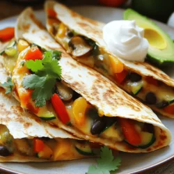 - 1 cup bell peppers (red, yellow, green), diced - 1 cup zucchini, diced - 1 cup mushrooms, sliced - 1 small red onion, diced - 2 cloves garlic, minced - 1 teaspoon cumin - 1 teaspoon chili powder - 1 cup black beans, drained and rinsed - 1 ½ cups shredded cheese (cheddar or Mexican blend) - 4 large flour tortillas - 2 tablespoons olive oil - Salt and pepper to taste These ingredients create a bright and tasty dish. The bell peppers add color and crunch. Zucchini brings a soft texture, while mushrooms offer a nice umami flavor. Red onion gives a sweet bite, and garlic adds depth. Black beans add protein and fiber, making this a hearty meal. - Fresh cilantro, chopped - Sour cream or avocado for serving - Recommended sauces or dips Garnishes can enhance your quesadilla experience. Fresh cilantro adds a pop of flavor. Sour cream adds creaminess, while avocado provides a rich taste. You can pair your quesadillas with salsa or guacamole for extra zest. For a fun twist, try different dips like chipotle mayo or yogurt sauce. Enjoy experimenting with flavors! To start, heat 1 tablespoon of olive oil in a large skillet over medium heat. I like to add the diced red onion and minced garlic first. Sauté them for about 3-4 minutes until the onions turn soft and clear. Next, toss in the diced bell peppers, zucchini, and sliced mushrooms. Sprinkle in the cumin, chili powder, salt, and pepper. Cook everything together for 5-7 minutes. This step helps the veggies become tender and flavorful. Once your veggies are soft, it's time to add the black beans. Stir them into the mix, making sure to combine everything well. Let it cook for an additional 2 minutes. This warms up the beans and blends the flavors. After that, taste the mixture. You can adjust the seasoning if needed. A little more salt or pepper can enhance the taste. Now, we get to the fun part! Heat another tablespoon of olive oil in a separate skillet over medium-high heat. Place one large tortilla in the skillet. On one half of the tortilla, spread about ¼ of your vegetable mixture. Sprinkle with ¼ cup of shredded cheese. Fold the tortilla over to cover the filling. Cook the quesadilla for 2-3 minutes on each side until it turns golden brown and the cheese melts. Repeat this process for the other tortillas. Finally, cut the cooked quesadillas into wedges. I love to garnish mine with fresh cilantro. Serve them on a warm plate with sour cream or avocado on the side. For the full recipe, refer to the section above. Enjoy your flavorful meal! When picking vegetables, fresh is best. Fresh veggies taste better and have more nutrients. Look for bright colors and firm textures. If fresh isn't an option, frozen can work too. They are often frozen at peak ripeness, keeping their taste and nutrients. For seasonal veggies, consider: - Spring: Asparagus, spinach, and radishes - Summer: Zucchini, bell peppers, and corn - Fall: Squash, sweet potatoes, and broccoli - Winter: Kale, carrots, and Brussels sprouts You can change your quesadilla to fit your taste. Try different cheeses like mozzarella or pepper jack for a kick. You can also add extras like spinach, corn, or beans for more flavor. For vegetarian options, black beans and cheese are great. For vegan quesadillas, use a plant-based cheese and skip the dairy. You can also load up on fresh veggies for a tasty filling. You can cook quesadillas in a skillet or on a griddle. A skillet lets you control heat easily. A griddle can cook more quesadillas at once, which is great for parties. If you want a healthier twist, try an air fryer. It gives a crispy texture without lots of oil. Just set it to 375°F and cook for about 10 minutes. Flip halfway for even cooking. For a full recipe, check out the Veggie Fiesta Quesadillas. {{image_2}} You can change the taste of your quesadillas easily. For a Southwest twist, add spices like smoked paprika and cayenne. This gives a nice kick. You can also try Mediterranean flavors. Use feta cheese and olives for a fresh taste. These flavors bring a whole new vibe to your meal. Switching up your veggies can keep things fun. Try using spinach, corn, or even sweet potatoes. Each swap offers a new taste. You can also make these quesadillas gluten-free. Just use corn tortillas instead of flour tortillas. They are just as tasty and perfect for everyone. How you serve your quesadillas can change the game. Pair them with a side salad for a fresh crunch. A warm soup also makes a great match. For dips, think outside the box. Try salsa verde or a creamy avocado dip. These add flavor and fun to your meal. Enjoy exploring different ways to serve your quesadillas! To keep your leftover quesadillas fresh, store them in the fridge. Wrap each quesadilla in plastic wrap or foil. You can also place them in an airtight container. This helps keep moisture out and flavor in. Leftover quesadillas can last up to three days in the fridge. If you want to save them for later, freezing is a great option. Place the wrapped quesadillas in a freezer-safe bag. Make sure to label the bag with the date. They can last up to three months in the freezer. When ready to eat, just thaw them overnight in the fridge. When it’s time to enjoy your quesadillas again, you have two main options: the oven or the microwave. Using the oven gives you a crispy finish. Preheat your oven to 375°F (190°C). Place the quesadillas on a baking sheet. Heat them for about 10-15 minutes, flipping halfway through. This method keeps the outside crunchy and the inside warm. The microwave is quicker but may make the quesadillas a bit soggy. To reheat, place the quesadilla on a microwave-safe plate. Heat it for 30-60 seconds, checking to avoid overheating. To keep that crispy texture, you can also use a skillet. Heat the skillet over medium heat. Cook each quesadilla for about 2-3 minutes on each side. This way, you bring back the crispiness while warming them through. For the best results, choose the method that fits your time and taste. If you need a substitute for tortillas, there are great options. For gluten-free diners, use corn tortillas or lettuce wraps. You can also try using large cabbage leaves. They add a nice crunch and are good for wraps. For a healthy twist, consider using whole grain or spinach tortillas. They add fiber and nutrients while making your quesadilla taste fresh. To add some heat to your quesadillas, try jalapeños or serrano peppers. You can chop them finely and mix them into your filling. Hot sauce is another great option. A few dashes can really amp up the flavor. Spice blends like taco seasoning or cayenne pepper also work well. Just remember, start with a little. You can always add more heat later! Yes, you can make these quesadillas ahead of time. Start by preparing the filling and letting it cool. Store it in an airtight container in the fridge. You can assemble the quesadillas later when needed. For best results, reheat in a skillet to keep them crispy. If you freeze them, wrap each one tightly in foil. Just thaw overnight in the fridge before reheating. You now have a great guide for making delicious vegetable quesadillas. We covered the essential ingredients, step-by-step cooking methods, and useful tips. Remember, you can customize these quesadillas to match your taste. Use fresh veggies and your favorite spices for the best results. Don’t be afraid to experiment with different flavor profiles or serve them with unique dips. This makes every meal exciting. Enjoy your time in the kitchen, and happy cooking!