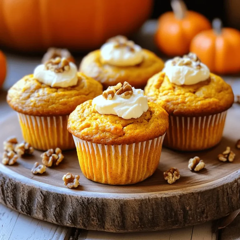 - 1 cup all-purpose flour - 1 cup whole wheat flour - 1 teaspoon baking powder - 1 teaspoon baking soda - 1 teaspoon ground cinnamon - ½ teaspoon nutmeg - ½ teaspoon salt - 1 cup canned pumpkin puree - 1 cup granulated sugar - ½ cup brown sugar, packed - ½ cup vegetable oil - 3 large eggs - 1 teaspoon vanilla extract - 4 oz cream cheese, softened - 1 tablespoon honey (optional) - Chopped walnuts or pecans for topping (optional) Making these pumpkin cream cheese muffins starts with gathering the right ingredients. Each component helps build the rich flavor. First, the essential ingredients create the base. The all-purpose and whole wheat flour bring texture. Baking powder and baking soda help the muffins rise. Next, the spices and flavorings add warmth. Ground cinnamon brings sweetness, while nutmeg adds a hint of earthiness. Salt enhances all these flavors, making them pop. For the wet ingredients, the canned pumpkin puree gives moisture and a lovely orange hue. The sugars sweeten the muffins. Vegetable oil makes them moist, while eggs help bind everything. Vanilla extract adds a lovely aroma, and cream cheese provides a creamy surprise. You can add honey for extra sweetness if you like. Lastly, sprinkle some chopped walnuts or pecans on top for a delightful crunch. For the full recipe, check out the section above. Each ingredient plays a role in making these muffins a savory fall delight. - Preheat your oven to 350°F (175°C). - Line your muffin tin with paper liners or grease it with non-stick spray. - In a large bowl, whisk together: - 1 cup all-purpose flour - 1 cup whole wheat flour - 1 teaspoon baking powder - 1 teaspoon baking soda - 1 teaspoon ground cinnamon - ½ teaspoon nutmeg - ½ teaspoon salt - In another bowl, mix together: - 1 cup canned pumpkin puree - 1 cup granulated sugar - ½ cup brown sugar - ½ cup vegetable oil - 3 large eggs - 1 teaspoon vanilla extract - Blend until smooth and well combined. - Gently fold the dry ingredients into the wet mixture. - Be careful not to overmix. The batter should remain slightly lumpy. - In a small bowl, stir 4 oz of softened cream cheese until creamy. - If you like, add 1 tablespoon of honey for extra sweetness. - Fill each muffin liner halfway with the pumpkin batter. - Add a dollop of cream cheese mixture on top. - Cover with more pumpkin batter until the cups are about 3/4 full. - Optionally, sprinkle chopped walnuts or pecans on top for a nice crunch. - Bake in the oven for about 20-25 minutes. - Check with a toothpick; it should come out clean when done. For the full recipe, refer to the detailed instructions above. - Avoid overmixing the batter for fluffy muffins. Overmixing can lead to tough muffins. - Use room temperature ingredients for better mixing. This helps create a smoother batter. - Experiment with spices or add chocolate chips for extra flavor. Try nutmeg or ginger for warmth. - Drizzle honey before serving for extra sweetness. It adds a lovely touch to the muffins. - Allow muffins to cool before serving for better texture. Cooling helps them set and taste better. - Serve warm or with cream cheese spread. This makes a delightful treat for breakfast or dessert. For the full recipe, make sure to check out the detailed instructions. {{image_2}} You can make these muffins gluten-free. Just use gluten-free all-purpose flour. This swap works well to keep the texture. You may need to adjust the baking time. Check for doneness a few minutes early. For a vegan version, swap eggs with flax eggs or applesauce. This change keeps the muffins moist and fluffy. Replace cream cheese with a dairy-free option. Look for plant-based cream cheese in stores. Want to mix it up? Add dried fruit like cranberries or raisins. These fruits add a nice tartness. You can also mix in chocolate chips for a rich twist. This will make your muffins even more delightful. For the full recipe, check the section above. To keep your pumpkin cream cheese muffins fresh, place them in an airtight container. They stay tasty at room temperature for up to 3 days. If you want them to last longer, put them in the fridge. This helps keep them moist and delicious. You can freeze these muffins for longer storage. First, freeze them in a single layer on a baking sheet. Once they are solid, transfer them to a freezer bag. This way, they won’t stick together. When you want to enjoy one, just thaw it at room temperature or warm it in the oven. To enjoy your muffins warm, you can microwave them. Heat them for 10 to 15 seconds. If you prefer, you can reheat them in a 350°F oven for 5 to 10 minutes. This brings back their fresh-baked taste and makes them nice and cozy. Pumpkin cream cheese muffins typically last about 3 days at room temperature. If you store them in the refrigerator, they can stay fresh for up to a week. The cold helps keep them moist and tasty. Yes, you can bake these muffins ahead of time. Once they cool, store them in an airtight container. This helps keep their flavor and texture intact for when you want to enjoy them. Absolutely! These muffins make a delicious and hearty breakfast option. They are filling and provide a nice mix of flavors. Pair them with a warm drink for a cozy morning. You can add many things to enhance your muffins. Consider mixing in nuts, seeds, or chocolate chips. Dried fruits like cranberries or raisins also add a sweet touch and extra texture. These additions make each bite interesting and fun. If you want the full recipe, check out [Full Recipe]. You now have all the steps and tips to create delicious Pumpkin Cream Cheese Muffins. We covered the key ingredients, essential techniques, and even tasty variations. These muffins are perfect for breakfast or as a snack. Don't forget to use fresh ingredients and try new flavors to make them your own. Enjoy baking and sharing these treats with family and friends. You’ll impress everyone with your tasty creation!