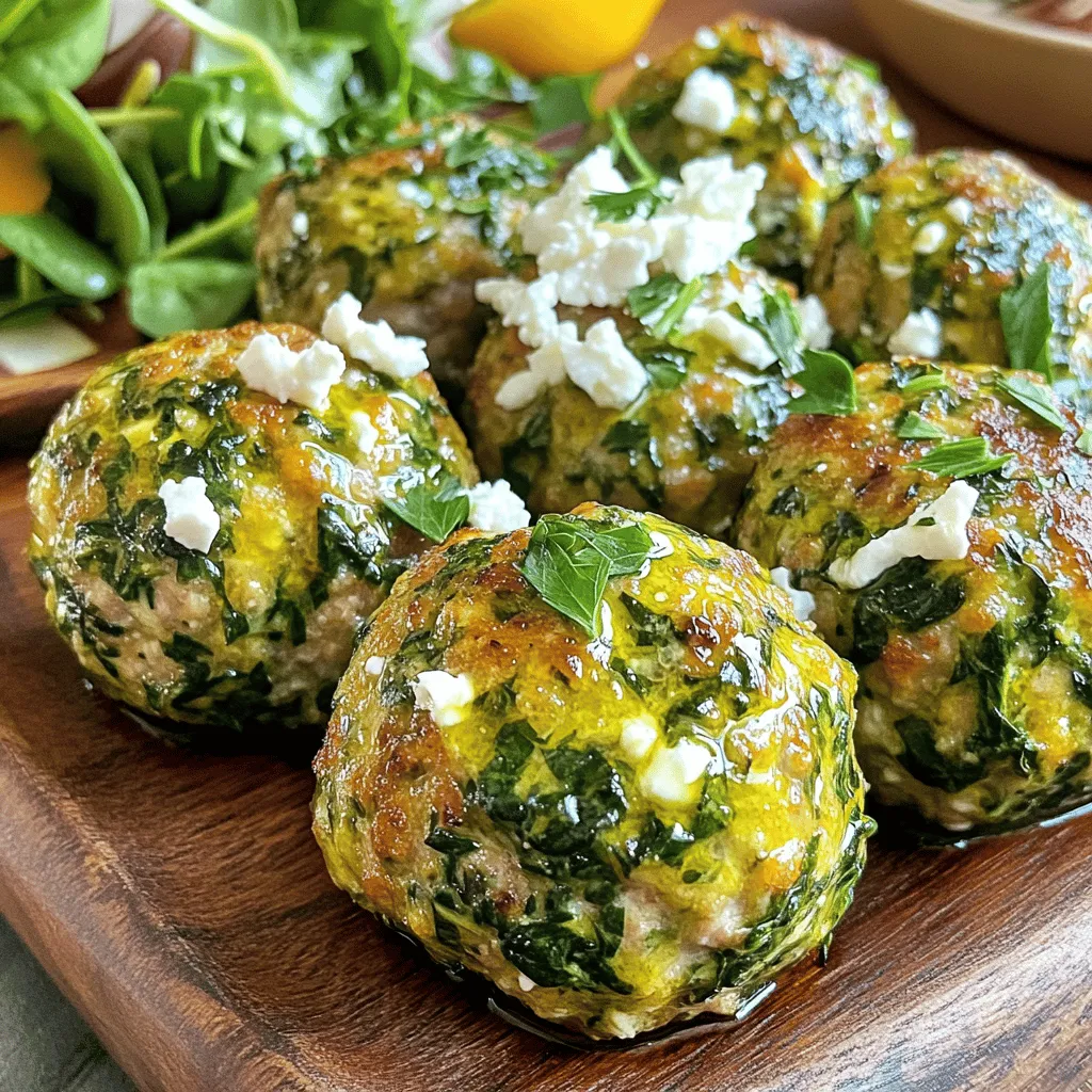 For this tasty dish, you will need: - 1 lb ground turkey - 1 cup fresh spinach, chopped - 1/2 cup feta cheese, crumbled - 1/2 cup breadcrumbs (preferably whole wheat) - 1/4 cup grated Parmesan cheese - 1 egg - 2 cloves garlic, minced - 1 teaspoon dried oregano - 1 teaspoon dried basil - Salt and pepper to taste - Olive oil for cooking - Fresh parsley for garnish (optional) I prefer fresh ingredients for the best taste. Fresh spinach adds vibrant flavor and nutrition. Frozen spinach works too, but be sure to drain it well. It can be watery if not squeezed out. Fresh garlic gives a sharp taste, while jarred garlic is milder. Use what you have, but fresh is always better when you can get it! Each ingredient packs a punch in nutrition: - Ground turkey is lean and high in protein. It helps build muscle and keeps you full. - Spinach is rich in iron and vitamins A and C. It boosts your immune system. - Feta cheese adds calcium and protein, plus a tangy flavor. - Whole wheat breadcrumbs provide fiber, helping with digestion. - Garlic has many health benefits, including boosting heart health. These ingredients not only taste great together, but they also support a healthy lifestyle. For the full recipe, check out the link provided! To start, preheat your oven to 400°F (200°C). Line a baking sheet with parchment paper. This makes cleanup easy. In a large bowl, add 1 pound of ground turkey. Then, toss in 1 cup of chopped spinach and 1/2 cup of crumbled feta cheese. Next, mix in 1/2 cup of breadcrumbs and 1/4 cup of grated Parmesan cheese. Crack in 1 egg, and add 2 minced garlic cloves, 1 teaspoon of oregano, 1 teaspoon of basil, and some salt and pepper. Mix everything together with your hands. Make sure to blend well, but do not overmix. Overmixing can make the meatballs tough. Once your mixture is ready, scoop out about 1 1/2 tablespoons of it. Roll it into a ball using your hands. Place the meatball on the prepared baking sheet. Repeat this step until all the mixture is shaped into meatballs. You should have about 20 meatballs. Lightly drizzle or spray them with olive oil. This helps them get nice and golden while cooking. You can choose to bake or pan-fry your meatballs. Baking is easier and healthier. Place the baking sheet in the oven and cook for 20-25 minutes. Make sure the meatballs reach an internal temperature of 165°F (74°C) using a meat thermometer. If you prefer pan-frying, heat some olive oil in a skillet over medium heat. Add the meatballs and cook for about 10-12 minutes. Turn them often until they are golden brown and cooked through. Both methods yield tasty meatballs, so pick your favorite. For the full recipe, check the detailed instructions. To keep your meatballs moist, do not overmix the ingredients. Mixing too much makes them tough. Use a light hand when combining the turkey, spinach, and cheese. Adding an egg helps bind everything and keeps moisture in. You can also add a splash of milk or broth for extra juiciness. Use fresh herbs like basil and oregano for the best taste. Fresh spinach adds flavor and nutrition. Crumbled feta cheese lends a salty, creamy touch that blends well with turkey. You can also mix in a bit of lemon zest for bright flavor. Experiment with garlic and onion powder for more depth. Bake your meatballs at 400°F for 20-25 minutes. This high heat helps them brown nicely. Use a meat thermometer to check for doneness. They should reach 165°F inside. Let them rest for a few minutes after baking. This helps juices redistribute, making every bite tender and delicious. For the full recipe, be sure to check out my detailed guide on creating these tasty meatballs. {{image_2}} You can change the flavor of your meatballs by adding herbs and spices. Try using fresh herbs like thyme or dill. Both add a bright taste. You can also experiment with spices like paprika or cumin. A touch of chili powder brings heat. Just remember, start small. You can always add more. If you want to switch proteins, ground chicken works well. It has a similar taste and texture. Ground beef is another option for a richer flavor. For a meatless choice, use lentils or chickpeas. Mash them up and mix with the other ingredients. Each choice gives a unique twist to the recipe. These meatballs taste great with different sauces. A classic marinara is always a hit. You can also try a tangy yogurt sauce or a spicy sriracha dip. For sides, a fresh salad or roasted vegetables complement the meatballs nicely. You can even serve them in a pita with veggies for a fun wrap. Find the Full Recipe and enjoy the cooking adventure! After you enjoy your spinach feta turkey meatballs, store any leftovers. Place them in an airtight container. You can keep them in the fridge for up to three days. Make sure they cool down before sealing. This helps keep them fresh and tasty. You can freeze these meatballs for later meals. First, let them cool completely. Then, arrange them in a single layer on a baking sheet. Freeze for about an hour. Once frozen, transfer them to a freezer bag. They can last up to three months in the freezer. To thaw, move them to the fridge overnight. You can also warm them quickly in the microwave. Reheating meatballs can be easy and tasty. The oven is a great option. Preheat it to 350°F (175°C). Place the meatballs on a baking sheet and heat for 10-15 minutes. You can also use a microwave for a quick meal. Just heat them on medium power for about 1-2 minutes. Check to make sure they are hot throughout. Enjoy them warm and delicious! For the full recipe, refer back to the main section. You can serve these meatballs with a variety of sides. A fresh salad adds crunch and color. You might try a simple Greek salad with tomatoes, cucumbers, and olives. Another option is to pair the meatballs with tzatziki sauce. This creamy sauce made from yogurt balances the flavors well. You can also serve them with whole grain pasta or quinoa for a hearty meal. For a low-carb option, try them on a bed of zucchini noodles. Yes, you can use different cheeses! If you want a milder flavor, try mozzarella or ricotta. For a sharper taste, go with aged cheddar or goat cheese. Each cheese will change the flavor of the meatballs. Just keep the amount the same as the feta. Experimenting can lead to delicious new ideas! To check if the meatballs are done, use a meat thermometer. The inside should reach 165°F (74°C). If you don’t have a thermometer, cut one open. The meat should be no longer pink and the juices should run clear. Cooking time varies, but expect about 20-25 minutes in the oven. You can find the full recipe in the earlier sections for detailed cooking steps. Spinach feta turkey meatballs offer tasty benefits and cool variations. We discussed ingredients, cooking methods, and tips for the best results. With these key points, you can make juicy meatballs without drying them out. Experiment with herbs and proteins to fit your tastes. Don't forget to store leftovers safely for later meals. Enjoy the process and savor the flavors. Now you can impress friends and family with this easy dish!