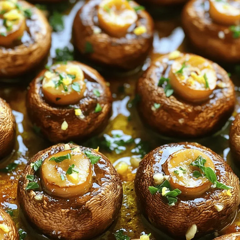 - 500g button mushrooms, cleaned - 4 tablespoons unsalted butter - 4 garlic cloves, minced - 2 tablespoons fresh parsley, finely chopped - 1 teaspoon fresh thyme leaves - Salt and pepper to taste - 1 tablespoon lemon juice - Zest of 1 lemon In this recipe, I focus on fresh, simple ingredients. The button mushrooms are the star here. Their mild flavor works well with garlic and butter. I love using unsalted butter to control the saltiness. Minced garlic adds a rich, aromatic taste. Fresh parsley and thyme give a pop of color and flavor. - Additional herbs (e.g., rosemary, oregano) - Parmesan cheese for sprinkling - Red pepper flakes for heat Feel free to get creative! You can add other herbs like rosemary or oregano for a twist. A sprinkle of Parmesan cheese adds a nice salty touch. If you like some heat, red pepper flakes can spice things up. Each of these options makes your garlic butter roasted mushrooms even more delightful. For the full recipe, check the section above! - Preheat the oven to 200°C (400°F) - Prepare garlic butter mixture Start by preheating your oven. This step ensures even cooking. While the oven heats, melt butter in a medium pan over low heat. Stir in the minced garlic and cook for 2-3 minutes. This will bring out the garlic's rich flavor. Be careful not to burn the garlic. Next, add thyme, salt, pepper, and lemon zest to the melted butter. Mix well to combine all the flavors. - Coat mushrooms with garlic butter - Arrange and roast mushrooms Now, place your cleaned button mushrooms in a large bowl. Pour the garlic butter over them. Toss gently to coat each mushroom well. This step is key. It ensures that every bite is packed with flavor. Spread the mushrooms on a baking sheet in a single layer. Make sure they are not crowded. This helps them roast evenly. Pop them into the preheated oven and roast for 15-20 minutes. Halfway through, stir the mushrooms for even browning. They should be tender and slightly brown when done. - Finish with lemon juice and parsley - Best serving suggestions Once they are done, take the mushrooms out of the oven. Drizzle fresh lemon juice over them. This adds brightness to the dish. Next, sprinkle chopped parsley on top for color and freshness. Serve them warm. They pair well with grilled meats or as a side for pasta dishes. If you want a bit more, add some Parmesan cheese on top. You can find the full recipe for these delicious garlic butter roasted mushrooms [Full Recipe]. To ensure even browning of mushrooms, use a large baking sheet. Spread the mushrooms out in a single layer. If they are too crowded, they will steam instead of roast. Stir the mushrooms halfway through cooking. This helps them brown nicely on all sides. To check for doneness, look for a tender texture. The mushrooms should be golden brown and juicy. You can poke one with a fork to see if it feels soft. If it's still firm, give them a few more minutes. For recommended herbs and spices, I suggest using fresh thyme or rosemary. These herbs add a lovely aroma. You can also sprinkle in some red pepper flakes for heat. This gives your dish a nice kick. Pairing flavors is key. Lemon juice brightens the rich garlic butter. Fresh parsley adds color and freshness. These flavors work well together and make each bite delightful. When serving, you can use platters or individual plates. Platters work well for family-style meals. Individual plates make it easy for guests to serve themselves. For garnishing ideas, sprinkle extra parsley on top. You can also add lemon slices for a pop of color. This makes your dish look stunning and inviting. {{image_2}} You can easily change this recipe to fit your diet. For a vegan option, swap the unsalted butter with olive oil. Use three tablespoons of oil for a rich flavor. This keeps the dish tasty and plant-based. If you're gluten-free, this recipe is perfect as is. All the ingredients are naturally gluten-free. Just double-check any additional herbs or toppings you use. Want to try something new? Make Asian-inspired garlic butter mushrooms. Use sesame oil instead of butter. Add soy sauce and a sprinkle of sesame seeds for a bold twist. This adds a nice umami flavor to the dish. For a Mediterranean flavor, add crumbled feta cheese after roasting. You can mix in olives or sun-dried tomatoes for extra depth. These flavors pair well with the garlic butter. You can cook garlic butter mushrooms in different ways. For a stovetop option, heat butter in a pan. Add minced garlic, then the mushrooms. Sauté until they are golden and tender. This method gives you a nice sear. Grilling is another fun way to prepare them. Brush the mushrooms with garlic butter, then place them on the grill. Cook for about five to seven minutes per side. Grilling adds a smoky flavor that is hard to resist. For the full recipe, check the Garlic Butter Roasted Mushrooms section. To keep your garlic butter roasted mushrooms fresh, place them in an airtight container. Store them in the refrigerator. They will last for up to three days. Make sure they cool down before sealing. You can also freeze the mushrooms. Just spread them on a baking sheet. Freeze them for about an hour. Then, transfer them to a freezer-safe bag. They will stay good for up to two months. When reheating, use a skillet over medium heat. Add a bit of butter to the pan. This keeps the mushrooms moist. Stir them often, so they warm evenly. If you use a microwave, do it in short bursts. Use a cover to trap steam but leave a small gap. This avoids sogginess. It’s best to reheat mushrooms in small batches. You can use leftover mushrooms in many dishes. Toss them into pastas for a quick meal. They add great flavor to omelets, too. You can also create a tasty topping for steaks. Just sauté the mushrooms again briefly with some fresh herbs. This adds a nice touch to your dinner. These ideas help minimize waste and keep meals exciting. Check out the Full Recipe for more ways to enjoy these mushrooms! To make garlic butter at home, mix simple ingredients. Use four parts butter to one part garlic. Start with softened unsalted butter. Then, add minced garlic. You can also add herbs like parsley or thyme. Blend these well. This mix enhances any dish. Yes, you can use different mushrooms. Try cremini or shiitake for more flavor. Portobello mushrooms work great too. They give a meaty texture. Always clean them well before cooking. Each type adds its own twist to the dish. Garlic butter roasted mushrooms pair well with many sides. Serve them with steak or grilled chicken for a hearty meal. They also go great with pasta or rice. Add a fresh salad for balance. These sides make your meal more complete and tasty. Garlic butter mushrooms are easy to make and taste great. You learned about key ingredients, step-by-step cooking, and storage tips. I also shared fun variations you can try. Remember, feel free to add your twist with herbs or cheeses. These mushrooms enhance any meal and are perfect for everyone. Enjoy roasting, serving, and sharing this delicious dish.