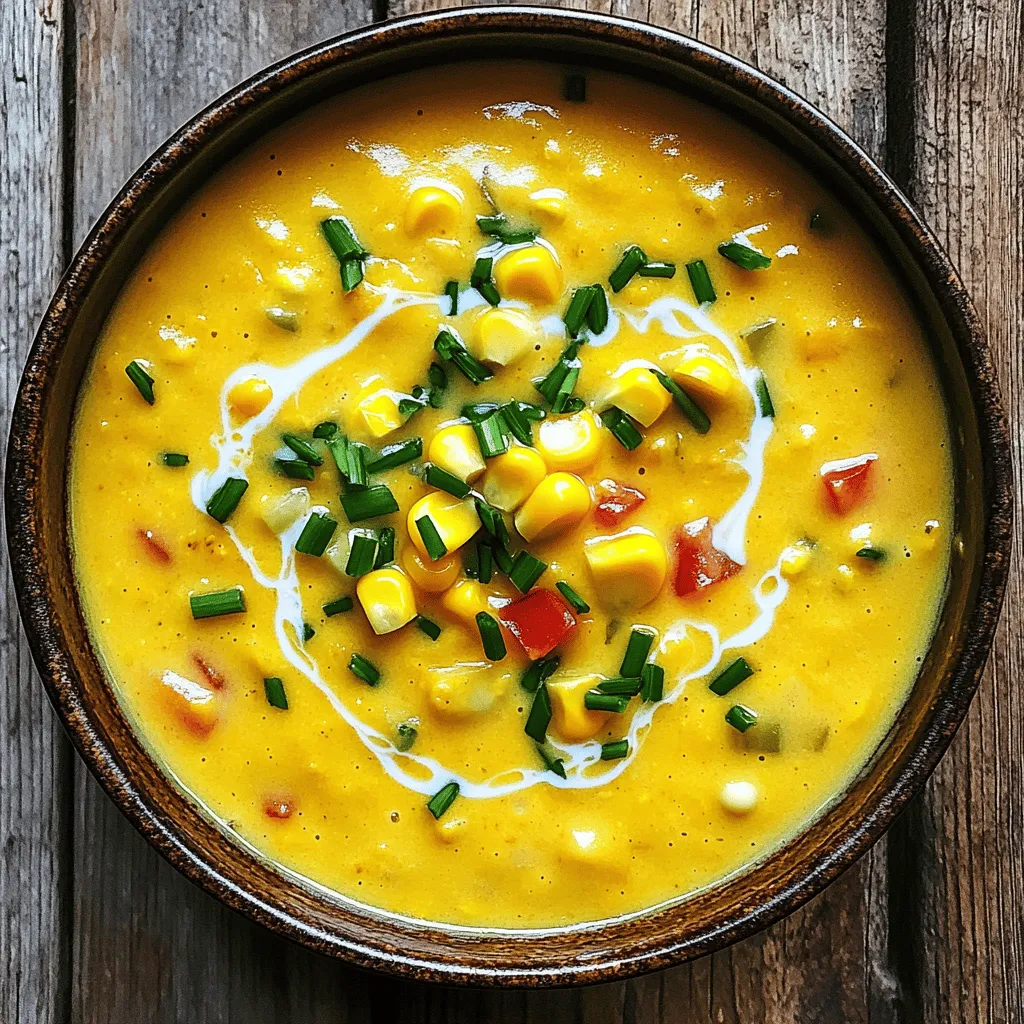 To make sweet corn chowder, you need key ingredients. Here’s what you will use: - 4 cups fresh sweet corn kernels (about 6 ears), plus extra for garnish - 1 medium onion, diced - 2 cloves garlic, minced - 2 medium potatoes, diced - 1 red bell pepper, diced - 4 cups vegetable broth - 1 cup coconut milk (for creaminess) - 2 tablespoons olive oil - 1 teaspoon smoked paprika - 1/2 teaspoon cayenne pepper (adjust to taste) - Salt and pepper to taste These ingredients form the base of your chowder. Each one adds flavor and texture. You can boost the flavor of your chowder with some optional ingredients. Consider adding: - Fresh herbs like thyme or parsley - A squeeze of lime juice for brightness - A dash of hot sauce for heat These extras can help you create a unique twist on the classic chowder. Garnishes make your dish look great and add more flavor. Here are some ideas: - Additional fresh corn kernels - Chopped chives - A drizzle of coconut milk - Croutons for crunch Garnishes not only enhance the look but also elevate the taste. Enjoy your savory sweet corn chowder! For the full recipe, check out the entire cooking guide. Start by gathering all your ingredients. You will need fresh sweet corn, onion, garlic, potatoes, red bell pepper, vegetable broth, coconut milk, olive oil, smoked paprika, cayenne pepper, salt, and pepper. 1. First, peel and dice the onion. Mince the garlic cloves. Dice the potatoes and red bell pepper. 2. Next, remove the kernels from the corn if you use fresh ears. Measure out four cups. This prep will make cooking smooth and easy. Heat the olive oil in a large pot over medium heat. Add the onions first. Sauté them for about five minutes. You want them to be soft and clear. Then, add the minced garlic and diced red bell pepper. Cook these for another two to three minutes. This will make your kitchen smell great! Next, toss in the diced potatoes and pour in the vegetable broth. Bring this mixture to a boil. Once it boils, lower the heat and let it simmer for about 10 to 15 minutes. The potatoes should be soft when done. After that, stir in the fresh sweet corn, smoked paprika, and cayenne pepper. Season everything with salt and pepper to your taste. Cook this for another five minutes. Now comes the fun part! Use an immersion blender to blend about half of the chowder. This will create a creamy texture while still keeping some corn for crunch. After blending, stir in the coconut milk. Taste and adjust the seasoning if needed. Let the chowder simmer for another five minutes. This will let the flavors mix well. Once done, remove the pot from heat and let it cool slightly before serving. Enjoy your creamy sweet corn chowder! For the full recipe, check the main article. Choosing the best corn is key to a tasty chowder. Look for ears with bright green husks. The silk should be moist, not dried out. Press the kernels; they should feel firm and plump. Fresh corn has a sweet smell. If you can, buy corn from local farmers. This can make your chowder taste better. A few mistakes can ruin your chowder. First, don’t overcook the corn. If you cook it too long, it loses flavor. Second, skip the salt until the end. Adding salt early can make the potatoes tough. Lastly, don't skip the blending step. Blending half the chowder gives it creaminess while keeping some corn whole for texture. You can boost flavor easily. Use smoked paprika for a nice depth. Add fresh herbs like thyme or basil for a pop of flavor. For creaminess, coconut milk works well, but you can also use heavy cream. If you like spice, sprinkle in cayenne pepper. Remember to taste as you cook. Adjust salt and pepper to your liking. For a fun twist, try adding lime juice before serving to brighten the dish. For the complete recipe, check out the Full Recipe. Enjoy making your chowder! {{image_2}} To make this chowder vegan, simply swap the coconut milk for another plant-based milk. Almond milk or cashew milk work great. For creaminess, use soaked cashews blended with water. They add a nice texture without dairy. You can also replace vegetable broth with a rich homemade veggie stock. This keeps the flavors strong and fresh. If you like heat, add more cayenne pepper or diced jalapeños. Mix in some fresh chili flakes for a kick. You can also try a dash of hot sauce while cooking. This adds depth and warmth. If you want a smoky flavor, add more smoked paprika. It pairs well with the sweet corn. Feel free to change up the veggies. Zucchini, carrots, or celery work well in chowder. You can also use frozen corn if fresh isn’t available. It saves time and still tastes great. Try different herbs like thyme or cilantro for added flavor. These small changes can make your chowder unique and delicious. For the complete preparation method, check out the Full Recipe. To keep your sweet corn chowder fresh, store it in an airtight container. Let the chowder cool to room temperature before sealing it. This helps prevent moisture buildup. Place the container in the fridge if you plan to eat it within three days. When you're ready to enjoy your chowder again, pour it into a pot. Heat over low to medium heat. Stir it often to prevent sticking. If the chowder seems too thick, add a splash of vegetable broth or coconut milk. Heat until it’s warm throughout, about 5-10 minutes. To freeze your sweet corn chowder, use a freezer-safe container. Leave some space at the top, as liquids expand when frozen. It can last in the freezer for up to three months. To thaw, move it to the fridge overnight or use the microwave. Reheat as mentioned above for the best flavor and texture. For the full recipe, refer back to the beginning of this article! You can store sweet corn chowder in the fridge for about 3 to 5 days. Make sure to keep it in an airtight container. This helps keep it fresh and tasty. If you notice any off smells or changes in color, it’s best to throw it away. Yes, you can make sweet corn chowder ahead of time. It actually tastes better the next day! The flavors blend well when it sits. Just store it in the fridge until you are ready to enjoy it. Reheat it on the stove or in the microwave before serving. Sweet corn chowder pairs well with many dishes. Here are some great options: - Crusty bread or rolls - A fresh green salad - Grilled cheese sandwiches - Roasted vegetables - Cornbread These sides enhance the chowder’s flavors and make for a hearty meal. For the full recipe, check out the detailed instructions above. This blog covers all you need for sweet corn chowder. We discussed key ingredients, cooking steps, and how to enhance flavor. I shared tips on corn selection and common mistakes. You also saw tasty variations and proper storage methods. Remember, chowder can be simple or fancy based on your taste. Don’t hesitate to try new flavors. Enjoy your cooking!